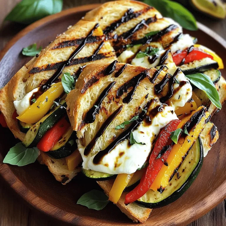 To make a Grilled Vegetable Panini with Balsamic Glaze, gather these ingredients: - 1 medium zucchini, sliced - 1 red bell pepper, sliced - 1 yellow bell pepper, sliced - 1 small eggplant, sliced - 1 cup fresh spinach - 1 cup mozzarella cheese, shredded - 4 slices of ciabatta bread or whole-grain bread - 4 tablespoons balsamic glaze - 2 tablespoons olive oil - Salt and pepper to taste Garnishes can make your panini even better. Consider these: - Fresh basil leaves - Extra balsamic glaze Choosing fresh vegetables is key for great flavor. Here are some tips: - Look for bright colors. This often means better taste. - Choose firm vegetables. They should feel solid, not soft. - Check for spots or blemishes. Avoid any damaged veggies. - Smell the vegetables. Fresh ones often have a sweet smell. Using fresh vegetables makes your panini vibrant and full of taste. For the full recipe, check the recipe section. First, gather all your ingredients. You need zucchini, bell peppers, eggplant, spinach, mozzarella, and ciabatta bread. Slice the zucchini, red bell pepper, yellow bell pepper, and eggplant. Toss them in a bowl with olive oil, salt, and pepper. This adds flavor. Preheat your grill pan or grill to medium-high heat. Now, place the veggies on the grill. Cook them for about 5-7 minutes on each side. You want them tender with nice grill marks. This step adds a smoky flavor to your panini. Once cooked, take them off the grill and set them aside to cool. Take two slices of your bread. Add a generous amount of mozzarella cheese on one side. Next, layer grilled vegetables on top of the cheese. Then, add a handful of fresh spinach. Drizzle one tablespoon of balsamic glaze over the veggies. Finally, place another slice of bread on top. Repeat this for the second panini. Place the assembled paninis on the grill pan. Cook them for 3-5 minutes on each side. You want the bread to be golden brown and the cheese to melt. Press down gently as they cook for even heat. Once cooked, remove the paninis from the grill. Let them cool for one minute. Then, slice them diagonally. Drizzle more balsamic glaze on top if you like. Optionally, add fresh basil leaves for garnish. Serve immediately for best taste. Enjoy your delicious creation! For the best panini, use a grill pan or a panini press. A grill pan gives nice char marks, while a press ensures even heat. Heat your pan or press to medium-high. This helps the bread get crisp and the cheese melt well. Grilling vegetables is easy with a few simple steps. Cut your veggies into even slices. This helps them cook at the same rate. Toss them in olive oil, salt, and pepper before grilling. Grill the veggies for about 5-7 minutes on each side. Look for soft textures and beautiful grill marks. This adds flavor and makes a great base for your panini. Mozzarella cheese is classic for a panini, but feel free to swap it! Try provolone for a sharper taste or feta for a tangy twist. You can also use dairy-free cheese for a vegan option. Just make sure it melts well. Each cheese will change the flavor, so experiment to find your favorite! For the full recipe, check out the details above. Enjoy creating your grilled vegetable panini with balsamic glaze! {{image_2}} You can enhance your grilled vegetable panini by adding protein. Grilled chicken or tofu works great. If you choose chicken, season it well and grill until fully cooked. Slice it thinly and layer it with the grilled veggies. Tofu can be marinated for extra flavor. Grill it until it’s golden and crispy. Adding protein makes your meal filling and adds delicious taste. To make this dish vegan, simply skip the cheese. You can use avocado or hummus for creaminess. They add flavor and make the panini rich. If you want a cheesy texture, try vegan cheese. It melts nicely and keeps the panini satisfying. You can also add more veggies like mushrooms or artichokes for extra taste and nutrition. The type of bread you use can change your panini experience. Ciabatta gives a nice crust and soft inside. Whole-grain bread adds a hearty flavor. You can even try sourdough for a tangy twist. If you want gluten-free, use gluten-free bread. Each option brings out different flavors and textures in your panini. Explore these choices to find your favorite combination. For the full recipe, be sure to check the section above. To keep your grilled vegetable panini fresh, wrap it tightly in foil or plastic wrap. This protects it from air and keeps it moist. You can store it in the fridge for up to three days. If you want to enjoy it later, you can also place it in an airtight container. This method keeps the flavors intact and prevents sogginess. When it's time to eat your leftover panini, reheating it properly is key. The best way is to use a skillet. Heat the skillet over medium heat and place the panini in it. Cook for about three minutes on each side. This method helps restore that crispy crust while melting the cheese perfectly. You can also use a toaster oven if you want a faster option. If you've made extra paninis, freezing them is a great choice. Wrap each panini tightly in foil, then place them in a freezer bag. This keeps them fresh for up to three months. When you're ready to eat, let them thaw in the fridge overnight. Reheat them in a skillet or toaster oven for the best results. Enjoy your grilled vegetable panini with balsamic glaze anytime! For the full recipe, check the details above. The best bread for a panini is sturdy and holds up well. Ciabatta and whole-grain bread are great choices. They have a nice crust that gets crispy when grilled. You want bread that can hold the filling without falling apart. Focus on breads with a chewy texture and good flavor. Yes, you can use a sandwich press for this recipe. A sandwich press cooks the panini evenly and makes it crispy. Just place the assembled panini in the press and cook until golden. This method is quick and easy, and it gives you that perfect crunch. To adjust the recipe, simply multiply the ingredients. For more paninis, use more vegetables and cheese. You can also use more bread slices. If you make four paninis, double the amounts in the ingredient list. Just keep in mind that cooking times may change slightly. A grilled vegetable panini pairs well with a fresh salad or soup. A side of mixed greens adds color and crunch. You can also serve it with a light tomato soup. This balance makes for a filling and tasty meal. Consider pairing it with some chips for extra texture. For the full recipe, check out the details above! You now know how to make a tasty grilled vegetable panini. We covered the key ingredients and optional garnishes. You learned step-by-step how to prepare, grill, and cook the panini. I shared tips for perfect vegetables and tasty cheese swaps. We also explored fun variations and how to store leftovers. Try these ideas to create your perfect panini. Enjoy every bite!
