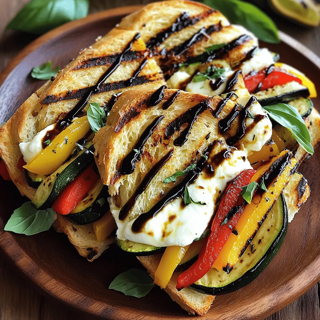 To make a Grilled Vegetable Panini with Balsamic Glaze, gather these ingredients: - 1 medium zucchini, sliced - 1 red bell pepper, sliced - 1 yellow bell pepper, sliced - 1 small eggplant, sliced - 1 cup fresh spinach - 1 cup mozzarella cheese, shredded - 4 slices of ciabatta bread or whole-grain bread - 4 tablespoons balsamic glaze - 2 tablespoons olive oil - Salt and pepper to taste Garnishes can make your panini even better. Consider these: - Fresh basil leaves - Extra balsamic glaze Choosing fresh vegetables is key for great flavor. Here are some tips: - Look for bright colors. This often means better taste. - Choose firm vegetables. They should feel solid, not soft. - Check for spots or blemishes. Avoid any damaged veggies. - Smell the vegetables. Fresh ones often have a sweet smell. Using fresh vegetables makes your panini vibrant and full of taste. For the full recipe, check the recipe section. First, gather all your ingredients. You need zucchini, bell peppers, eggplant, spinach, mozzarella, and ciabatta bread. Slice the zucchini, red bell pepper, yellow bell pepper, and eggplant. Toss them in a bowl with olive oil, salt, and pepper. This adds flavor. Preheat your grill pan or grill to medium-high heat. Now, place the veggies on the grill. Cook them for about 5-7 minutes on each side. You want them tender with nice grill marks. This step adds a smoky flavor to your panini. Once cooked, take them off the grill and set them aside to cool. Take two slices of your bread. Add a generous amount of mozzarella cheese on one side. Next, layer grilled vegetables on top of the cheese. Then, add a handful of fresh spinach. Drizzle one tablespoon of balsamic glaze over the veggies. Finally, place another slice of bread on top. Repeat this for the second panini. Place the assembled paninis on the grill pan. Cook them for 3-5 minutes on each side. You want the bread to be golden brown and the cheese to melt. Press down gently as they cook for even heat. Once cooked, remove the paninis from the grill. Let them cool for one minute. Then, slice them diagonally. Drizzle more balsamic glaze on top if you like. Optionally, add fresh basil leaves for garnish. Serve immediately for best taste. Enjoy your delicious creation! For the best panini, use a grill pan or a panini press. A grill pan gives nice char marks, while a press ensures even heat. Heat your pan or press to medium-high. This helps the bread get crisp and the cheese melt well. Grilling vegetables is easy with a few simple steps. Cut your veggies into even slices. This helps them cook at the same rate. Toss them in olive oil, salt, and pepper before grilling. Grill the veggies for about 5-7 minutes on each side. Look for soft textures and beautiful grill marks. This adds flavor and makes a great base for your panini. Mozzarella cheese is classic for a panini, but feel free to swap it! Try provolone for a sharper taste or feta for a tangy twist. You can also use dairy-free cheese for a vegan option. Just make sure it melts well. Each cheese will change the flavor, so experiment to find your favorite! For the full recipe, check out the details above. Enjoy creating your grilled vegetable panini with balsamic glaze! {{image_2}} You can enhance your grilled vegetable panini by adding protein. Grilled chicken or tofu works great. If you choose chicken, season it well and grill until fully cooked. Slice it thinly and layer it with the grilled veggies. Tofu can be marinated for extra flavor. Grill it until it’s golden and crispy. Adding protein makes your meal filling and adds delicious taste. To make this dish vegan, simply skip the cheese. You can use avocado or hummus for creaminess. They add flavor and make the panini rich. If you want a cheesy texture, try vegan cheese. It melts nicely and keeps the panini satisfying. You can also add more veggies like mushrooms or artichokes for extra taste and nutrition. The type of bread you use can change your panini experience. Ciabatta gives a nice crust and soft inside. Whole-grain bread adds a hearty flavor. You can even try sourdough for a tangy twist. If you want gluten-free, use gluten-free bread. Each option brings out different flavors and textures in your panini. Explore these choices to find your favorite combination. For the full recipe, be sure to check the section above. To keep your grilled vegetable panini fresh, wrap it tightly in foil or plastic wrap. This protects it from air and keeps it moist. You can store it in the fridge for up to three days. If you want to enjoy it later, you can also place it in an airtight container. This method keeps the flavors intact and prevents sogginess. When it's time to eat your leftover panini, reheating it properly is key. The best way is to use a skillet. Heat the skillet over medium heat and place the panini in it. Cook for about three minutes on each side. This method helps restore that crispy crust while melting the cheese perfectly. You can also use a toaster oven if you want a faster option. If you've made extra paninis, freezing them is a great choice. Wrap each panini tightly in foil, then place them in a freezer bag. This keeps them fresh for up to three months. When you're ready to eat, let them thaw in the fridge overnight. Reheat them in a skillet or toaster oven for the best results. Enjoy your grilled vegetable panini with balsamic glaze anytime! For the full recipe, check the details above. The best bread for a panini is sturdy and holds up well. Ciabatta and whole-grain bread are great choices. They have a nice crust that gets crispy when grilled. You want bread that can hold the filling without falling apart. Focus on breads with a chewy texture and good flavor. Yes, you can use a sandwich press for this recipe. A sandwich press cooks the panini evenly and makes it crispy. Just place the assembled panini in the press and cook until golden. This method is quick and easy, and it gives you that perfect crunch. To adjust the recipe, simply multiply the ingredients. For more paninis, use more vegetables and cheese. You can also use more bread slices. If you make four paninis, double the amounts in the ingredient list. Just keep in mind that cooking times may change slightly. A grilled vegetable panini pairs well with a fresh salad or soup. A side of mixed greens adds color and crunch. You can also serve it with a light tomato soup. This balance makes for a filling and tasty meal. Consider pairing it with some chips for extra texture. For the full recipe, check out the details above! You now know how to make a tasty grilled vegetable panini. We covered the key ingredients and optional garnishes. You learned step-by-step how to prepare, grill, and cook the panini. I shared tips for perfect vegetables and tasty cheese swaps. We also explored fun variations and how to store leftovers. Try these ideas to create your perfect panini. Enjoy every bite!
