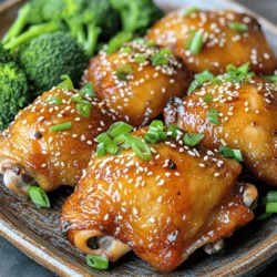 - 4 chicken thighs (bone-in, skin-on for crispiness) - 1/4 cup honey - 2 tablespoons soy sauce (low sodium) - 1 tablespoon sriracha sauce (adjust according to heat preference) - 3 cloves garlic, minced - 1 teaspoon ginger, grated - 1 tablespoon apple cider vinegar - 1 teaspoon sesame oil - Salt and pepper to taste The chicken thighs are the star of this dish. Their skin adds a great crunch. The marinade is where the magic happens. Honey gives a sweet touch, while sriracha brings the heat. Garlic and ginger add depth to the flavor. - Sesame seeds - Chopped green onions Garnishes make your dish pop! Sesame seeds add a nutty crunch. Chopped green onions bring freshness and color. These toppings complete your meal and make it look fancy. - Alternative sweeteners: Try maple syrup or agave nectar for a different sweetness. - Low-sodium soy sauce options: Coconut aminos can replace soy sauce for a gluten-free choice. You can adjust the recipe to fit your needs. Use what you have on hand. This flexibility makes the dish fun and easy to customize. Start by cleaning the chicken thighs. Rinse them under cold water and pat them dry with paper towels. This step helps to remove any unwanted residue. Next, season both sides with salt and pepper. This simple seasoning adds flavor and enhances the dish. In a medium bowl, combine the honey, soy sauce, and sriracha. This mix creates a perfect balance of sweet and spicy. Then, add minced garlic and grated ginger. These ingredients will give your chicken a fresh, vibrant taste. Whisk the marinade until it is smooth and well mixed. To marinate, place the chicken thighs in a large zip-top bag or bowl. Pour the marinade over the chicken, ensuring each piece is well coated. Seal the bag or cover the bowl tightly. For the best flavor, refrigerate for at least 30 minutes, or up to 2 hours. This time allows the chicken to absorb all those tasty flavors. Preheat your oven to 400°F (200°C). This step is crucial for even cooking. Once preheated, arrange the marinated chicken thighs skin-side up in a lined baking dish. Pour any leftover marinade over the top. Bake for 35-40 minutes. The chicken should reach an internal temperature of 165°F (75°C) and the skin should be crispy. For an even crispier skin, broil the chicken for the last 2-3 minutes. Keep an eye on it to avoid burning. After baking, let the chicken rest for 5 minutes before serving. This resting time helps keep the juices locked in. Finally, garnish with sesame seeds and chopped green onions for a beautiful finish. Enjoy your Sweet and Spicy Baked Chicken! For the complete recipe, check out the Full Recipe section. To get the best flavor from your sweet and spicy baked chicken, marinating is key. Here are some tips: - Use a strong marinade. The longer you marinate, the better the taste. Aim for at least 30 minutes, but two hours is even better. - Balance sweetness and spice. Use honey for sweetness and sriracha for heat. Adjust sriracha based on your heat preference. You want a nice zing without overpowering the sweetness. Crispy skin makes every bite special. Here’s how to get that perfect crunch: - Start with bone-in, skin-on chicken. This type stays juicy while the skin crisps nicely. - Bake at high heat. The 400°F (200°C) temperature helps render the fat, making the skin crispy. - Broil at the end. Broil the chicken for 2-3 minutes to enhance crispiness. Just be careful and watch it closely to avoid burning. Serving your dish well makes it even more enjoyable. Here are a few ideas: - Pair with sides. Steamed broccoli or jasmine rice work perfectly. They add color and balance the flavors. - Focus on presentation. Serve the chicken on a nice platter. Sprinkle sesame seeds and green onions on top for a pop of color. This makes the dish look as good as it tastes. For the full recipe, check out the detailed instructions above. {{image_2}} You can easily adjust the spice level of your sweet and spicy baked chicken. If you love heat, add more sriracha. If you prefer milder flavors, cut back on the spicy sauce. You can also switch up the sauces you use. Try teriyaki sauce for a sweeter taste or barbecue sauce for a smoky flavor. Each option brings a new twist to the dish, making it fun to explore. Grilling is a great way to cook this chicken. Preheat your grill to medium heat and cook the marinated chicken for about 20-25 minutes. Flip the chicken halfway through to ensure even cooking. You can also use a slow cooker for a hands-off approach. Cook the chicken on low for 4-6 hours. This will make it very tender and flavorful. If you need a gluten-free option, swap the soy sauce for tamari. This keeps the flavor while making it safe for gluten-sensitive diets. For low-carb diets, you can use a sugar substitute like erythritol instead of honey. Adjust the amount to taste. These small changes help you enjoy this dish while sticking to your dietary needs. To keep your sweet and spicy baked chicken fresh, follow these tips: - Let the chicken cool to room temperature. - Place it in an airtight container. - Refrigerate within two hours of cooking. - Consume leftovers within three to four days for best flavor. If you want to store your chicken for longer, freezing works great: - Wrap the chicken tightly in plastic wrap or foil. - Place it in a freezer-safe bag or container. - Label with the date and type of dish. - It can last up to three months in the freezer. When you’re ready to enjoy it again: - Thaw the chicken in the fridge overnight. - For faster thawing, use the microwave's defrost function. Reheating can make a big difference in taste and texture. Here’s how: - For a microwave: Place chicken on a microwave-safe plate. - Heat in short intervals, checking often to avoid overcooking. - For an oven: Preheat to 350°F (175°C). - Place chicken on a baking sheet, covered with foil to keep it moist. - Heat for about 15-20 minutes or until warmed throughout. This method helps maintain both texture and flavor. Enjoy your meal! Bake chicken thighs for 35 to 40 minutes at 400°F (200°C). This time ensures the chicken cooks through and the skin gets crispy. Always check to see if the chicken juices run clear. Yes, you can use chicken breasts. They cook faster, so bake for about 25 to 30 minutes. Make sure to check the internal temperature to avoid dry chicken. Many sides pair well with this dish. Here are some popular options: - Steamed broccoli - Jasmine rice - Roasted sweet potatoes - Simple green salad These sides balance the sweet and spicy flavors of the chicken. To check if your chicken is done, use a meat thermometer. The internal temperature should reach 165°F (75°C). This ensures it is safe to eat. If you don’t have a thermometer, cut into the thickest part of the chicken. The meat should be white with no pink. This post covered key steps to make sweet and spicy baked chicken. We discussed essential ingredients, marinating tips, and storage advice. Remember to adjust flavors to your taste and try different cooking methods if you like. Crispy skin can elevate your dish, so don’t skip the broiling step. Enjoy your cooking journey, explore variations, and make this dish your own. With practice, you’ll impress your friends and family. Enjoy this delicious meal that you made with care!
