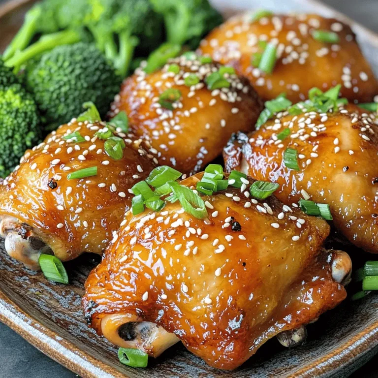 - 4 chicken thighs (bone-in, skin-on for crispiness) - 1/4 cup honey - 2 tablespoons soy sauce (low sodium) - 1 tablespoon sriracha sauce (adjust according to heat preference) - 3 cloves garlic, minced - 1 teaspoon ginger, grated - 1 tablespoon apple cider vinegar - 1 teaspoon sesame oil - Salt and pepper to taste The chicken thighs are the star of this dish. Their skin adds a great crunch. The marinade is where the magic happens. Honey gives a sweet touch, while sriracha brings the heat. Garlic and ginger add depth to the flavor. - Sesame seeds - Chopped green onions Garnishes make your dish pop! Sesame seeds add a nutty crunch. Chopped green onions bring freshness and color. These toppings complete your meal and make it look fancy. - Alternative sweeteners: Try maple syrup or agave nectar for a different sweetness. - Low-sodium soy sauce options: Coconut aminos can replace soy sauce for a gluten-free choice. You can adjust the recipe to fit your needs. Use what you have on hand. This flexibility makes the dish fun and easy to customize. Start by cleaning the chicken thighs. Rinse them under cold water and pat them dry with paper towels. This step helps to remove any unwanted residue. Next, season both sides with salt and pepper. This simple seasoning adds flavor and enhances the dish. In a medium bowl, combine the honey, soy sauce, and sriracha. This mix creates a perfect balance of sweet and spicy. Then, add minced garlic and grated ginger. These ingredients will give your chicken a fresh, vibrant taste. Whisk the marinade until it is smooth and well mixed. To marinate, place the chicken thighs in a large zip-top bag or bowl. Pour the marinade over the chicken, ensuring each piece is well coated. Seal the bag or cover the bowl tightly. For the best flavor, refrigerate for at least 30 minutes, or up to 2 hours. This time allows the chicken to absorb all those tasty flavors. Preheat your oven to 400°F (200°C). This step is crucial for even cooking. Once preheated, arrange the marinated chicken thighs skin-side up in a lined baking dish. Pour any leftover marinade over the top. Bake for 35-40 minutes. The chicken should reach an internal temperature of 165°F (75°C) and the skin should be crispy. For an even crispier skin, broil the chicken for the last 2-3 minutes. Keep an eye on it to avoid burning. After baking, let the chicken rest for 5 minutes before serving. This resting time helps keep the juices locked in. Finally, garnish with sesame seeds and chopped green onions for a beautiful finish. Enjoy your Sweet and Spicy Baked Chicken! For the complete recipe, check out the Full Recipe section. To get the best flavor from your sweet and spicy baked chicken, marinating is key. Here are some tips: - Use a strong marinade. The longer you marinate, the better the taste. Aim for at least 30 minutes, but two hours is even better. - Balance sweetness and spice. Use honey for sweetness and sriracha for heat. Adjust sriracha based on your heat preference. You want a nice zing without overpowering the sweetness. Crispy skin makes every bite special. Here’s how to get that perfect crunch: - Start with bone-in, skin-on chicken. This type stays juicy while the skin crisps nicely. - Bake at high heat. The 400°F (200°C) temperature helps render the fat, making the skin crispy. - Broil at the end. Broil the chicken for 2-3 minutes to enhance crispiness. Just be careful and watch it closely to avoid burning. Serving your dish well makes it even more enjoyable. Here are a few ideas: - Pair with sides. Steamed broccoli or jasmine rice work perfectly. They add color and balance the flavors. - Focus on presentation. Serve the chicken on a nice platter. Sprinkle sesame seeds and green onions on top for a pop of color. This makes the dish look as good as it tastes. For the full recipe, check out the detailed instructions above. {{image_2}} You can easily adjust the spice level of your sweet and spicy baked chicken. If you love heat, add more sriracha. If you prefer milder flavors, cut back on the spicy sauce. You can also switch up the sauces you use. Try teriyaki sauce for a sweeter taste or barbecue sauce for a smoky flavor. Each option brings a new twist to the dish, making it fun to explore. Grilling is a great way to cook this chicken. Preheat your grill to medium heat and cook the marinated chicken for about 20-25 minutes. Flip the chicken halfway through to ensure even cooking. You can also use a slow cooker for a hands-off approach. Cook the chicken on low for 4-6 hours. This will make it very tender and flavorful. If you need a gluten-free option, swap the soy sauce for tamari. This keeps the flavor while making it safe for gluten-sensitive diets. For low-carb diets, you can use a sugar substitute like erythritol instead of honey. Adjust the amount to taste. These small changes help you enjoy this dish while sticking to your dietary needs. To keep your sweet and spicy baked chicken fresh, follow these tips: - Let the chicken cool to room temperature. - Place it in an airtight container. - Refrigerate within two hours of cooking. - Consume leftovers within three to four days for best flavor. If you want to store your chicken for longer, freezing works great: - Wrap the chicken tightly in plastic wrap or foil. - Place it in a freezer-safe bag or container. - Label with the date and type of dish. - It can last up to three months in the freezer. When you’re ready to enjoy it again: - Thaw the chicken in the fridge overnight. - For faster thawing, use the microwave's defrost function. Reheating can make a big difference in taste and texture. Here’s how: - For a microwave: Place chicken on a microwave-safe plate. - Heat in short intervals, checking often to avoid overcooking. - For an oven: Preheat to 350°F (175°C). - Place chicken on a baking sheet, covered with foil to keep it moist. - Heat for about 15-20 minutes or until warmed throughout. This method helps maintain both texture and flavor. Enjoy your meal! Bake chicken thighs for 35 to 40 minutes at 400°F (200°C). This time ensures the chicken cooks through and the skin gets crispy. Always check to see if the chicken juices run clear. Yes, you can use chicken breasts. They cook faster, so bake for about 25 to 30 minutes. Make sure to check the internal temperature to avoid dry chicken. Many sides pair well with this dish. Here are some popular options: - Steamed broccoli - Jasmine rice - Roasted sweet potatoes - Simple green salad These sides balance the sweet and spicy flavors of the chicken. To check if your chicken is done, use a meat thermometer. The internal temperature should reach 165°F (75°C). This ensures it is safe to eat. If you don’t have a thermometer, cut into the thickest part of the chicken. The meat should be white with no pink. This post covered key steps to make sweet and spicy baked chicken. We discussed essential ingredients, marinating tips, and storage advice. Remember to adjust flavors to your taste and try different cooking methods if you like. Crispy skin can elevate your dish, so don’t skip the broiling step. Enjoy your cooking journey, explore variations, and make this dish your own. With practice, you’ll impress your friends and family. Enjoy this delicious meal that you made with care!