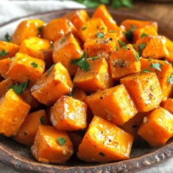 To make honey garlic roasted sweet potatoes, gather these main items: - 4 medium sweet potatoes - 3 tablespoons olive oil - 4 tablespoons honey - 4 cloves garlic These ingredients form the base of your dish. Sweet potatoes are sweet and creamy. Olive oil helps them roast nicely. Honey adds a touch of sweetness. Garlic gives a bold flavor. Next, you need some seasonings: - 1 teaspoon smoked paprika - Salt and pepper to taste - Fresh parsley for garnish Smoked paprika adds a warm, smoky taste. Salt and pepper enhance all the flavors. Fresh parsley brightens up the dish and adds color. If you want to mix it up, consider these optional items: - Other spices or herbs for variation - Lemon juice for added acidity Feel free to experiment with spices like cinnamon or cayenne. A splash of lemon juice can add a nice zing. These changes can make the dish your own. For the full recipe, check out [Full Recipe]. Start with the sweet potatoes. Peel them first to remove the skin. Then, cut the potatoes into 1-inch cubes. This size helps them cook evenly. Next, let's make the honey garlic marinade. In a large bowl, mix 3 tablespoons of olive oil, 4 tablespoons of honey, and 4 minced garlic cloves. Add 1 teaspoon of smoked paprika, salt, and pepper to taste. Whisk everything together until it's well blended. Now, preheat your oven to 400°F (200°C). This step is important for even cooking. While the oven heats, toss the sweet potato cubes in the honey garlic marinade. Make sure each piece gets coated well. This will give you those sweet and savory flavors you want. Spread the coated sweet potatoes on a baking sheet. Use parchment paper for easy cleanup. Make sure the potatoes are in a single layer. This way, they roast nicely. Roast them in the oven for 25–30 minutes. Remember to stir halfway through the cooking time. This helps them caramelize. They are done when they are tender and golden on the edges. Once they are out of the oven, let them cool for a few minutes. Transfer the sweet potatoes to a serving dish and garnish with fresh parsley. This adds a bright touch. For the full recipe, check the section above. To get sweet potatoes just right, aim for a tender inside with crispy edges. The key is to cut them into 1-inch cubes. This size helps them cook evenly. I recommend tossing them in the honey garlic mixture well. Make sure every piece is coated. When you roast, use a single layer on the baking sheet. This helps them caramelize nicely. Stir them halfway through roasting for even cooking. You can boost the taste with extra spices. Try adding a pinch of cinnamon for warmth, or some cayenne for heat. You can also use fresh herbs like thyme or rosemary. Always choose high-quality honey and olive oil. These ingredients make a big difference. They bring out the flavors of the sweet potatoes. Fresh garlic adds a nice kick too. For a beautiful dish, garnish with fresh parsley. It adds color and freshness. You can serve the sweet potatoes warm, drizzled with any leftover honey mixture. This extra touch enhances the look and taste. For a fun twist, pair them with roasted meats or a colorful salad. Serve on a bright plate for added appeal. Check out the Full Recipe for more details. {{image_2}} You can switch up the taste of your honey garlic roasted sweet potatoes. Try adding spices! A dash of cinnamon brings warmth. A pinch of cayenne adds heat. Both spices work well with the sweet flavor. You can also use different sweeteners if you like. Maple syrup is a great choice. It adds a rich, deep taste to the dish. If sweet potatoes are not your thing, use butternut squash instead. It has a similar texture and works well with the honey garlic sauce. If you want a vegan option for honey, try agave syrup. It has a similar sweetness and flavor profile. These roasted sweet potatoes pair well with proteins. Serve them alongside chicken or pork for a balanced meal. They also shine as a side dish for holiday meals. Their bright color and sweet flavor make any table pop. When you serve these, your guests will be impressed! For the full recipe, check back to create this delightful dish. To keep your honey garlic roasted sweet potatoes fresh, place them in an airtight container. Store the container in the refrigerator. They will stay good for about 3 to 5 days. If you notice any signs of spoilage, like an off smell, it is best to discard them. They are still tasty and nutritious within this time. You can reheat the sweet potatoes in two ways: the oven or the microwave. For the oven, preheat it to 350°F (175°C). Spread the sweet potatoes on a baking sheet. Heat them for about 10-15 minutes until warm. This method keeps them crisp. If you use the microwave, place them in a bowl. Heat in short bursts of 30 seconds, stirring in between. This method is quicker but may result in softer potatoes. To freeze roasted sweet potatoes, let them cool completely first. Spread them in a single layer on a baking sheet. Freeze them for about 1-2 hours until solid. Once frozen, transfer the sweet potatoes to a freezer bag. Remove as much air as you can. They can last up to 3 months in the freezer. To thaw, place them in the fridge overnight. Reheat them in the oven to restore their texture. Enjoy your sweet potatoes later with the same great flavor! To make honey garlic roasted sweet potatoes, start by preheating your oven to 400°F (200°C). Next, mix olive oil, honey, minced garlic, smoked paprika, salt, and pepper in a bowl. Then, add the sweet potato cubes and toss them in the honey garlic mixture. Spread the cubes on a baking sheet lined with parchment paper. Roast them for 25 to 30 minutes, stirring halfway through. They are done when they are tender and caramelized. For the full recipe, check out the above section. Yes, you can prep these sweet potatoes ahead of time. Peel and cut the sweet potatoes a day before. Keep them in water to avoid browning. Store the honey garlic mixture in a separate container. Combine them on the day you plan to roast. This makes it easy to enjoy a delicious meal without much hassle. These sweet potatoes pair well with many dishes. You can serve them with grilled chicken or pork. They also go great with a fresh salad for a light meal. For a vegetarian option, try them with quinoa or lentils. The sweet and savory flavors work well with diverse meals. Yes, this recipe is quite healthy. Sweet potatoes are rich in vitamins and fiber. They provide antioxidants that help your body. The honey adds sweetness but in moderation. Using olive oil offers healthy fats. Overall, this dish is a nutritious addition to any meal. This blog post covered making honey garlic roasted sweet potatoes in easy steps. You learned about the ingredients, from sweet potatoes to honey, and how to prepare them. I shared tips to enhance flavor and texture while roasting. You also discovered serving ideas and storage methods. Use these insights to create a delicious and healthy dish with confidence. With simple variations, you can make it your own. Enjoy your cooking adventure!