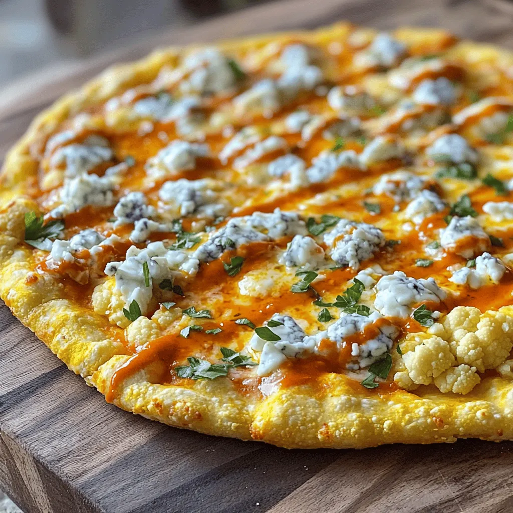 To make a tasty buffalo cauliflower pizza, you need these main ingredients: - 1 medium head of cauliflower, cut into florets - 1 cup all-purpose flour (or almond flour for a gluten-free option) - 1 teaspoon garlic powder - 1 teaspoon onion powder - 1 teaspoon smoked paprika - 1/2 teaspoon salt - 1/2 teaspoon black pepper - 1/2 cup water - 1/2 cup buffalo sauce (plus extra for drizzling) - 1 cup shredded mozzarella cheese - 1/2 cup crumbled blue cheese (optional) - Fresh parsley, chopped (for garnish) These ingredients will combine to create a delicious and satisfying pizza. The cauliflower serves as a great base, while the spices give it a punch of flavor. If you want a gluten-free pizza, swap the all-purpose flour with almond flour. This simple change keeps the pizza tasty and safe for those who avoid gluten. You can also use chickpea flour for a different flavor. Just ensure that your buffalo sauce is gluten-free, as some brands add gluten. To make your buffalo cauliflower pizza even better, try these toppings: - Sliced green onions - Diced tomatoes - Jalapeños for a spicy kick - Extra mozzarella or cheddar cheese - A drizzle of ranch or blue cheese dressing Garnish with fresh parsley for a pop of color. These toppings add flavor and make the pizza look amazing. Enjoy experimenting with different combinations! Start by preheating your oven to 450°F (230°C). Line a baking sheet with parchment paper. Take your medium head of cauliflower and cut it into florets. Next, pulse the florets in a food processor until they look like rice. This step is key for a great crust. Now, steam the processed cauliflower for about 5-7 minutes. It should be tender but not mushy. Let it cool down completely. Once cool, place the cauliflower in a clean kitchen towel. Wring it out to remove excess water. This helps your crust stay firm. In a large bowl, mix the dried cauliflower with flour, garlic powder, onion powder, smoked paprika, salt, and black pepper. Gradually add water until the mixture forms a dough. This dough should hold together without being too wet. Spread the cauliflower mix onto the baking sheet. Shape it into a round pizza crust about 1/2 inch thick. This is your base for a delicious pizza. Place the crust in the preheated oven and bake for 15-20 minutes. Keep an eye on it. You want it to turn golden brown and firm to the touch. Once it’s ready, take it out and brush the top with buffalo sauce. Now, sprinkle a cup of shredded mozzarella cheese over the crust. If you enjoy blue cheese, crumble half a cup on top as well. This adds a nice flavor. Return the pizza to the oven for another 5-10 minutes. You’ll know it's done when the cheese melts and bubbles. The smell will be amazing! Once the pizza is out, drizzle more buffalo sauce on top. This adds extra kick! Finally, chop some fresh parsley and sprinkle it on for garnish. Slice your pizza into pieces and serve it warm. You can also offer a small bowl of ranch or blue cheese dressing for dipping. Enjoy your tasty creation! To get the best cauliflower crust, start with fresh cauliflower. Use a medium head and cut it into small florets. This helps it break down evenly in the food processor. Pulse the florets until they look like rice. Next, steam them for about 5-7 minutes. This step softens the cauliflower and makes it easier to mix. After steaming, let it cool before you squeeze out the water. Removing moisture is key to a crust that holds together. Mix the dried cauliflower with flour and spices until you form a dough. Spread it evenly on your baking sheet for a nice, round shape. Bake it until golden brown for a crunchy base. If you have leftover pizza, store it in an airtight container. Place parchment paper between slices to prevent sticking. This way, each slice stays fresh and easy to grab. You can keep it in the fridge for up to three days. For longer storage, consider freezing the cooked pizza. Wrap it tightly in plastic wrap or foil. It can last for up to a month in the freezer. When you're ready to eat, just thaw it overnight in the fridge. Then, reheat in the oven for the best taste and texture. One mistake is not drying the cauliflower well enough. This can lead to a soggy crust. Another common error is shaping the crust too thick. A thickness of about half an inch works best. Make sure to preheat your oven properly; this helps the crust crisp up. Also, don't skip the buffalo sauce on the crust before adding cheese. This adds great flavor to every bite. Lastly, avoid overloading the toppings. Too many can make the pizza heavy and hard to eat. By keeping these tips in mind, you can enjoy a perfect Buffalo Cauliflower Pizza every time. {{image_2}} Want to add more heat? You can spice up your Buffalo cauliflower pizza. Try adding sliced jalapeños or a sprinkle of red pepper flakes. Mix extra buffalo sauce with the cheese before baking. This twist gives a nice kick and makes every bite exciting. This pizza is great for vegetarians and vegans. To make it vegan, swap the cheese for dairy-free cheese. You can also use cashew cream or hummus as a base. Both options keep the pizza creamy without dairy. Add veggies like spinach, mushrooms, or bell peppers for extra flavor. Cheese makes this pizza yummy. You can use different types of cheese to change the taste. Try sharp cheddar for a bold flavor. If you love blue cheese, sprinkle it on top. For a milder taste, use mozzarella or a blend of cheeses. Mix it up and find your favorite! For more ideas and the full recipe, check out the detailed instructions above. To keep your buffalo cauliflower pizza fresh, let it cool first. Once cool, wrap the pizza tightly in plastic wrap or foil. Place it in an airtight container. This way, it stays fresh for up to three days in the fridge. If you have slices, you can stack them with parchment paper in between to avoid sticking. Want to save some for later? You can freeze your buffalo cauliflower pizza! After cooling, slice the pizza. Wrap each slice in plastic wrap, then put them in a freezer bag. This helps keep out air and prevents freezer burn. Your pizza will last up to three months in the freezer. When you’re ready to eat, just thaw in the fridge overnight. To enjoy your buffalo cauliflower pizza again, reheat it in the oven. Preheat your oven to 350°F (175°C). Place the pizza on a baking sheet and heat for about 10-15 minutes. This keeps the crust crispy and the cheese melty. If you prefer, you can also use a microwave, but the crust may get soft. To make it crispy, try a skillet on the stove for a few minutes instead. For extra flavor, drizzle more buffalo sauce on top before serving. For the full recipe, check out the complete instructions. Yes, you can use frozen cauliflower. Just thaw it first. Drain any extra water. This will help keep your crust from getting soggy. Remember to pulse it in a food processor until it looks like rice. Then steam it for about 5-7 minutes. This step helps keep the texture right. To make this pizza keto-friendly, swap the all-purpose flour for almond flour. Almond flour has fewer carbs. You can also skip the blue cheese if you want to reduce carbs further. Focus on adding low-carb toppings, like extra veggies or meats. This way, you keep the pizza tasty without the carbs. If you don’t have buffalo sauce, you can use hot sauce mixed with melted butter. This gives a similar taste. Other options include barbecue sauce for a sweet twist or a homemade spicy sauce. Just make sure your substitute has a good flavor kick. You can adjust the heat level to fit your taste. For the full recipe, check out the complete details above! Buffalo cauliflower pizza offers a tasty twist to your favorite dish. We explored the key ingredients, gluten-free swaps, and tasty toppings. The step-by-step guide helps you prep the crust and bake it just right. We shared tips to achieve the perfect crust and avoid common mistakes. Variations like spicy twists and vegan options add fun. Storing and reheating tips ensure great flavor for leftovers. This pizza is fun, healthy, and easy to make. Enjoy experimenting with your own creations in the kitchen!