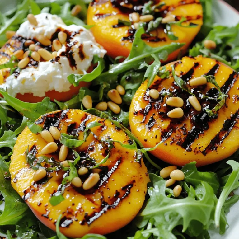 To make a tasty Grilled Peach Burrata Salad, you need fresh and simple ingredients. Here’s the list: - 2 ripe peaches, halved and pitted - 1 tablespoon olive oil - Salt and pepper to taste - 4 cups arugula or mixed greens - 8 oz burrata cheese, torn into pieces - 1/4 cup chopped fresh basil - 1/4 cup balsamic reduction - 1/4 cup toasted pine nuts or walnuts These ingredients create a perfect mix of sweet, creamy, and crunchy flavors. The ripe peaches bring summer vibes to your table. The burrata cheese adds a rich creaminess that pairs well with the greens. Fresh basil gives a bright touch, while the balsamic reduction adds tang and sweetness. Nuts provide a delightful crunch that rounds out the dish. Each bite is a celebration of flavor! If you want to see how to put this all together, check out the Full Recipe. - Preheat grill to medium-high heat. - Halve and pit the ripe peaches. - Brush cut sides with olive oil, then sprinkle salt and pepper. - Place peaches cut-side down on the grill. - Grill for about 3-4 minutes until grill marks appear. - Remove peaches and let them cool for a few minutes. - Grab a large serving bowl and arrange the greens. - Slice the grilled peaches into wedges. - Layer the peach wedges over the greens. - Tear burrata cheese into pieces and place it on top. - Sprinkle chopped basil over the salad. - Drizzle balsamic reduction for sweetness. - Scatter toasted pine nuts or walnuts for crunch. This simple method makes the Grilled Peach Burrata Salad a breeze. You can find the full recipe in the article. Enjoy every bite! Grilling peaches is easy and fun. First, pick ripe peaches. This ensures they are sweet and juicy. Halve and pit the peaches before grilling. Brush the cut sides with olive oil. This helps them grill better. Set your grill to medium-high heat. This is about 400-450°F (204-232°C). Place the peaches cut-side down on the grill. Grill for about 3-4 minutes. You want nice grill marks and slight softness. Avoid overcooking, as they can turn mushy. This salad pairs well with a variety of foods. Try serving it with grilled chicken or fish. The creamy burrata complements these flavors nicely. You can also add crusty bread for a more filling meal. For a beautiful presentation, use a large, shallow bowl. Start with a base of greens. Layer the grilled peaches and burrata on top. Sprinkle fresh basil and nuts for color and crunch. Drizzle balsamic reduction for a touch of sweetness. This makes your dish look and taste amazing. For more ideas, check out the Full Recipe for Grilled Peach Burrata Salad. {{image_2}} You can swap burrata cheese with other options. Try fresh mozzarella or goat cheese. Both give a creamy texture that complements the salad. If you want a dairy-free option, use cashew cheese or almond-based spreads. For greens, arugula is great, but you can use spinach or mixed baby greens. Each green brings a unique flavor. For nuts, substitute pine nuts or walnuts with almonds or pecans. Roasted or raw, they add a nice crunch. To boost flavors, add fruits like strawberries or figs. These fruits provide a sweet contrast to the savory cheese. You can also mix in herbs like mint or dill for extra freshness. Using flavored oils can elevate the dish. Try garlic-infused olive oil or chili oil for a kick. You can also drizzle with a fruity balsamic vinaigrette. This adds a twist to the classic balsamic reduction. For the full recipe, check the section above. To keep your grilled peach burrata salad fresh, follow these tips: - Cool the salad: Allow it to reach room temperature first. - Use airtight containers: Store leftovers in glass or plastic containers with tight lids. - Layer wisely: Keep the greens separate from the peaches and cheese to avoid sogginess. - Refrigerate promptly: Aim to store within two hours to keep it safe. This method helps maintain the salad's vibrant flavors and textures for up to three days. You might want to reheat the grilled peaches if they have been stored. Here’s how: - Only reheat peaches: Remove the burrata and greens before reheating. - Use a skillet: Heat a non-stick skillet over low heat. Add the peaches for about two minutes until warm. - Refresh flavors: Drizzle a bit of olive oil or balsamic reduction on top after reheating. This keeps the salad tasty and enjoyable! If you need the full recipe, check it out above. Can I make the salad ahead of time? Yes, you can prepare parts of the salad ahead. Grill the peaches and store them in the fridge. Keep the greens, burrata, and nuts separate. Assemble the salad just before serving for the best taste. What can I substitute for balsamic reduction? You can use regular balsamic vinegar for a tangy flavor. Honey or maple syrup works well, too. This will add sweetness without the thick texture of a reduction. How can I make this recipe vegan-friendly? To make this salad vegan, swap burrata with a plant-based cheese. You can use cashew cheese or tofu. Ensure your balsamic reduction is vegan, as some may contain animal products. Are peaches the only fruit I can use? No, you can use other fruits like nectarines, plums, or even grilled pineapple. Each fruit brings a unique taste, so feel free to experiment! How to tell if peaches are ripe for grilling? Choose peaches that are slightly soft when you squeeze them. They should have a sweet smell and a vibrant color. Avoid peaches that feel too firm or have blemishes. What dishes pair well with Grilled Peach Burrata Salad? This salad pairs nicely with grilled chicken or fish. It also goes well with crusty bread and a light white wine. For a complete meal, serve it with a pasta dish or a charcuterie board. This blog post showed you how to make a Grilled Peach Burrata Salad. We discussed the ingredients, steps to prepare, and tips for grilling. You can experiment with different greens and nuts, too. Storage tips help keep your salad fresh. This dish is perfect for gatherings or a light meal. Enjoy this salad and share it with friends! Let the flavors of grilled peaches and creamy burrata elevate your meals.