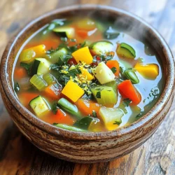 - 2 tablespoons olive oil - 1 medium onion, diced - 3 cloves garlic, minced - 2 carrots, sliced - 2 stalks celery, chopped - 1 zucchini, diced - 1 bell pepper (any color), diced - 1 cup green beans, trimmed and cut into 1-inch pieces - 1 can (14 oz) diced tomatoes (with juices) - 2 cups fresh spinach or kale, chopped - 6 cups vegetable broth - 1 teaspoon dried basil - 1 teaspoon dried thyme - Salt and pepper to taste - Juice of 1 lemon (optional) In this recipe for classic vegetable soup, I focus on fresh, simple ingredients. The olive oil gives a nice base. Diced onion and minced garlic bring great flavor. Sliced carrots and chopped celery add texture and sweetness. Next, I include diced zucchini and bell pepper. These vegetables add color and variety. Trimmed green beans and diced tomatoes bring a lovely depth. Finally, I add fresh spinach or kale for a healthy boost. For seasoning, I rely on vegetable broth, dried basil, and dried thyme. Salt and pepper are essential for taste. If you want extra brightness, a squeeze of lemon juice works wonders. This Full Recipe is perfect for anyone looking to create a hearty soup that warms the soul. 1. In a large pot, heat 2 tablespoons of olive oil over medium heat. 2. Add 1 medium diced onion and sauté for 4-5 minutes until soft. 3. Add 3 cloves of minced garlic and sauté for 1 minute until you smell it. 4. Now, stir in 2 sliced carrots and 2 chopped celery stalks. Cook these for 5 minutes. 1. Next, add 1 diced zucchini, 1 diced bell pepper, and 1 cup of trimmed green beans. Sauté for 3-4 minutes, stirring often. 2. Pour in 1 can of diced tomatoes with their juices and 6 cups of vegetable broth. 3. Add 1 teaspoon of dried basil, 1 teaspoon of dried thyme, and salt and pepper to taste. Bring this mix to a boil. 1. Once boiling, reduce the heat to a simmer. Cover the pot and cook for about 20-25 minutes until the vegetables are tender. 2. Stir in 2 cups of chopped fresh spinach or kale and cook for 3-5 minutes until wilted. 3. If you want, add juice from 1 lemon and adjust the seasoning with salt and pepper. You now have a warm and hearty soup ready to enjoy! For the full recipe, check the earlier section. To boost the taste of your vegetable soup, consider adding herbs and spices. Fresh herbs like parsley, dill, or cilantro can add a bright flavor. If you want a warm, earthy taste, try adding bay leaves or rosemary. When it comes to broth, homemade always wins. It packs more flavor than store-bought. However, if you use store-bought, choose low-sodium options. This helps control the salt level in your soup. Sautéing your vegetables right is key. Start with a hot pan to get a nice sear. Use olive oil for a rich flavor. Always stir often to prevent sticking. To avoid overcooking, keep an eye on your veggies. They should be tender but not mushy. This keeps their shape and nutrients. Taste as you go to get the perfect doneness. Garnishing can elevate your soup. Fresh herbs like basil or parsley add color and taste. A sprinkle of grated cheese, like Parmesan, can add creaminess. Pair your soup with crusty bread or crunchy crackers. This adds texture and makes for a filling meal. You can dip the bread or enjoy the crackers on the side. {{image_2}} You can mix and match vegetables in your soup. I love to use seasonal options. In spring, try fresh peas and asparagus. In fall, add butternut squash or sweet potatoes. Seasonal veggies give your soup unique flavors. You can also use frozen vegetables. They are handy and often just as tasty. Frozen veggies save time and last longer. This soup can fit many diets. It is vegan and gluten-free as it stands. You can make it hearty by adding protein. Beans or lentils work well. Just stir them in during the last few minutes of cooking. This change boosts protein and fiber, making it more filling. Want to spice things up? Add red pepper flakes for heat. You can also switch up the broth. Use a mushroom or tomato base for different flavors. Each choice can change the soup's taste. Experiment with your favorites to find the perfect mix. For the full recipe, check back to create your own delightful version! To keep your soup fresh, use airtight containers. Glass containers work best because they don’t stain or retain smells. You can also use plastic containers, but make sure they're BPA-free. Store your soup in the fridge for up to five days. Make sure to let it cool before sealing it up. This helps keep the flavors locked in. You can freeze this soup for later. Use freezer-safe bags or containers to save space. Leave some room in the container for expansion as the soup freezes. To reheat, thaw the soup overnight in the fridge. If you need it fast, run the bag under cold water. When reheating, do it on low heat. This helps keep the veggies from getting mushy. To save time, prepare the soup in advance. You can make a big batch on the weekend. This soup is great for busy weeks ahead. Just store it in the fridge or freezer. When ready to eat, reheat on the stove over low heat. Stir often to ensure it warms evenly. If it seems thick, add a splash of broth or water to bring back the flavor. For the full recipe, check the [Full Recipe]. Can I use fresh herbs instead of dried? Yes, you can use fresh herbs. They add a bright flavor. Use three times more fresh herbs than dried. For example, if a recipe calls for one teaspoon of dried basil, use three teaspoons of fresh basil. How do I make it thicker if desired? To thicken your soup, you have a few options. You can add more vegetables and cook them longer. Another way is to blend part of the soup. Use an immersion blender or regular blender. This will give you a creamy texture without adding cream. Health benefits of the ingredients This soup has many health benefits. The vegetables provide vitamins and minerals. Carrots are great for your eyes. Spinach offers iron, and tomatoes are full of antioxidants. This dish is low in calories and high in fiber. Caloric content per serving Each serving has about 150 calories. This can vary based on added ingredients. It is a filling option without adding too many calories. Great for a light lunch or dinner! How to adjust the recipe for fewer people You can easily cut the recipe in half. Use half the amount of each ingredient. This will help you make a smaller batch without wasting food. Scaling up for larger gatherings If you want to serve more people, double the recipe. Make sure to use a larger pot. It’s simple to make a big batch for parties or family meals. Just keep an eye on cooking time as it may need a bit longer. Classic vegetable soup brings together fresh ingredients and simple steps. We start with a base of olive oil, onion, and garlic. Then we add vibrant veggies and rich seasonings. Tips include enhancing flavor and perfect cooking techniques. Variations allow for creativity and dietary needs. Remember, this soup is not only tasty but also healthy. Enjoy it now or store it for later. Embrace the joy of cooking. Dive into this delicious recipe and make it your own.