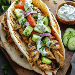 - 1 lb boneless, skinless chicken thighs - 3 tablespoons olive oil - 2 teaspoons dried oregano - 1 teaspoon garlic powder - 1 teaspoon onion powder - ½ teaspoon paprika - Salt and pepper to taste - 4 pita breads - 1 cup Greek yogurt To make easy chicken gyros, you need simple yet flavorful ingredients. Start with 1 pound of boneless, skinless chicken thighs. I find thighs give the best taste and stay juicy. Use 3 tablespoons of olive oil to help with flavor and cooking. Add 2 teaspoons of dried oregano for that classic Greek touch. For more flavor, include 1 teaspoon of garlic powder, 1 teaspoon of onion powder, and ½ teaspoon of paprika. These spices bring warmth and depth to your dish. Don't forget to season with salt and pepper to taste. You will need 4 pita breads to hold all the tasty fillings. Lastly, grab 1 cup of Greek yogurt. This will be the base for a creamy sauce that adds freshness to your gyros. For the full recipe, you can check out the detailed steps. To start, gather your marinade ingredients. In a medium bowl, mix: - 3 tablespoons olive oil - 2 teaspoons dried oregano - 1 teaspoon garlic powder - 1 teaspoon onion powder - ½ teaspoon paprika - Salt and pepper to taste Now, add 1 lb of boneless, skinless chicken thighs. Make sure every piece is coated well. Once coated, cover the bowl and refrigerate it. Let it sit for at least 30 minutes. If you have time, marinate for up to 2 hours. This step adds great flavor. Next, you need to cook the chicken. Preheat your grill or grill pan over medium-high heat. When it's hot, take the chicken from the fridge. Grill the chicken thighs for about 6-7 minutes on each side. You want the internal temperature to reach 165°F (75°C). This ensures the chicken is safe to eat. After cooking, remove the chicken from the grill. Let it rest for about 5 minutes. This helps keep the chicken juicy. Then, slice it into strips. Now comes the fun part—putting it all together! First, make the tzatziki sauce. In a small bowl, mix: - 1 cup Greek yogurt - 1 tablespoon lemon juice - Salt and pepper to taste Stir well until it’s smooth. This sauce adds a refreshing taste. Grab your warm pita bread. Place a few strips of grilled chicken on it. Next, add your favorite toppings: - Diced cucumber - Diced tomato - Thinly sliced red onion Drizzle the tzatziki sauce over the top. If you like, add fresh parsley for a pop of color. Finally, roll up the pita to enclose the filling. Enjoy your Easy Chicken Gyros! For the full recipe, check the details above. The right marinating time is key. I suggest at least 30 minutes. For deeper flavor, aim for 2 hours. You can also try a quick method. Simply coat the chicken in the marinade and cook it right away. It still tastes good! Grilling chicken thighs gives the best taste. Preheat your grill to medium-high. Place the chicken on the grill and don’t touch it for a few minutes. This helps get nice grill marks. Grill each side for about 6 to 7 minutes. Always check that the inside reaches 165°F (75°C) for safety. To make your gyro easy to eat, use warm pita bread. Load it with chicken first, then add veggies. Roll it up tightly. For plating, serve the gyros on a wooden board. Add extra tzatziki on the side for dipping. Garnish with cucumber slices and parsley for a fresh look. Check the Full Recipe for more details! {{image_2}} You can switch chicken thighs for chicken breast. Chicken breast is leaner and cooks faster. This keeps your meal light but still tasty. If you want a vegetarian option, consider grilled veggies or falafel. Grilled veggies add great flavor and color. Falafel gives a nice crunch and protein punch. Both options work well in pita bread. You can spice up your gyros for extra heat. Try adding crushed red pepper or cayenne to your marinade. This will give your chicken a warm kick. For a Western twist, consider adding barbecue sauce or ranch dressing. These sauces can change the flavor profile of your gyros. They make a fun twist for kids or picky eaters. Feel free to customize your toppings. You can use different vegetables like bell peppers, lettuce, or olives. Each adds a unique taste and texture to your dish. Try unique sauces like tahini or sriracha mayo for a different flair. These sauces can change the way your gyros taste. Experimenting with toppings makes your meal fun and exciting. For the full recipe, follow the link provided. To keep your chicken gyros fresh, store leftovers in an airtight container. This helps prevent moisture loss and keeps flavors intact. Make sure the gyros cool down before sealing them. You can store them in the fridge for up to three days. If you want to save gyros for later, freezing is a great choice. Wrap each gyro tightly in plastic wrap. Then, place them in a freezer bag. This keeps them safe from freezer burn. You can freeze gyros for up to three months. To reheat, unwrap and place them in the oven at 350°F (175°C) for about 15 minutes. This will keep them warm and tasty. I love meal prepping for busy days. You can marinate the chicken a day ahead and keep it in the fridge. Cook the chicken when you're ready. Chop the veggies in advance, too. This makes assembly super quick. When it's time to eat, just load the pita with chicken and toppings. Enjoy your meal in no time! For the full recipe, check out the Easy Chicken Gyros section. To make Easy Chicken Gyros, follow these steps: 1. Marinate the Chicken: Mix olive oil, oregano, garlic powder, onion powder, paprika, salt, and pepper in a bowl. Coat the chicken thighs in this marinade. Let them sit for at least 30 minutes. 2. Grill the Chicken: Heat your grill to medium-high. Grill the chicken for about 6-7 minutes on each side. Check that the internal temperature reaches 165°F. 3. Slice the Chicken: After grilling, let the chicken rest for 5 minutes. Slice it into strips. 4. Make Tzatziki Sauce: Mix Greek yogurt, lemon juice, salt, and pepper in a bowl. 5. Assemble the Gyros: Place chicken strips on warm pita bread. Add diced cucumber, tomato, and onion. Drizzle with tzatziki sauce. 6. Serve: Roll up the pita and enjoy your meal! These steps create a quick and tasty meal for the family. For the full recipe, check the previous sections. Yes, you can use different meats for gyros. - Pork: Traditional in some regions, pork is juicy and flavorful. - Lamb: A classic choice, lamb adds rich taste. - Chicken Breast: A leaner option, chicken breast can work well too. You can also try beef or even turkey. Each meat brings its own flavor and texture, so feel free to experiment! Chicken gyros pair well with many sides. Here are some ideas: - Greek Salad: Fresh veggies and feta cheese make a great side. - French Fries: Crisp fries add a nice crunch. - Rice Pilaf: Fluffy rice adds a filling touch. - Grilled Vegetables: Zucchini and bell peppers are tasty options. These sides can enhance your meal and keep it balanced. Making homemade tzatziki sauce is simple. Here’s how: 1. Ingredients: - 1 cup Greek yogurt - 1 tablespoon lemon juice - 1 cucumber, finely diced - Salt and pepper to taste 2. Instructions: - In a bowl, mix Greek yogurt and lemon juice. - Add the diced cucumber. - Season with salt and pepper. Stir well. This sauce adds a refreshing taste to your gyros! In this article, we explored making easy chicken gyros. You learned about the key ingredients, marinating, and grilling the chicken. We also discussed tips for assembly and variations to customize your gyros. Remember, using fresh ingredients and trying different toppings can elevate your dish. Enjoy your cooking adventures! Let your creativity shine as you prepare this tasty meal. Happy eating!