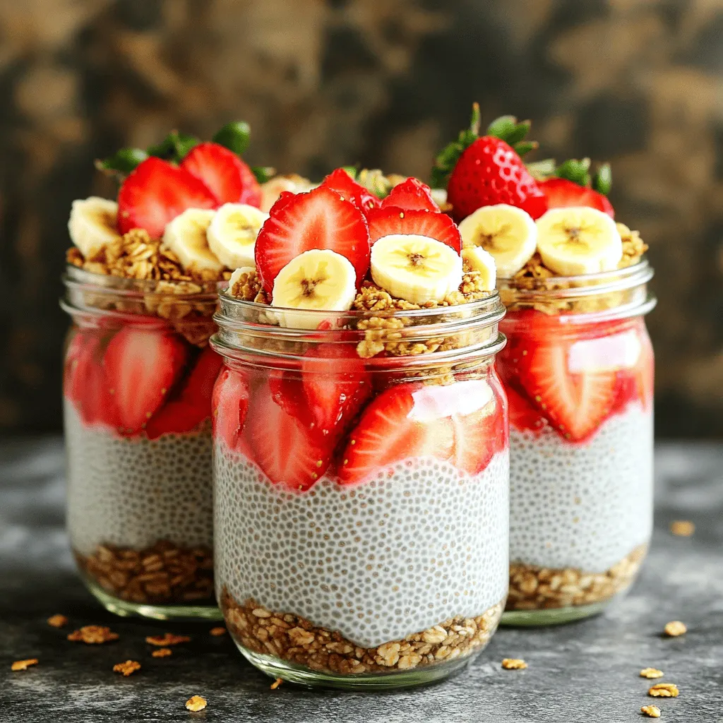 - 1 cup almond milk (or any milk of choice) - 1/4 cup chia seeds - 1 ripe banana, mashed - 1 cup fresh strawberries, diced - 2 tablespoons maple syrup or honey - 1 teaspoon vanilla extract - Pinch of salt Chia pudding relies on a few simple ingredients. Each one plays a key role in the recipe. First, you need almond milk or any other milk. It gives the pudding a creamy base. Chia seeds are vital because they absorb the liquid and create a thick texture. The ripe banana adds natural sweetness and a smooth feel. Fresh strawberries bring bright flavor and color. I like using maple syrup or honey to enhance sweetness. Vanilla extract adds depth, while a pinch of salt balances flavors. - Sliced strawberries - Banana slices - Sprinkle of granola Toppings can elevate your chia pudding. I love adding fresh sliced strawberries for extra fruitiness. Banana slices add more flavor and texture. A sprinkle of granola gives a nice crunch. These toppings make the dish even more delightful and visually appealing. To make this delightful strawberry banana chia pudding, follow these easy steps. 1. In a medium bowl, whisk together: - 1 cup almond milk (or any milk of choice) - 1 ripe banana, mashed - 2 tablespoons maple syrup or honey - 1 teaspoon vanilla extract - A pinch of salt Mix until the ingredients are well combined. 2. Gradually add: - 1/4 cup chia seeds Whisk continuously to prevent clumping. 3. Cover the bowl and refrigerate for at least 4 hours or overnight. This helps the chia seeds absorb the liquid and thicken the pudding. 1. Before serving, stir the pudding well to break up any clumps of chia seeds. 2. Fold in: - 1 cup fresh strawberries, diced Save a few strawberries for garnish. 3. Spoon the chia pudding into bowls or jars. Top with extra: - Sliced strawberries - Banana slices - A sprinkle of granola Serve it in clear glasses to show off the beautiful layers. You can find the full recipe for more details. Enjoy your tasty treat! To make the best chia pudding, follow these tips: - Mix chia seeds well to avoid clumps. - Let the pudding chill overnight for the best thickness. Mixing the chia seeds evenly is key. If you don’t mix well, you might find clumps. No one likes a lumpy pudding! Stir slowly as you add the seeds. This way, they will spread out nicely in the liquid. Chilling overnight is crucial. It lets the seeds soak up the milk. The longer they sit, the thicker and creamier your pudding will be. You can make this the night before for a quick breakfast! For a pretty presentation, use clear glasses or jars. - Layer diced strawberries at the bottom to create a colorful base. When you serve, clear containers let everyone see those vibrant layers. It makes your dessert look fancy! Layer some diced strawberries at the bottom. This not only adds color but also a burst of flavor with each spoonful. This pudding is not just tasty; it’s also a feast for the eyes! Enjoy these tips to make your Strawberry Banana Chia Pudding even more delightful. For the complete recipe, check out the [Full Recipe]. {{image_2}} You can switch up the fruit in your chia pudding. If you want a berry twist, try blueberries or raspberries instead of strawberries. They add a nice burst of flavor and color. You can also add diced mango or peaches for a tropical vibe. Each fruit brings its own sweetness and taste. Experimenting with fruit keeps the recipe fresh and fun. If you want to make this pudding vegan, simply use maple syrup instead of honey. Maple syrup gives the pudding a rich flavor while keeping it plant-based. For a creamier texture, swap out almond milk for full-fat coconut milk. This change makes your pudding extra rich and satisfying. Enjoy these easy swaps to fit your diet! To keep your strawberry banana chia pudding fresh, store it in airtight containers. This method keeps it safe and tasty for up to 5 days. Place the containers in the fridge right after serving. You can enjoy it later without losing flavor or texture. If you want to save some for later, you can freeze this pudding. Pour it into individual servings and seal them well. You can freeze it for up to 1 month. When you're ready to eat, thaw it in the fridge overnight. This way, you have a quick and healthy snack anytime! Chia pudding is a creamy, nutritious dish made from chia seeds and liquid. Chia seeds swell when soaked, creating a thick, pudding-like texture. They are full of fiber, protein, and healthy fats. This makes chia pudding a great choice for breakfast or snacks. You get energy that lasts. Plus, it’s simple to make and customize. For the best results, you need at least 4 hours to chill the pudding. Chilling overnight is even better. This gives the chia seeds time to absorb the liquid fully. They will expand and create that perfect pudding texture. Plan ahead, so you have a tasty treat ready in the morning. Yes, you can use other seeds like flax or hemp seeds. However, they will change the texture and flavor a bit. Flax seeds can make your pudding thicker, while hemp seeds add a nutty taste. If you try them, play with the amounts to find what you like. You can add spices like cinnamon or nutmeg for extra warmth. A dash of cocoa powder gives a chocolatey twist. You might also try a splash of almond or coconut extract. Fresh herbs like mint can brighten the flavor. Mix and match to find your favorite combination! Absolutely! Chia pudding is perfect for meal prep. You can make several servings at once and store them in the fridge. It keeps well for up to 5 days. This means you can enjoy a quick, healthy breakfast or snack all week. Just grab a jar and go! For the full recipe, check the section above. You learned how to make chia pudding with simple steps and delicious flavors. We covered essential ingredients, preparation tips, and ways to personalize your pudding. Remember, let it chill overnight for the best results. You can enjoy this healthy dish with different fruits and toppings. Your options are endless! This recipe is perfect for quick meals or snacks. Enjoy making your chia pudding, and share it with others to spread the joy of healthy eating!