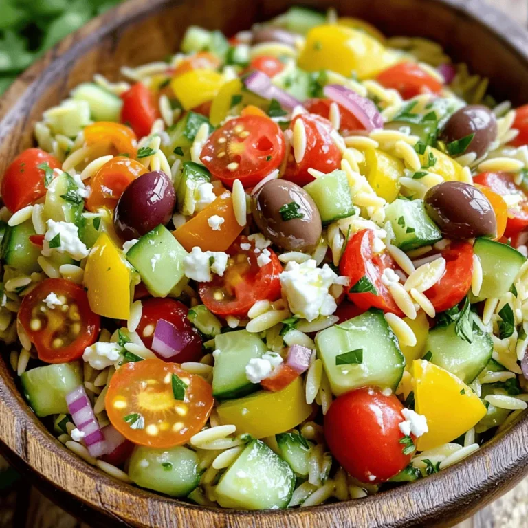 This Greek Orzo Salad is bright and fresh. It combines pasta, veggies, and olives. You can make it in just 30 minutes. This dish serves four people. You can enjoy it as a side or a main course. Here’s what you need for the salad: - 1 cup orzo pasta - 1 cup cherry tomatoes, halved - 1 cucumber, diced - 1 bell pepper (red or yellow), diced - 1/4 red onion, finely chopped - 1/2 cup Kalamata olives, pitted and halved - 1/4 cup feta cheese, crumbled - 1/4 cup fresh parsley, chopped - 3 tablespoons olive oil - 2 tablespoons lemon juice - 1 teaspoon dried oregano - Salt and pepper to taste Using fresh ingredients makes a big difference. Fresh vegetables bring color and crunch. They also add great taste. Dried herbs, like oregano, pack flavor. They help balance the fresh notes. The mix of both gives your salad depth. You can use fresh lemon juice for the best taste. It brightens the whole dish. Always choose quality ingredients for the best results. For the full recipe, check the details above. First, we need to cook the orzo pasta. I fill a large pot with water and bring it to a boil. Once boiling, I add a pinch of salt to the water. Then, I add one cup of orzo pasta. I let it cook according to the package instructions until it's al dente. This usually takes about 8 to 10 minutes. After it's done, I drain the pasta in a colander. To stop the cooking, I rinse the orzo under cold water. This keeps it firm and prevents it from getting mushy. Next, I grab a large mixing bowl. In this bowl, I combine the cooked orzo, one cup of halved cherry tomatoes, one diced cucumber, and one diced bell pepper. I also add one finely chopped red onion and half a cup of Kalamata olives, pitted and halved. Finally, I sprinkle in a quarter cup of crumbled feta cheese. Gently, I mix all these ingredients together until they are evenly distributed. This mixture looks colorful and fresh. Now, it’s time to make the dressing. In a small bowl, I add three tablespoons of olive oil. Then, I squeeze in two tablespoons of fresh lemon juice. I also add one teaspoon of dried oregano, along with salt and pepper to taste. Using a whisk, I blend the dressing until it is smooth and well combined. Once ready, I pour the dressing over the orzo salad. I toss everything gently to coat all the ingredients evenly. Adding a quarter cup of chopped fresh parsley gives it a nice touch. I let the salad sit for about 10-15 minutes. This helps the flavors meld together nicely. For the full recipe, check out the details. To get the best orzo, cook it just right. Always follow the package instructions. I like to taste it a minute before the time is up. It should be firm but not hard. After cooking, drain the pasta. Rinse it under cold water. This stops cooking and keeps it from sticking. To make your Greek orzo salad pop, add fresh herbs. I love to use parsley and dill for a bright taste. You can also try mint for a refreshing twist. A splash of red wine vinegar gives a nice zing too. If you want more depth, add a pinch of smoked paprika or a dash of hot sauce for heat. Presentation can make your dish shine. Serve the salad in a big bowl with a sprinkle of feta on top. You can also layer the ingredients in a clear dish to show off the colors. Use fresh herbs as a garnish. A lemon wedge on the side adds a nice touch. This makes the salad look fresh and inviting. For the full recipe, check the Mediterranean Orzo Bliss Salad section above. {{image_2}} You can change the classic Greek orzo salad by using different ingredients. Try adding sun-dried tomatoes for a sweet flavor. You can also use arugula instead of parsley for a peppery kick. If you want more crunch, toss in some radishes or celery. For a sweeter taste, diced mango or apples work well, too. Experimenting with ingredients can make this salad fun and exciting. Adding protein makes Greek orzo salad more filling. Grilled chicken or shrimp pairs perfectly. You can also use chickpeas for a plant-based option. Cubed feta cheese adds a creamy texture, while diced ham or salami gives a savory touch. Choose your favorite protein to fit your taste or dietary needs. This salad is versatile for any meal. Serve it as a side dish at a barbecue or picnic. For a main dish, add grilled meat and serve it warm. You can also pack it for lunch in a jar. Greek orzo salad works well for potlucks or family gatherings. Just make sure to let it chill for a bit before serving. You can find the full recipe to guide you through making it just right. To keep Greek Orzo Salad fresh, store it in an airtight container. Make sure it is completely cool before sealing. This helps prevent moisture buildup, which can make the salad soggy. Place the container in the fridge right after serving. This keeps the flavors bright and crisp. Greek Orzo Salad will last for about 3 to 5 days in the fridge. Always check for signs of spoilage, like changes in smell or color. If the salad starts to look or smell off, it's best to throw it away. Trust your senses; they are your best guide. I do not recommend freezing Greek Orzo Salad. The texture of the vegetables and orzo changes when frozen. If you must freeze it, separate the salad from the dressing. Use a freezer-safe container and label it with the date. When you want to eat it, thaw it in the fridge overnight. Re-mix the dressing before serving to restore the flavors. For best taste, enjoy within a month. Check the Full Recipe for more details on making this dish! If you don’t have orzo pasta, you can use other small pasta types. Try ditalini, couscous, or even quinoa for a different texture. Each option adds a unique taste to the dish. Traditional orzo is not gluten-free, as it is made from wheat. However, you can find gluten-free orzo made from rice or corn. This makes it easy to enjoy the salad without gluten. Yes, you can make Greek Orzo Salad ahead of time. It tastes even better when the flavors blend. Just store it in the fridge, and enjoy it cold. For the best taste, eat it within two days. You can find the full recipe [here](#). This blog post covered everything you need to make a great Greek Orzo Salad. We explored the essential ingredients, learned step-by-step instructions, and shared tips for perfect texture and flavor. You can even try fun variations and know how to store your salad. In the end, Greek Orzo Salad is versatile and easy to make. Enjoy every bite, whether it’s for lunch or a party!