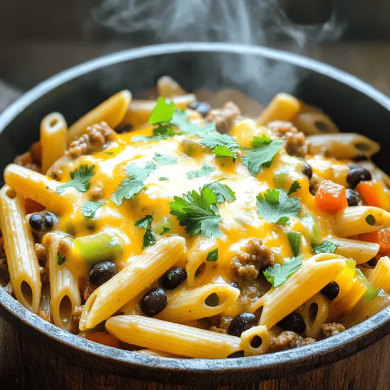 For the best One Pot Taco Pasta, gather these simple ingredients: - 12 oz penne pasta (or pasta of choice) - 1 lb ground beef or turkey - 1 packet taco seasoning (or homemade mix) - 1 can (15 oz) black beans, rinsed and drained - 1 can (14.5 oz) diced tomatoes with green chilies - 2 cups chicken or vegetable broth - 1 cup frozen corn - 1 bell pepper, diced (any color) - 1 medium onion, diced - 2 cloves garlic, minced - 1 cup shredded cheddar cheese - 2 tablespoons olive oil - Salt and pepper to taste - Fresh cilantro, chopped (for garnish) If you lack some items, don't worry! Here are easy swaps: - Use any pasta shape you like, such as rotini or macaroni. - Swap ground beef or turkey for ground chicken or plant-based meat. - You can replace black beans with pinto beans or chickpeas. - Try fresh tomatoes instead of canned, if you prefer. - Use vegetable broth if you want a vegetarian dish. - For a cheese alternative, use dairy-free shredded cheese. Toppings make your dish shine! Here are my favorites: - Sliced jalapeños for heat - Avocado slices for creaminess - Sour cream for a cool touch - Chopped green onions for freshness - Extra shredded cheese for melty goodness - Lime wedges for a bright kick These ingredients and swaps help you customize your One Pot Taco Pasta. Cooking is about your taste, so feel free to explore! For the full recipe, check the complete instructions above. Making One Pot Taco Pasta is quick and fun. You start by cooking the meat and veggies together. Then, you add the pasta and other ingredients. Finally, everything cooks in one pot. It’s easy, and clean-up is a breeze! 1. Heat the Olive Oil: In a large pot, heat 2 tablespoons of olive oil over medium heat. 2. Sauté the Veggies: Add 1 medium diced onion and 1 diced bell pepper. Cook for about 3-4 minutes until they’re soft. 3. Add Garlic: Stir in 2 minced garlic cloves for 1 minute. Be careful not to burn the garlic. 4. Cook the Meat: Add 1 pound of ground beef or turkey. Break it up with a spatula. Cook for 5-7 minutes until it’s brown. 5. Season the Meat: Sprinkle 1 packet of taco seasoning over the meat. Mix it well. 6. Combine Ingredients: Pour in 1 can of diced tomatoes, 1 can of black beans, 1 cup of frozen corn, and 2 cups of broth. Stir everything together. 7. Add the Pasta: Add 12 ounces of uncooked penne pasta. Make sure it’s underwater in the liquid. Bring the pot to a boil. 8. Simmer: Once boiling, lower the heat. Cover the pot and simmer for 12-15 minutes. Stir often until the pasta is al dente. 9. Add Cheese: Remove the pot from heat. Stir in 1 cup of shredded cheddar cheese until it melts. 10. Taste and Serve: Season with salt and pepper. Serve hot and top with fresh cilantro. - Use Enough Liquid: Make sure there is enough broth for the pasta to cook well. - Don’t Overcook the Pasta: Keep an eye on the time and stir to avoid sticking. - Test for Doneness: Taste the pasta a minute before the cooking time ends. It should be firm but not hard. For the full recipe, check the detailed steps above. Enjoy the process and the tasty results! When making One Pot Taco Pasta, avoid these common mistakes: - Not cooking the meat fully: Always cook your meat until it turns brown. This adds rich flavor. - Skipping the seasoning: Don't forget to add taco seasoning. It brings all the flavors together. - Overcooking pasta: Stir the pasta often. Check it at the 12-minute mark to keep it al dente. To boost the taste of your One Pot Taco Pasta, try these tips: - Use homemade taco seasoning: This gives a fresher, bolder flavor compared to store-bought options. - Add lime juice: Squeeze fresh lime juice just before serving. It brightens the dish. - Mix in fresh herbs: Cilantro or green onions add freshness and a pop of color. Here are the tools that make cooking easier: - Large pot or Dutch oven: This helps cook everything evenly and holds all the ingredients. - Wooden spoon or spatula: Use this to mix ingredients without scratching your pot. - Measuring cups and spoons: Accurate measurements keep the flavors balanced. These tips will help you create a delicious One Pot Taco Pasta every time. For the full recipe, check out the details above. Enjoy your cooking! {{image_2}} You can easily switch this dish to a vegetarian or vegan option. For a vegetarian taco pasta, replace the meat with extra black beans or lentils. This change adds protein and keeps it hearty. Use vegetable broth instead of chicken broth to keep it vegan. For a vegan cheese option, try nutritional yeast or a plant-based cheese. These swaps will give you a tasty meal without meat. If you need a gluten-free dish, use gluten-free pasta. Many brands offer great options that taste good. Make sure to check the taco seasoning for gluten. Some store-bought mixes can include gluten. You can also make your own seasoning with cumin, chili powder, garlic powder, and paprika. This way, you control the ingredients and flavors. You can choose different proteins for your taco pasta. Ground turkey or chicken works well if you want leaner meat. For a richer flavor, try ground beef. You can also use plant-based crumbles if you prefer a meatless meal. Each option can change the taste, so feel free to mix and match. Storing your One Pot Taco Pasta is easy. First, let it cool down. Then, place it in an airtight container. This keeps the pasta fresh. You can store it in the fridge for up to three days. Make sure to label the container with the date. This helps you keep track of freshness. To reheat your pasta, use a microwave or a stove. If you use a microwave, place a serving in a bowl. Heat it for 1-2 minutes. Stir halfway through to ensure even heating. If you prefer the stove, add the pasta to a pot. Add a splash of broth or water to prevent sticking. Heat over low heat for about 5 minutes. Stir often until warm. You can also freeze One Pot Taco Pasta. After it cools, transfer it to a freezer-safe container. Leave some space at the top. The pasta will expand as it freezes. This dish can last up to three months in the freezer. When you're ready to eat, thaw it in the fridge overnight. Then, reheat using the methods above. Enjoy your meal anytime! For the full recipe, check out the earlier section. To add heat to One Pot Taco Pasta, you can use spicy taco seasoning. You can also add sliced jalapeños or a dash of hot sauce. Fresh chopped chili peppers are another great choice. Adjust the amount based on your heat preference. For a smoky flavor, try adding chipotle powder. It’s fun to experiment with flavors! Yes, you can use any pasta you like! While I prefer penne, rotini or fusilli work well too. Short shapes hold sauce better. If you want a lighter dish, try whole wheat or gluten-free pasta. Just remember to adjust cooking times as needed. Always check the pasta package for guidance on cooking. One Pot Taco Pasta takes about 30 minutes total. You'll spend about 15 minutes prepping and the same for cooking. This makes it perfect for busy nights. Just keep an eye on the pasta as it cooks. Stir occasionally to prevent sticking. Enjoy this quick and tasty meal! You've learned how to make a tasty One Pot Taco Pasta. We covered the important ingredients, cooking steps, and helpful tips. I shared ideas for variations, including vegetarian and gluten-free options. You now know how to store and reheat leftovers too. Remember, cooking should be fun and easy. Experiment with flavors to make the dish your own. Enjoy your meal!