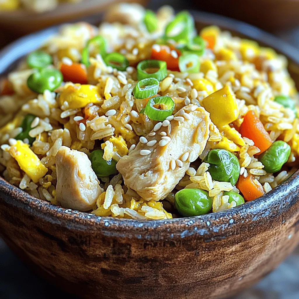 - 2 cups cooked jasmine rice (preferably day-old) - 1 cup chicken breast, diced - 1 cup mixed vegetables (carrots, peas, and corn) - 3 green onions, sliced - 2 eggs, lightly beaten - 3 tablespoons soy sauce (low sodium) - 1 tablespoon sesame oil - 1 tablespoon vegetable oil - 1 teaspoon garlic powder - 1 teaspoon ginger powder - Salt and pepper to taste Using day-old rice is key. Fresh rice can be too moist. It will clump together. Day-old rice is drier and breaks apart nicely. This makes for a better texture. You can vary the vegetables based on what you like. Try bell peppers, broccoli, or snap peas. Each adds a unique taste and color. A large non-stick skillet or a wok works best. These help cook the rice evenly. A non-stick surface prevents sticking. This ensures easy mixing and cleanup. To start, you need to cook the chicken. Heat a large non-stick skillet or wok over medium-high heat. Add vegetable oil and let it warm up. Once hot, toss in the diced chicken breast. Season the chicken with salt, pepper, garlic powder, and ginger powder. Cook the chicken for about 5 to 7 minutes. You want it golden brown and cooked through. When done, remove the chicken from the skillet and set it aside. This step adds flavor to your fried rice. Next, it's time for the vegetables. In the same skillet, add your mixed vegetables. These can be carrots, peas, and corn. Cook them for about 3 to 4 minutes. You want them tender but still crisp. To keep them crisp, avoid overcooking. Stir occasionally, but don’t let them sit too long. This step adds color and nutrition to your dish. Now we mix everything together. Push the cooked vegetables to one side of the skillet. Pour the beaten eggs on the other side. Scramble the eggs until fully cooked. Then, mix the eggs with the vegetables. Next, add the cooked jasmine rice to the skillet. Follow this with the cooked chicken. Pour in the soy sauce and sesame oil. Mix everything thoroughly, cooking for another 2 to 3 minutes. This ensures all the flavors blend well. Finally, toss in the sliced green onions and stir again. You can adjust the seasoning with salt and pepper. Serve hot and enjoy your savory chicken fried rice! For more details, check out the Full Recipe. To make the best chicken fried rice, use cold rice. Cold rice works better than warm rice. It keeps the grains separate and firm. This prevents mushy fried rice. Day-old rice is ideal since it dries out a bit in the fridge. If you don't have day-old rice, spread freshly cooked rice on a tray. Let it cool for 30 minutes. This helps remove some moisture. One big mistake is overcrowding the pan. When you add too many ingredients, the heat drops. This leads to steaming instead of frying. Steamed rice does not have that nice, crispy texture. Cook in batches if needed. This keeps everything hot and helps achieve that golden color on your chicken and veggies. Serving matters. A great presentation makes any dish more appealing. Serve chicken fried rice in bowls. Top each bowl with green onions and sesame seeds. This adds color and texture. You can also drizzle some soy sauce on top. For a fun touch, add a lime wedge on the side. This adds a splash of freshness to every bite. Enjoy your delicious and beautiful dish! {{image_2}} You can easily make chicken fried rice vegetarian. Swap chicken for tofu or tempeh. Use firm tofu for the best texture. Press it to remove excess water, then cube it. Sauté the tofu until golden brown. Follow the same cooking steps in the recipe. You can also try using chickpeas or edamame for added protein. Want to add more flavor? Try different sauces and spices. A splash of oyster sauce adds umami. You can also use chili paste for heat. For a touch of sweetness, add a bit of hoisin sauce. Consider sprinkling sesame seeds or chopped cilantro on top for a fresh taste. Keep experimenting to find your favorite mix! Not a fan of jasmine rice? You can use different grains. Brown rice adds a nutty flavor and more fiber. Quinoa is a great gluten-free option, too. Just remember to cook them before adding to the pan. Cauliflower rice is another healthy choice. It’s low-carb and cooks quickly. Choose what you like best for a tasty meal! Homemade chicken fried rice lasts about 3 to 4 days in the fridge. Make sure to cool it down before putting it in the fridge. Store it in a tight container to keep it fresh. Always check for any off smells or changes in color before eating. To freeze chicken fried rice, first cool it completely. Then, place it in a freezer-safe container or a zip-top bag. Remove as much air as possible to prevent freezer burn. It can last up to 3 months in the freezer. To reheat, thaw it in the fridge overnight. Then, warm it on the stove or in the microwave until hot. I recommend using glass or BPA-free plastic containers. These keep the flavors in and prevent spills. If you use bags, make sure they are heavy-duty and designed for freezing. Label your containers or bags with the date to keep track of how long they have been stored. For chicken fried rice, I like using jasmine rice. It has a nice, fluffy texture. Day-old rice is best because it is drier. This helps it fry better. You can also use basmati rice. It has a lovely aroma and flavor. Yes, using leftover chicken is great! It saves time and adds flavor. Just chop it into small pieces. You can use any cooked chicken, like rotisserie chicken. This makes your meal quick and easy. If you want to skip soy sauce, try using coconut aminos. It’s a tasty, soy-free option. You can also use teriyaki sauce or fish sauce. For a lighter flavor, add lemon juice. These options keep your dish flavorful. Yes, homemade chicken fried rice is usually healthier. You control the ingredients. You can choose fresh veggies and lean chicken. This means less salt and fat. You can also add more nutrients. Making it at home is a tasty way to eat better. This blog post covered the essential ingredients, steps, and tips for making chicken fried rice. We discussed using day-old rice, cooking techniques, and equipment needed for the best results. I shared ways to adapt the recipe, such as vegetarian options and flavor boosters. In closing, homemade chicken fried rice not only tastes better than takeout, but you also control the ingredients. With these tips and steps, you can make a quick meal that everyone will enjoy. Enjoy your cooking and make it your own!