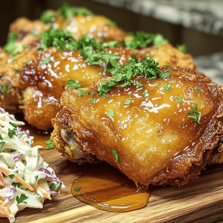 To make hot honey fried chicken, you need these main ingredients: - 4 chicken thighs (bone-in, skin-on) - 1 cup buttermilk - 1 tablespoon hot sauce (adjust to taste) - 1 cup all-purpose flour - 1 teaspoon garlic powder - 1 teaspoon onion powder - 1 teaspoon smoked paprika - ½ teaspoon cayenne pepper (optional, for extra heat) - Salt and pepper to taste - Vegetable oil for frying - ¼ cup honey - 1-2 teaspoons red pepper flakes (to taste) These ingredients will create a juicy chicken with a spicy-sweet glaze. The buttermilk makes the chicken tender. The spices add depth to the flavor. You will need some key tools to make this dish: - A large bowl for marinating - A deep skillet or frying pan - A thermometer for checking oil temperature - A slotted spoon or tongs for frying - A plate lined with paper towels for draining These tools help you cook safely and effectively. A thermometer ensures your oil is hot enough for frying. Pair your hot honey fried chicken with these tasty sides: - Creamy coleslaw - Cornbread - Mashed potatoes - Green beans These sides balance the meal. They add texture and flavor to your plate. For the full recipe, check out the details above. Enjoy your cooking! To start, I mix buttermilk and hot sauce in a big bowl. This mix makes the chicken juicy and flavorful. Next, I add the chicken thighs, making sure they soak well. I cover the bowl and pop it in the fridge. I let it marinate for at least two hours. If I can wait overnight, it’s even better! This step is key for tender and tasty chicken. Now, I prepare the coating. In a separate bowl, I combine flour, garlic powder, onion powder, smoked paprika, cayenne pepper, salt, and pepper. I mix it well so all the spices blend together. This mix gives the chicken a crispy and tasty outside. It’s important to coat the chicken well for the best crunch! Next, I heat vegetable oil in a skillet to about 350°F. This is the perfect temperature for frying. I carefully take the marinated chicken out of the buttermilk. I let any excess drip off before dredging each piece in the flour mixture. I press the flour onto the chicken to ensure it sticks. I place the chicken in the hot oil, skin-side down. I fry each piece for about 7 to 10 minutes. I flip the chicken halfway through to get it golden brown all over. Once the chicken reaches 165°F inside, it’s ready! I use a meat thermometer for accuracy. After frying, I drain the chicken on paper towels. This keeps it crispy and not greasy. Now, it’s time to drizzle on the hot honey for that sweet and spicy kick! For the full recipe, you can refer to the detailed instructions above. To get that perfect crispy skin, start with the right chicken. I recommend using bone-in, skin-on thighs. The skin keeps the meat juicy and adds great flavor. Marinate the chicken in buttermilk and hot sauce for at least 2 hours. This step tenderizes the meat and adds moisture. When ready to fry, coat the chicken well in the flour mixture. Press down firmly to ensure the coating sticks. Fry in hot oil, and don’t overcrowd the pan. This keeps the temperature steady and helps the chicken cook evenly. You can customize the heat to suit your taste. The recipe includes cayenne pepper, but you can skip it for less heat. If you like it spicy, add more hot sauce to the buttermilk. For the hot honey, adjust the red pepper flakes to your liking. If you want a mild flavor, use less. Taste as you go! Cooking should be fun, so feel free to experiment until it’s just right for you. Maintaining the right oil temperature is crucial. Heat the oil to 350°F (175°C) before adding the chicken. This temperature ensures a crispy crust while cooking the inside properly. Use a deep-frying thermometer for accuracy. If the oil gets too hot, the chicken can burn. If it’s too cool, the chicken absorbs excess oil and becomes greasy. Fry in small batches to keep the temperature steady. This way, you’ll end up with perfectly fried chicken every time! {{image_2}} You can change the hot honey sauce to fit your taste. Try using maple syrup instead of honey for a different flavor. If you want more heat, add more red pepper flakes or even a splash of your favorite hot sauce. You can also mix in some lime juice for a tangy twist. This adds brightness and balances out the sweetness. Always taste your sauce as you mix, so you get it just right. If you want to switch things up, you have options for the coating. Instead of all-purpose flour, try using cornmeal for a crunchier texture. You can also use a gluten-free flour blend if needed. Some people like to add crushed cornflakes or panko breadcrumbs for extra crunch. Spices can change too; try adding your favorites, like Italian seasoning or chili powder, to give it a unique flair. You don't have to stick with chicken thighs. Drumsticks or chicken wings are great alternatives. Both offer juicy meat and crispy skin. If you prefer white meat, chicken breasts work too, but they may need a shorter cooking time. Just make sure to check that the internal temperature hits 165°F (74°C) for safety. Each cut brings its own flavor and texture, so feel free to experiment and find your favorite! To keep your hot honey fried chicken fresh, place it in an airtight container. Make sure it cools to room temperature first. You can store it in the fridge for up to four days. If you want to save it longer, consider freezing it. Reheat your fried chicken in the oven for the best results. Preheat your oven to 375°F (190°C). Place the chicken on a baking sheet and cover it with foil. Heat for about 20-25 minutes or until it is warm. You can also use an air fryer for a crispier option. Heat at 350°F (175°C) for about 10 minutes. Freezing is a great way to save hot honey fried chicken for later. Wrap each piece tightly in plastic wrap, then place them in a freezer bag. Make sure to squeeze out all the air. You can freeze it for up to three months. When ready to eat, let it thaw in the fridge overnight before reheating. The best type of chicken for frying is bone-in, skin-on chicken. I love using chicken thighs because they stay juicy and tender. The skin also gets crispy, adding great texture. You can use drumsticks or wings, too, but thighs offer the best flavor. Yes, you can use other sweeteners like maple syrup or agave. These options give you a different taste but still pair well with heat. If you want a sugar-free option, try using a sugar substitute. Just adjust the amount to your taste. If you don’t have buttermilk, you can make a quick substitute. Mix one cup of milk with one tablespoon of vinegar or lemon juice. Let it sit for five minutes. This will give you a similar tangy flavor, perfect for marinating the chicken. To prevent greasy chicken, make sure your oil is hot enough. Heat it to 350°F (175°C) before frying. Don’t overcrowd the pan; cook in batches if needed. After frying, place the chicken on paper towels to absorb excess oil. Marinating takes at least two hours. For the best flavor, marinate overnight. This allows the chicken to soak up all the buttermilk and hot sauce. It makes the chicken super tender and flavorful, perfect for frying. For the full recipe, check out the complete guide on Hot Honey Fried Chicken! In this article, we explored how to make hot honey fried chicken. You learned about key ingredients, cooking tools, and side dish ideas. I shared step-by-step instructions for marinating, coating, and frying. We covered tips to get crispy skin and adjust spice levels. I also gave variations for the sauce and coating options. Remember, practice makes perfect. Keep trying different methods to find your favorite. Enjoy your cooking adventure with this tasty dish!