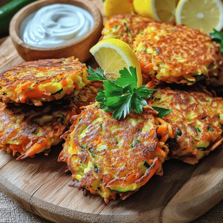 To make crispy zucchini carrot fritters, you need these key items: - 2 medium zucchinis, grated - 2 large carrots, grated - 1/2 cup all-purpose flour - 1/4 cup grated Parmesan cheese - 1/4 cup fresh parsley, chopped - 2 large eggs, lightly beaten - 1 teaspoon garlic powder - 1/2 teaspoon onion powder - Salt and pepper to taste - Vegetable oil for frying You can make your fritters even tastier with these options: - A pinch of red pepper flakes for heat - Chopped green onions for a fresh bite - A dash of smoked paprika for depth - Crumbled feta cheese for a tangy twist Each serving packs a nutritious punch: - Calories: 180 - Protein: 6g - Fat: 8g - Carbohydrates: 22g - Fiber: 2g - Sugar: 2g These fritters are not just delicious; they also provide a good mix of vitamins and minerals. Enjoy them as a snack or a side dish! For the full recipe, check the link above. First, wash the zucchinis and carrots well. I like to use a box grater for this. Grate them until they are fine. You can also use a food processor if you have one. Next, take a clean kitchen towel and place the grated veggies inside. Squeeze out as much moisture as you can. This step is key to making crispy fritters. Too much water will make them soggy. In a large mixing bowl, combine the grated zucchini and carrots. Add the flour, Parmesan cheese, chopped parsley, garlic powder, onion powder, salt, and pepper. Mix everything well until all the ingredients are evenly spread. This ensures every bite is tasty. Now, pour in the beaten eggs. Stir until the mixture becomes a smooth batter. It should hold together nicely. Heat about 1/4 inch of vegetable oil in a large skillet over medium heat. You can test if the oil is ready by dropping a small bit of batter in; it should sizzle. Use a tablespoon to scoop out the fritter mixture and drop it into the skillet. Flatten each scoop a bit with the back of the spoon. Cook for about 3-4 minutes on each side. Look for a golden-brown color to know they are done. Avoid overcrowding the pan; cook them in batches if needed. Once cooked, place them on a plate with paper towels to soak up extra oil. Serve warm with your favorite dipping sauce, like yogurt or tomato salsa. To make crispy fritters, the key is moisture. After grating the zucchini and carrots, remove excess water. Use a clean kitchen towel to squeeze out the liquid. This step is very important. If you skip it, your fritters might be soggy. You can also add a bit more flour if the batter seems too wet. You can fry or bake these fritters. Frying gives a golden, crispy outside. It’s quick but needs oil. Baking is healthier and less messy. To bake, preheat your oven to 400°F. Place the fritters on a lined baking sheet. Bake for about 20 minutes, flipping halfway through. They may not be as crispy, but they will still taste great! The oil you choose can change the flavor. Vegetable oil is common because it has a neutral taste. Canola oil works well too. If you want a flavor boost, try olive oil. Just remember, olive oil has a lower smoke point. Make sure your oil is hot before adding the fritters. This helps them cook evenly and get crispy. For the full recipe, check out the detailed steps. {{image_2}} You can make zucchini carrot fritters gluten-free. Simply replace all-purpose flour with a gluten-free blend. Look for a mix that includes xanthan gum for better binding. This way, you can enjoy a crispy texture without gluten. If you want a vegan version, swap the eggs for flaxseed meal. Mix 1 tablespoon of flaxseed meal with 3 tablespoons of water. Let it sit for five minutes until it thickens. This will help bind the fritters together without using eggs. To spice things up, try adding different cheeses or spices. Feta cheese gives a tangy flavor. You can also add chili flakes for heat or fresh herbs like dill or basil for freshness. Experiment with seasonings to find your favorite combo! For the full recipe, check the earlier section. To keep your zucchini carrot fritters fresh, place them in an airtight container. Line the bottom with paper towels to absorb moisture. This helps maintain their crispiness. Store them in the fridge for up to three days. If you want to keep them longer, consider freezing. For the best taste and texture, reheat fritters in a skillet. Heat a little oil over medium heat. Cook each fritter for about two minutes on each side until hot and crispy. You can also use an oven. Set it to 350°F (175°C) and place fritters on a baking sheet for about 10 minutes. To freeze these tasty fritters, allow them to cool completely. Place them in a single layer on a baking sheet. Freeze for about two hours until solid. Then, transfer them to a freezer bag. They can last up to three months. When you’re ready to enjoy, reheat from frozen in a skillet or oven. Full Recipe is available for those who want detailed steps. Zucchini carrot fritters can stay fresh in the fridge for about three to four days. Store them in an airtight container. This keeps them from drying out and helps maintain their taste. Yes, you can make these fritters ahead of time. Prepare the batter and store it in the fridge for up to 24 hours. This way, you can fry them just before serving. You can also cook them fully and reheat later. There are many tasty sauces that go well with zucchini carrot fritters. Here are some popular choices: - Yogurt dip - Tangy tomato salsa - Ranch dressing - Hummus - Garlic aioli These dips add flavor and make your fritters even more enjoyable. For the full recipe, check out the section above. We covered all the key parts of making zucchini carrot fritters. You learned about the main ingredients, cooking steps, and tips for crispiness. We explored fun variations and how to store leftovers. You can now enjoy these tasty fritters at any meal. Remember, cooking is about experimenting and having fun. Feel free to tweak the recipe to make it your own! Enjoy every bite and share with friends. Your healthy cooking journey has just begun!