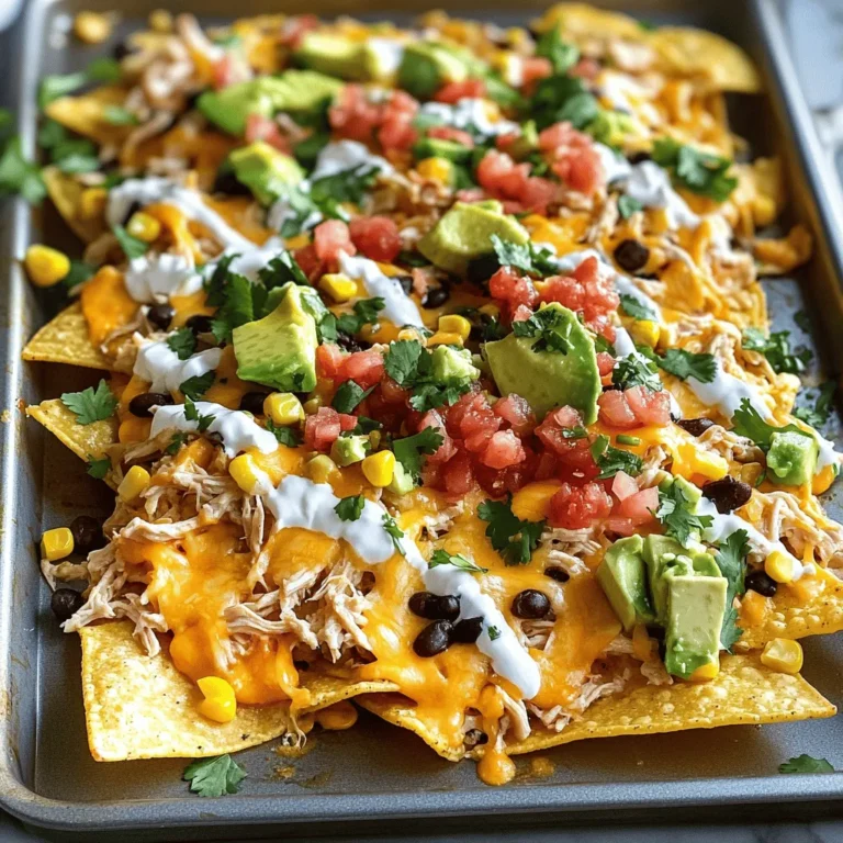 To make delicious loaded chicken nachos, gather these key ingredients: - 2 cups cooked chicken, shredded - 1 bag (12 oz) tortilla chips - 2 cups shredded cheddar cheese - 1 cup black beans, rinsed and drained - 1 cup corn kernels (fresh or canned) - 1 jalapeño, sliced (optional) - 1 cup pico de gallo or fresh salsa - 1 avocado, diced - ½ cup sour cream - ¼ cup fresh cilantro, chopped - 1 tablespoon olive oil - Salt and pepper to taste These ingredients create a perfect mix of flavors and textures. The chicken adds protein, while the cheese melts beautifully over the chips. Black beans and corn give it a hearty feel. Fresh toppings like pico de gallo and avocado add brightness. For a smooth cooking experience, have these tools ready: - Large baking sheet - Skillet - Mixing spoon - Oven mitts - Serving platter These tools help you prepare and serve the nachos easily. A large baking sheet ensures even cooking, while a skillet helps heat the chicken mixture. Remember to use oven mitts when handling hot trays. Using the right ingredients and tools will make your loaded chicken nachos fun and tasty. Check out the Full Recipe for all the details on making this dish! 1. Preheat oven: Set your oven to 375°F (190°C). This helps the cheese melt perfectly. 2. Heat ingredients in skillet: In a skillet, warm 1 tablespoon of olive oil over medium heat. Add 2 cups of shredded chicken, 1 cup of black beans, and 1 cup of corn. Mix well and season with salt and pepper. Heat for about 5 minutes until warm. 3. Layer tortilla chips: On a large baking sheet, spread out 1 bag (12 oz) of tortilla chips in a single layer. This gives each chip a chance to get crispy. 4. Distribute chicken mixture and cheese: Spoon the warm chicken mixture over the chips. Sprinkle 2 cups of shredded cheddar cheese on top. If you like heat, add slices of 1 jalapeño. 1. Baking time and temperature: Bake your nachos in the preheated oven for 10-12 minutes. The cheese should be melted and bubbly. 2. Checking for doneness: Keep an eye on the nachos. You want the cheese melty but not burnt. 3. Adding toppings post-bake: Once done, remove from the oven. Top with 1 cup of pico de gallo, 1 diced avocado, and a drizzle of ½ cup sour cream. Finish with ¼ cup chopped cilantro for a fresh kick. - Alternative serving methods: For a fun twist, serve the nachos directly on the baking sheet. Or, transfer them to a large platter for a festive touch. - Pairing ideas: Enjoy your nachos with an extra bowl of salsa on the side. A cold drink like soda or lemonade pairs perfectly with this dish. For the complete recipe, check out the [Full Recipe]. How do I prevent soggy nachos? To avoid soggy nachos, layer your chips carefully. Start with a layer of chips. Then, add your chicken mixture on top. This keeps the chips crisp. You can also bake them for a shorter time. Baking them for about 10 minutes will help. Remove them as soon as the cheese melts. What are the best cheese choices for melting? For nachos, I love using cheddar cheese. It melts well and adds great flavor. You can also mix in Monterey Jack. This cheese is creamy and adds a nice touch. Blend both for a delicious topping. How can I adjust spice levels? You can easily change the spice level. If you like it mild, skip the jalapeños. For more heat, add diced jalapeños or hot sauce. You can also use spicy cheese to kick it up a notch. What are some creative toppings beyond the basics? Think outside the box! You can add black olives, pickled onions, or green onions. Try fresh corn salsa or guacamole for a twist. These toppings bring new flavors and textures to your nachos. What are mistakes in layering? A common mistake is piling on too many toppings. This makes it hard for the cheese to melt. Start with chips, then chicken, and finish with cheese. This way, every bite is balanced and tasty. What are timing issues while baking? Baking for too long can ruin your nachos. Watch them closely in the oven. If you see the cheese bubbling, they are ready. Remove them right away to keep them crisp and warm. {{image_2}} You can make loaded nachos without chicken. Use plant-based protein like tofu or tempeh. These options work great when marinated. Add extra vegetables for crunch and flavor. Consider bell peppers, mushrooms, or zucchini. Each will boost taste and nutrition. You can roast or sauté them for extra depth. This twist keeps the dish hearty and satisfying. Do you want more heat in your nachos? You can easily boost spice levels. Add hot sauce to your chicken mix or drizzle it on top. You can also use spicy cheese. Look for pepper jack or add diced jalapeños. For even more flavor, consider diced serrano peppers or a sprinkle of cayenne. These ingredients will give your nachos a fiery kick. Try adding different salsas to enhance your nachos. A mango salsa adds sweetness, while a tomatillo salsa gives a tangy twist. You can also explore international flavors. Mix in toppings inspired by Mexican cuisine, like pickled onions or cotija cheese. These additions will create a fun fusion dish that's full of flavor. Each bite will be a taste adventure! For the full recipe, check the [Full Recipe]. To store nachos, use an airtight container. Place the nachos in a single layer to keep them crisp. If you stack them, they may get soggy. Refrigerate them within two hours of cooking. They stay fresh for up to three days in the fridge. To reheat nachos, the oven is your best friend. Preheat it to 350°F (175°C). Spread the nachos on a baking sheet and warm them for about 10 minutes. This keeps the chips crunchy and the cheese melty. The microwave works too but may make them soft. If you use the microwave, reheat in short bursts of 30 seconds. You can freeze nachos, but it's not ideal. Freezing can change their texture. If you want to freeze them, layer the nachos on a baking sheet. Place them in the freezer until solid, then transfer them to a freezer bag. To thaw, leave them in the fridge overnight. Bake them straight from the freezer at 350°F (175°C) for about 15-20 minutes to warm through. You can prep Loaded Chicken Nachos ahead of time. First, cook the chicken and mix it with beans and corn. Let this cool. Store it in the fridge. When you are ready to serve, layer the tortilla chips on a baking sheet. Add the chicken mix and cheese on top. Bake it when your guests arrive. This keeps the nachos fresh and warm. Yes, using rotisserie chicken is a great idea. It saves time and adds flavor. The chicken is already cooked and seasoned. Just shred it and mix it with beans and corn. This shortcut makes your nachos quick and easy to prepare. Cheddar cheese is my favorite for nachos. It melts nicely and has a strong flavor. You can also mix in Monterey Jack for extra creaminess. For a twist, try pepper jack for some heat. A blend of cheeses makes the nachos even tastier. To keep nachos crisp, layer them carefully. Use a large baking sheet and spread chips evenly. Avoid piling too much topping on them. Bake them just until the cheese melts. Serve them right away for the best crunch. Absolutely! Use gluten-free tortilla chips. Check labels on canned beans and corn to ensure they are gluten-free. This way, everyone can enjoy the nachos without worry. Loaded chicken nachos combine fun flavors and easy prep. You learned the key ingredients, tools, and steps to create this dish. Customizations let you switch things up, while tips help prevent sogginess. Store and reheat leftovers wisely for future snacks. Enjoy sharing these nachos at parties or with family. The questions on common issues provide answers for great results. Get creative and make this recipe yours! Ready to dig in?