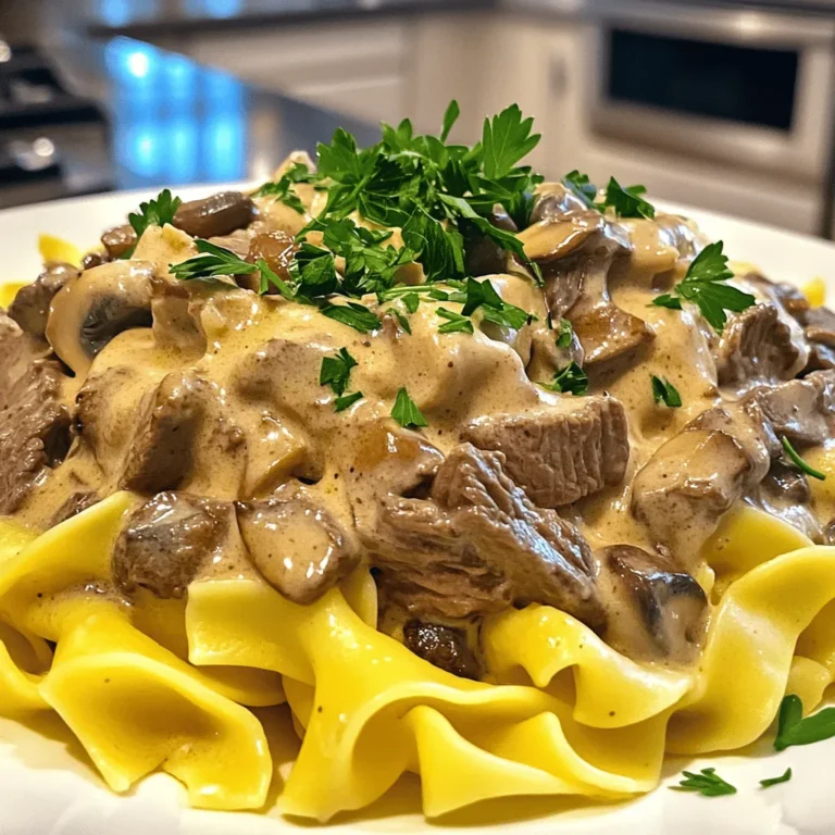 - 2 lbs beef sirloin, thinly sliced - 2 tablespoons olive oil - Salt and pepper, to taste - 1 medium onion, finely chopped - 3 cloves garlic, minced - 8 oz mushrooms, sliced - 2 cups beef broth - 1 cup sour cream - 2 tablespoons Dijon mustard - 1 tablespoon Worcestershire sauce (optional) - Fresh parsley, chopped (for garnish) - 12 oz egg noodles Beef Stroganoff is a classic dish. It brings warmth and comfort on cold days. The rich flavors of beef, cream, and mushrooms make it special. You can make this easy comfort meal with simple ingredients found in any store. For the beef, I use sirloin. This cut is tender when cooked right. I slice it thin to help it cook quickly. The olive oil adds a nice flavor and helps brown the meat. Salt and pepper bring out the best taste. Next, I chop a medium onion and mince three cloves of garlic. These aromatics add depth to the dish. Sliced mushrooms bring a nice earthiness. They cook down well and soak up the sauce. For the sauce, I use beef broth as the base. It adds richness. Sour cream gives it a nice creaminess. I also add Dijon mustard for a slight tang. Worcestershire sauce is optional but adds a nice umami flavor. Don't forget fresh parsley for garnish to brighten the dish. Finally, the egg noodles are the perfect match. They soak up the sauce and add texture. If you want to try this recipe, check out the Full Recipe for complete steps and details. Enjoy cooking! - Cook the egg noodles according to package instructions until al dente. - You want them slightly firm but not hard. This keeps them from getting mushy later. - Sear beef in olive oil until browned and set aside. - Use a hot skillet. This gives you a nice crust on the meat. Don’t crowd the pan. Sear in batches if needed. - Sauté onion and garlic until fragrant; then add mushrooms. - Cook the onion until it becomes clear. This brings out its sweetness. The garlic adds a lovely aroma. - Deglaze with beef broth, mix in mustard and Worcestershire sauce. - Scrape the bottom of the skillet. This releases all those tasty bits. The broth adds depth, while mustard gives a nice kick. - Incorporate beef and sour cream, then add cooked noodles. - Stir gently. You want every noodle coated in that rich, creamy sauce. This step is key for flavor. Remember, these steps come together to make a warm and comforting dish, perfect for any meal. For a complete guide, check the Full Recipe. To make the best beef stroganoff, choose the right cut of beef. I recommend using beef sirloin. It’s tender and cooks quickly, which helps keep the meat juicy. Sear the beef for just 2-3 minutes on each side. This short cooking time creates a nice brown crust. Be careful not to overcook it. Overcooked beef can turn tough and chewy. A creamy sauce is key for a great stroganoff. To add thickness, sour cream is your best friend. If you want it even creamier, try adding cream cheese or heavy cream. You can also use a bit of flour or cornstarch mixed with water. This mix helps thicken the sauce without changing the flavor. Just stir it in gently to avoid lumps. Seasoning is vital for flavor. Start with salt and pepper to taste. You can also add garlic powder or onion powder for extra depth. Fresh herbs like thyme or parsley can brighten the dish. For a little heat, try a pinch of cayenne pepper. Taste your sauce as you go. Adjust the spices to find the perfect balance. For the full recipe, check out the [Full Recipe]. {{image_2}} You can make Beef Stroganoff a bit lighter. Try using Greek yogurt in place of sour cream. It adds creaminess but cuts calories. For noodles, whole wheat egg noodles are a great swap. They have more fiber and nutrients compared to regular noodles. You can also use spiralized zucchini or other vegetables for a gluten-free option. To boost flavor, add fresh herbs like thyme or parsley. They add a nice touch of freshness. You can also sprinkle in some smoked paprika for a warm, smoky taste. A pinch of cayenne pepper can add a bit of heat, if you like spice. Just be careful not to overwhelm the dish with strong flavors. To make a vegetarian Beef Stroganoff, swap beef for mushrooms or lentils. Portobello mushrooms offer a meaty texture. Use vegetable broth instead of beef broth for the sauce. Replace sour cream with a plant-based yogurt or cashew cream. This way, you still enjoy that creamy sauce, but it’s all plant-based. You can create a delicious, hearty meal that everyone will love. For the full recipe, check out the details above. To keep your Beef Stroganoff fresh, cool it down first. Let it sit at room temperature for about 30 minutes. Then, transfer the leftovers to an airtight container. Store it in the fridge. It will stay good for up to three days. Always label the container with the date. This helps you keep track of freshness. When you're ready to enjoy the leftovers, reheat them gently. The best method is to use a skillet. Place the Stroganoff in the skillet over medium heat. Stir often to avoid burning. If it seems dry, add a splash of beef broth or water. This keeps the sauce creamy. You can also use a microwave. Heat it in short bursts, stirring in between. This method works well too. You can freeze Beef Stroganoff for later. First, cool it completely, just like before. Then, place it in a freezer-safe container or a heavy-duty freezer bag. Be sure to remove as much air as possible. It can last for up to three months in the freezer. When you want to eat it, move it to the fridge to thaw overnight. Reheat it as mentioned above for the best taste. For the complete recipe, check out the Full Recipe. You can pair Beef Stroganoff with several tasty sides. Here are my top picks: - Steamed broccoli: The crunch balances the creamy sauce. - Garlic bread: It’s perfect for soaking up the sauce. - Green salad: A fresh mix adds a nice contrast. - Roasted carrots: Their sweetness complements the savory dish. - Mashed potatoes: A classic comfort food choice. Yes, you can use other meats if you like. Here are some great options: - Chicken: Use thinly sliced chicken breast for a lighter version. - Pork: Pork tenderloin works well and adds a unique flavor. - Turkey: Ground turkey is a lean alternative that you can try. - Mushrooms: For a vegetarian version, use hearty mushrooms instead of meat. Beef Stroganoff can last for up to three days in the fridge. To keep it fresh: - Store it in an airtight container. - Reheat only the portion you plan to eat. - If you see any signs of spoilage, it’s best to throw it away. Absolutely! Beef Stroganoff is a great make-ahead meal. Here are some tips: - Cook the beef and sauce in advance: You can make it a day ahead and just heat it up. - Store separately: Keep the noodles apart until you serve to avoid sogginess. - Reheat gently: Use low heat on the stove or in the microwave to warm it through. For the full recipe, check the detailed cooking instructions and enjoy your meal! Beef Stroganoff is a hearty dish rich in flavor and texture. We started with key ingredients like beef, noodles, and creamy sauce. I guided you through steps to cook the beef perfectly and make a delicious sauce. Don’t forget the tips on making it creamier and adjusting flavors to your taste. This meal shines on its own or as part of a special dinner. Whether you try variations or store leftovers, Beef Stroganoff is a recipe you can enjoy many ways. Get cooking and savor this classic dish!