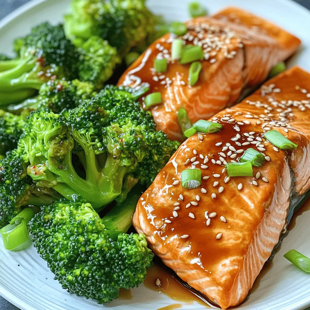 To make Teriyaki Salmon with Sesame Broccoli, gather these ingredients: - 4 salmon fillets (about 6 oz each) - ¼ cup soy sauce (reduced sodium preferred) - 3 tablespoons honey - 2 tablespoons rice vinegar - 1 tablespoon sesame oil - 1 tablespoon grated fresh ginger - 3 cloves garlic, minced - 1 tablespoon cornstarch mixed with 2 tablespoons water (for thickening) - 4 cups broccoli florets - 2 tablespoons sesame seeds - Sliced green onions for garnish You can swap some ingredients if needed. Use agave syrup instead of honey for a vegan option. For a gluten-free dish, try tamari in place of soy sauce. If you don't have rice vinegar, apple cider vinegar works well too. When choosing salmon, look for bright, vibrant color. The flesh should be firm and moist. Avoid fish with a strong fishy smell. If you can, buy salmon from a trusted source that focuses on sustainability. This ensures you get the best quality fish for your meal. Always check the sell-by date to ensure freshness. To make the teriyaki sauce, start with a small saucepan. Add soy sauce, honey, rice vinegar, sesame oil, grated ginger, and minced garlic. Heat this mix over medium heat. You want to bring it to a gentle simmer. Stir it often to blend the flavors well. Once it simmers, mix cornstarch and water in a bowl. Then add this mixture to the sauce. Stir continuously until it thickens. This should take just a few minutes. After that, remove the sauce from heat and set it aside. Next, take your salmon fillets and place them in a shallow dish. Pour about half of that tasty teriyaki sauce over the salmon. Make sure each piece is covered well. Let the salmon marinate for at least 15 minutes. This step adds so much flavor. Remember, save the rest of the sauce for later use. Now, let’s move on to the broccoli. Grab a large pot and fill it with water. Bring the water to a boil, then add the broccoli florets. Steam them for about 5 to 7 minutes. You want them bright green and tender-crisp. Once done, drizzle sesame oil over them and sprinkle sesame seeds on top. Toss gently to coat. Set the broccoli aside. For the salmon, heat a non-stick skillet over medium-high heat. Take the salmon from the marinade, letting the excess drip off. Place the salmon skin-side down in the skillet. Cook for about 5 to 6 minutes. Then flip the salmon and cook for another 3 to 4 minutes. Brush it with the reserved teriyaki sauce while it cooks. This gives it a nice glaze. Once it’s fully cooked, it’s time to plate. Serve the sesame broccoli alongside the salmon. Drizzle any remaining teriyaki sauce over the salmon. Garnish with sliced green onions for a pop of color. Enjoy your flavorful delight! To make a great teriyaki sauce, balance is key. Use the right mix of soy sauce and honey for sweet and salty flavor. I like to use reduced-sodium soy sauce, so it’s not too salty. Fresh ginger and garlic add a nice kick. Heat the sauce slowly, and watch for bubbling. Once it simmers, add the cornstarch mixture. Stir until it thickens, which should take only a few minutes. Cooking salmon just right is a must for this dish. Start with skin-side down in a hot skillet. The skin helps keep the salmon moist. Cook for about 5-6 minutes without moving it. Flip gently and cook for another 3-4 minutes. The salmon should be opaque and flake easily with a fork. Avoid overcooking to keep it tender and juicy. Pair your teriyaki salmon with sesame broccoli for a tasty meal. You can add rice or quinoa as a base. These grains soak up the sauce and add texture. Garnish with sliced green onions for a fresh touch. If you want more color, add a side salad with colorful veggies. This keeps your meal balanced and adds nutrition. For the full recipe, check the details above! {{image_2}} You can change up the vegetables for your teriyaki salmon. Broccoli is great, but you might like snap peas, green beans, or bell peppers. Each one gives a new taste and look to your dish. For a colorful plate, mix and match these veggies. Just remember to steam or sauté them lightly. This keeps them crisp and bright. While teriyaki sauce is tasty, you can try other flavors. A sweet chili sauce adds heat and sweetness. You might also enjoy a honey-soy mix for a different twist. If you like citrus, a mix of orange juice and soy sauce works well too. Each sauce brings a unique flair to your salmon. Don’t be afraid to mix it up and find your favorite! To add some heat to your dish, consider using chili flakes or sriracha. Mixing these into your teriyaki sauce will spice things up. You can also use a spicy sesame oil instead of regular sesame oil. If you love fresh herbs, add chopped cilantro or basil for a punch of flavor. These simple changes can make your meal exciting and full of life. For the full recipe, check out the provided link! To keep your teriyaki salmon and sesame broccoli fresh, let them cool first. Place the leftovers in an airtight container. Store them in the fridge for up to three days. This way, you can enjoy the meal again without losing flavor. When you want to reheat your salmon and broccoli, use the microwave or a skillet. If using the microwave, cover the dish to keep moisture in. Heat in short bursts, checking often. If you use a skillet, add a splash of water and cover it. This keeps your meal moist and tasty. You can freeze teriyaki salmon and sesame broccoli, but it's best to freeze them separately. Wrap each salmon fillet tightly in plastic wrap, then place in a freezer bag. For the broccoli, use a freezer-safe container. This way, they stay fresh for up to three months. When ready to eat, thaw them in the fridge overnight before reheating. For the full recipe, refer to the earlier section. Yes, you can use frozen salmon. Just make sure to thaw it first. Place it in the fridge overnight or submerge it in cold water for quicker thawing. Frozen salmon works well in this teriyaki recipe, but fresh salmon often has better flavor and texture. You can serve teriyaki salmon with rice, quinoa, or noodles. Steamed vegetables also pair well. Try adding pickled ginger or a simple salad for freshness. If you want more flavor, serve with extra teriyaki sauce on the side. Most teriyaki sauces contain soy sauce, which has gluten. However, you can find gluten-free soy sauce or use tamari as a substitute. Always check the label to be sure. Making your own sauce at home ensures it’s gluten-free. Marinating salmon allows the flavors to soak in. A short marinating time of 15 minutes is enough for a light taste. For a bolder flavor, you can marinate for up to 2 hours. Just be careful not to over-marinate, as it can change the texture of the fish. For more details on making this dish, check out the Full Recipe. This blog post covered how to make a tasty teriyaki salmon dish. We looked at key ingredients, including some substitutions. You learned how to prepare the teriyaki sauce, marinate the salmon, and cook broccoli. I also shared tips on perfecting your dish and how to store leftovers effectively. To sum up, this meal is simple and offers plenty of ways to make it your own. Try using different veggies or sauces for variety. Enjoy experimenting and making this recipe a staple at your table!
