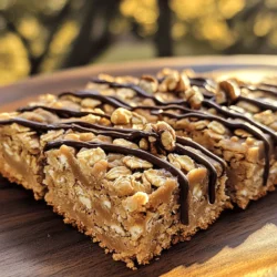- 2 cups rolled oats - 1 cup natural peanut butter - 1/2 cup honey or maple syrup - 1/2 cup brown sugar - 1/2 teaspoon salt - 1 teaspoon vanilla extract The main ingredients for Peanut Butter Oatmeal Bars are simple yet powerful. The rolled oats provide a hearty base. They give you fiber and energy. Natural peanut butter adds creaminess and protein. Honey or maple syrup brings sweetness and moisture. Brown sugar enhances the flavor with a touch of caramel. Salt balances the sweetness, while vanilla extract adds depth. - 1/4 cup mini chocolate chips - 1/4 cup chopped nuts (walnuts or almonds) For those who love a twist, optional add-ins make these bars even better. Mini chocolate chips add a sweet surprise in each bite. Chopped nuts provide crunch and healthy fats. You can mix and match add-ins based on your taste. - Calories per serving: About 150 calories - Protein content: Approximately 5 grams - Fiber content: Roughly 3 grams Each serving of these bars packs around 150 calories. They offer about 5 grams of protein, which helps keep you full. With roughly 3 grams of fiber, they support healthy digestion. These bars are great for a snack or quick breakfast. They are healthy and satisfying, making them a smart choice. If you want to try this delicious recipe, check out the Full Recipe for all the steps! - Preheat the oven to 350°F (175°C). - Line an 8x8-inch baking dish with parchment paper. - In a large mixing bowl, combine 2 cups of rolled oats, 1/2 cup of brown sugar, and 1/2 teaspoon of salt. Mix well. - In another bowl, heat 1 cup of natural peanut butter and 1/2 cup of honey (or maple syrup) in the microwave for about 30 seconds. Stir until warm and smooth. - Add 1 teaspoon of vanilla extract to the peanut butter mixture and mix until smooth. - Pour the peanut butter mixture into the dry ingredients and combine until everything is mixed well. If you want, fold in 1/4 cup of mini chocolate chips and 1/4 cup of chopped nuts for added flavor and texture. - Transfer the mixture to the lined baking dish. Press it down evenly with a spatula or your hands. - Bake in the preheated oven for 20-25 minutes. Look for the edges to turn golden brown. - Let the bars cool completely in the baking dish on a wire rack before you cut them into squares or rectangles. Try this Full Recipe and enjoy your tasty and healthy peanut butter oatmeal bars! - Overmixing the ingredients: Mixing too much can make the bars tough. Stir just until mixed. - Not packing the mixture firmly: If you don’t press it down well, the bars can crumble. Use your hands or a spatula to compact the mixture tightly. - Adding spices like cinnamon: A sprinkle of cinnamon can add warmth and depth. Try about half a teaspoon for a subtle flavor boost. - Using different nut butters: You can swap peanut butter for almond or cashew butter. Each nut butter brings a unique taste and texture. - Garnishing with melted chocolate: Drizzle some melted chocolate on top for a sweet touch. This makes the bars look fancy and taste even better. - Using decorative serving plates: Arrange the bars on a pretty plate. A colorful plate can make your snack more inviting and fun to eat. For the full recipe, you can refer back to the detailed instructions provided earlier. {{image_2}} To add more chocolate flavor, try using cocoa powder. Start with 1/4 cup of unsweetened cocoa powder. Mix it in with the dry ingredients. You can also add more chocolate chips. Use up to 1/2 cup of mini chocolate chips for a richer taste. This will give your bars a fudgier texture and a delightful sweetness. For a nutty twist, swap in different nuts. Chopped pecans, hazelnuts, or pistachios work great. Each nut brings its own flavor. You can mix nuts for a unique crunch. Use 1/4 cup of your favorite nuts, or go wild and combine two types. This adds healthy fats and extra texture to your bars. If you want a no-bake option, it's simple! Just use rolled oats, peanut butter, honey, and nuts. Mix them well in a bowl. Press the mixture into a lined dish. Chill it in the fridge for at least an hour. Once set, cut them into bars. This version is quick and easy, perfect for hot days. Check out the Full Recipe for more details! To keep your peanut butter oatmeal bars fresh, use airtight containers. This prevents air from getting in and keeps the bars moist. Choose a container that fits the bars snugly. Avoid using plastic wrap alone, as it won’t keep them fresh for long. Freezing is a great way to store these bars for longer. Cut the bars into squares before freezing. Wrap each square in plastic wrap. Then, place them in a freezer bag or container. This keeps them safe from freezer burn. They can last up to three months in the freezer. Just thaw them in the fridge when you want to enjoy one. In the refrigerator, the bars last about one week. Store them in an airtight container to keep them fresh. If you notice any changes in smell or texture, it’s best to toss them. Keeping them in the fridge helps maintain that soft and chewy texture you love. Yes, you can substitute peanut butter with other nut butters. Here are some great options: - Almond butter - Cashew butter - Sunflower seed butter (for nut-free) These alternatives can give you a new taste while keeping the texture similar. To cut the bars cleanly, follow these tips: - Let the bars cool completely before cutting. - Use a sharp knife to make straight cuts. - Wipe the knife with a damp cloth after each cut. This will help keep the bars intact and looking nice. Yes, these bars are perfect for meal prep! Here’s how to make them part of your plan: - Make a batch on the weekend. - Store them in an airtight container. - Grab one for a quick snack or breakfast during the week. This way, you have a healthy treat ready when you need it. In this blog post, we explored how to make delicious peanut butter oatmeal bars. We covered the key ingredients, step-by-step instructions, and tips to avoid common mistakes. You saw variations to enhance flavor and texture, plus how to store these bars for freshness. Making these bars is simple and fun. They provide great energy for snacks or meal prep. Enjoy creating your own twists!