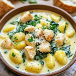 - 1 pound gnocchi (store-bought or homemade) - 1 pound boneless, skinless chicken breasts, cut into bite-sized pieces - 2 tablespoons olive oil Gnocchi is the star here. You can use store-bought for ease or make your own for fun. I love the texture of homemade, but store-bought saves time. The chicken adds protein and flavor. Cut the chicken into small pieces for quick cooking. Olive oil helps brown the chicken and adds richness. - 1 cup heavy cream - 1/2 cup grated Parmesan cheese - 3 cloves garlic, minced Heavy cream gives this dish its creamy texture. It makes the sauce rich and smooth. Parmesan cheese adds a salty, nutty flavor. Freshly grated cheese melts better than pre-grated. Garlic adds a punch of taste. Mincing it brings out its full flavor. - 1 cup chicken broth - 1 cup fresh spinach, chopped - Salt and pepper to taste Chicken broth adds depth to the sauce. It keeps the dish moist and flavorful. Fresh spinach gives a pop of color and nutrients. Use fresh for the best taste. Season the dish with salt and pepper to enhance all the flavors. To start, fill a large pot with water and add a good amount of salt. Bring the water to a boil. This step is key for flavor. Once the water is boiling, add the gnocchi. Watch for the gnocchi to float, which usually takes about 2-3 minutes. When they rise to the top, they are done. Drain the gnocchi and set them aside. Next, take a large skillet and heat 2 tablespoons of olive oil over medium heat. When the oil is hot, add the bite-sized chicken pieces. Season them with salt and pepper. Cook the chicken for about 5-7 minutes. Look for a golden brown color and ensure the chicken is cooked through. This gives a nice flavor to your dish. Now it’s time to bring everything together. First, stir in 3 minced garlic cloves and cook for one more minute. This will make your kitchen smell amazing! Then, pour in 1 cup of chicken broth and 1 cup of heavy cream. Stir well and bring the mix to a gentle simmer. After that, add the cooked gnocchi and 1 cup of chopped spinach. Let it simmer for 2-3 minutes. You want the spinach to wilt and the sauce to thicken. Finally, stir in 1/2 cup of grated Parmesan cheese. This adds a rich and creamy texture to the dish. Adjust the seasoning with more salt and pepper if needed. Enjoy your Quick Creamy Chicken Gnocchi from the Full Recipe! To ensure your chicken is cooked through, cut it into small pieces. This helps it cook evenly. Use a meat thermometer for best results. The chicken should reach 165°F (75°C). This guarantees it’s safe to eat. To perfect the creamy sauce, add the heavy cream slowly. Stir it in after the chicken cooks. This helps the sauce blend smoothly. If the sauce is too thick, add more chicken broth. A gentle simmer helps the flavors mix well. For the best accompaniments, serve Quick Creamy Chicken Gnocchi with crusty bread. A fresh salad also pairs nicely. This adds a nice crunch and balances the meal. For presentation ideas, use shallow bowls. Garnish your dish with extra Parmesan cheese. A sprig of parsley adds a pop of color. This makes your meal look professional and inviting. If you want alternatives for heavy cream, use half-and-half or coconut milk. Both options still give a creamy texture. For vegetarian options, swap the chicken for mushrooms or tofu. These ingredients provide protein and flavor. You can also use vegetable broth instead of chicken broth in the sauce. For the full recipe, check out the detailed cooking instructions above. {{image_2}} To make your Quick Creamy Chicken Gnocchi even better, try adding herbs and spices. Fresh basil or thyme works well. You can also add a pinch of red pepper flakes for some heat. These small changes can give your dish a new twist. Incorporating vegetables is another great way to enhance flavor. Consider adding mushrooms, bell peppers, or zucchini. These veggies can boost nutrition and add color to your dish. Just sauté them with the chicken for best results. If you need a gluten-free option, look for gluten-free gnocchi. Many brands offer this choice, and it tastes just as good. You can also make your own using gluten-free flour. For a low-calorie version, consider using less cream. You can replace half the cream with chicken broth. This change keeps the dish creamy while reducing calories. Also, use leaner cuts of chicken for an even lighter meal. Try a gnocchi bake for a fun twist. After mixing all ingredients, transfer them to a baking dish. Top with extra cheese and bake until bubbly. This method creates a crispy top that contrasts with the creamy inside. You can also turn this dish into a soup. Simply add more chicken broth to the mix. This way, you get a comforting creamy soup that's perfect for chilly days. For the full recipe, check out the Quick Creamy Chicken Gnocchi section. To store your delicious leftover Quick Creamy Chicken Gnocchi, let it cool first. Place it in an airtight container. This keeps it fresh for up to three days in the fridge. I recommend using glass containers. They do not stain and make reheating easy. When you are ready to enjoy your leftovers, reheat gently. Use a skillet over low heat. Add a splash of chicken broth to help keep the dish creamy. Stir often to avoid burning. You want that rich texture to stay intact. You can freeze this dish if you want to save some for later. Just make sure to freeze it before adding the spinach and cheese. This helps the gnocchi and sauce stay nice when thawed. Use freezer-safe containers for best results. To thaw, place the container in the fridge overnight. Reheat in a skillet, adding the spinach and cheese last. This way, everything heats up evenly and stays creamy. Enjoy your delicious meal again! The best way to cook gnocchi is by boiling it. Start with a large pot of salted water. Once the water boils, add the gnocchi. Cook for about 2-3 minutes until they float. Floating means they are done. Drain them carefully and set aside. This method keeps the gnocchi soft and tender. You can also sauté them later for a crispy touch. Yes, you can use frozen chicken for this dish. However, remember to thaw it first. Defrost in the fridge overnight or use the microwave. Once thawed, cut it into small pieces. This helps it cook evenly. Adjust the cooking time slightly. Cook until the chicken is fully done and golden brown. To lighten this dish, swap heavy cream for half-and-half or milk. You can also reduce the amount of cheese. Adding more fresh spinach or other veggies boosts nutrition. Use less oil when cooking the chicken, or try grilling instead. Serve with a side salad for a refreshing touch. This article covered how to make a tasty chicken and gnocchi dish. We explored key ingredients and simple steps to create a delicious meal. You learned about cooking tips, variations, and storage options. Remember, you can easily adjust flavors and ingredients to suit your needs. Enjoy experimenting with this recipe. Cooking should be fun and delicious. Now, gather your ingredients and get started!