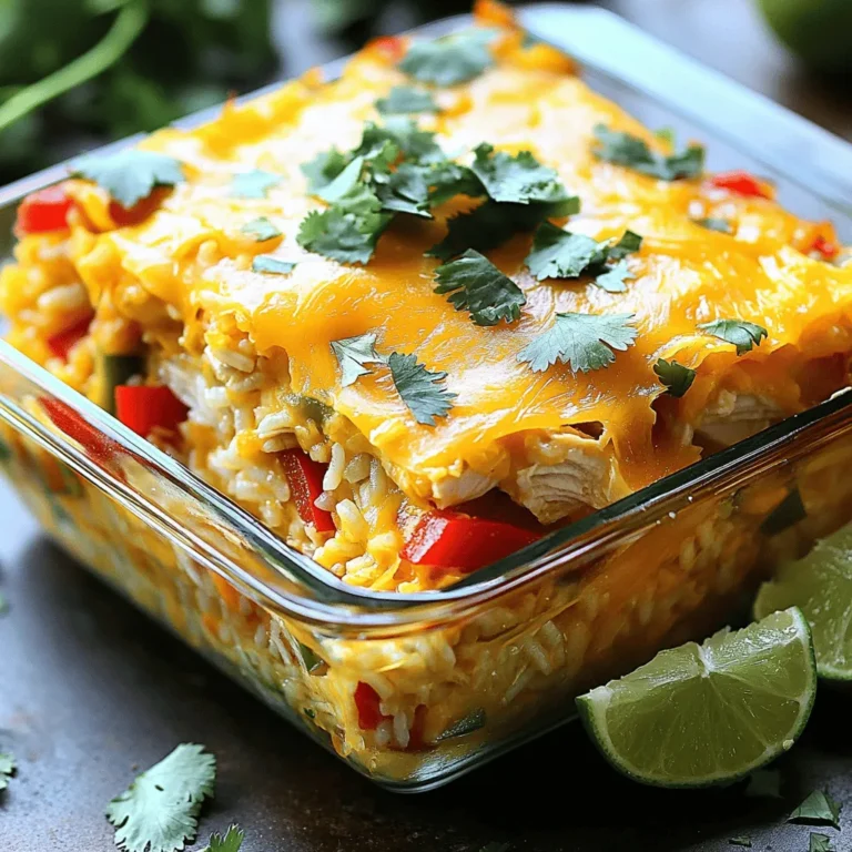 - 2 cups cooked rice (white or brown) - 1 pound boneless, skinless chicken breasts, diced - 1 can (15 oz) diced tomatoes with green chilies - 1 can (15 oz) black beans, drained and rinsed - 1 cup corn (fresh or frozen) - 1 red bell pepper, chopped - 1 medium onion, diced - 2 cloves garlic, minced - 1 tablespoon chili powder - 1 teaspoon cumin - 1/2 teaspoon smoked paprika - 1/2 teaspoon cayenne pepper (adjust to taste) - 1 1/2 cups shredded cheddar cheese - 2 tablespoons olive oil - Salt and pepper to taste - Fresh cilantro, chopped (for garnish) You will need a few tools for this recipe: - Large skillet - 9x13 inch baking dish - Mixing bowl - Knife and cutting board - Measuring cups and spoons - Spoon for mixing Garnishes can make your dish shine. Consider these: - Fresh cilantro, chopped - Lime wedges for a zesty touch - Extra shredded cheese on top - Sliced jalapeños if you love heat Start by preheating your oven to 375°F (190°C). This ensures even cooking. Grab a large skillet and heat two tablespoons of olive oil over medium heat. Once hot, add one medium diced onion. Sauté for about 3-4 minutes until it turns soft and clear. Next, add two cloves of minced garlic and one chopped red bell pepper. Stir these for another minute to blend the flavors. Now, add one pound of diced boneless, skinless chicken breasts. Season with salt, pepper, one tablespoon of chili powder, one teaspoon of cumin, a half teaspoon of smoked paprika, and a half teaspoon of cayenne pepper. Cook this mix for 6-8 minutes, stirring often until the chicken is browned and fully cooked. In a large bowl, combine two cups of cooked rice, one 15 oz can of diced tomatoes with green chilies, one 15 oz can of black beans (drained and rinsed), and one cup of corn. Mix well. Once the chicken and veggies are ready, add them to this bowl and stir everything together. Transfer this mixture to a greased 9x13 inch baking dish. Top it with one and a half cups of shredded cheddar cheese. Bake the casserole for 25-30 minutes until the cheese is melted and bubbly. Let it sit for 5 minutes before serving. Optionally, you can garnish with fresh chopped cilantro for a burst of color. For the full recipe, be sure to check the details above! To boost the taste of your spicy chicken and rice casserole, use fresh herbs. Chopped cilantro adds a bright note. You can also squeeze lime juice over the dish before serving. This adds freshness and zing. Don't skip the cayenne pepper; it gives the dish a kick. If you like it spicier, add more. A dash of hot sauce before serving can also elevate the flavor. One common mistake is overcooking the chicken. Cook it just until it turns white and is no longer pink. This keeps it juicy. Another mistake is using old spices. Fresh spices have more flavor. Make sure your chili powder and cumin are fresh for the best taste. Finally, don’t forget to season your layers well. Each layer should have salt and pepper for balanced flavor. For a creamy texture, use cooked rice that’s not mushy. If you use brown rice, it should be fluffy. When mixing ingredients, fold gently to keep the chicken pieces intact. Avoid stirring too hard. When baking, cover the dish with foil for the first half of the time. This helps the casserole cook evenly without burning the cheese. Afterward, remove the foil to let the cheese brown nicely. Enjoy your tasty family meal! {{image_2}} You can easily make a vegetarian version of this dish. Simply swap the chicken for extra black beans or cooked lentils. You can also add more veggies like zucchini or spinach. Use vegetable broth instead of chicken broth for added flavor. This will keep your casserole hearty and filling without meat. If you want to try other proteins, consider using turkey or tofu. Ground turkey works great and cooks quickly. For tofu, use firm or extra-firm. Press the tofu to remove excess water, then cube it. Cook the tofu until golden before mixing it with the other ingredients. You can adjust the recipe to fit your diet. If you're gluten-free, make sure to use gluten-free rice and canned goods. For a dairy-free version, replace the cheese with a plant-based option. You can also use nutritional yeast for a cheesy flavor without dairy. Always check labels to ensure all ingredients meet your dietary needs. Feel free to explore these variations to make the dish your own! For the full recipe, check the earlier section. You can store any leftover spicy chicken and rice casserole in an airtight container. Let it cool down to room temperature before sealing it. This will help keep the flavors fresh. Store it in the fridge for up to four days. If you want to keep it longer, freezing is a great option. To reheat your casserole, preheat your oven to 350°F (175°C). Cover the dish with foil to keep it moist. Heat for about 20-25 minutes, or until it’s hot throughout. You can also use the microwave. Place a portion in a microwave-safe bowl and heat for 1-2 minutes. Stir halfway through to ensure even heating. Freezing is easy and keeps your casserole tasty. Make sure it’s fully cooled. Place it in a freezer-safe container or wrap it tightly in plastic wrap. Label it with the date. It will stay fresh for about three months. When you’re ready to eat, let it thaw overnight in the fridge. Then, reheat in the oven for the best results. For the full recipe, check it out! Yes, you can prepare it in advance. Make the casserole, but don’t bake it yet. Cover and refrigerate it for up to 24 hours. When you are ready to eat, just bake it straight from the fridge. You may need to add a few extra minutes to the bake time. This makes it great for busy days or family gatherings. You can serve this casserole with many sides. Here are some ideas: - A fresh green salad - Sliced avocado - Tortilla chips with salsa - Lime wedges for a zesty kick These options add color and flavor, making your meal more fun. To add even more heat, you can try these tips: - Use more cayenne pepper in the mix. - Add sliced jalapeños or fresh chili peppers. - Serve with hot sauce on the side. Each option brings a new level of warmth to your dish. For the full recipe, check out the details above. This blog post provided a detailed guide to making a Spicy Chicken and Rice Casserole. We explored the main ingredients, necessary tools, and optional garnishes. I shared step-by-step instructions for cooking, assembling, and baking the dish. Tips on enhancing flavor and avoiding common mistakes followed. We discussed various adaptations for diets and storage methods for leftovers. With the full recipe, you can create a comforting meal. Enjoy experimenting and making this dish your own!