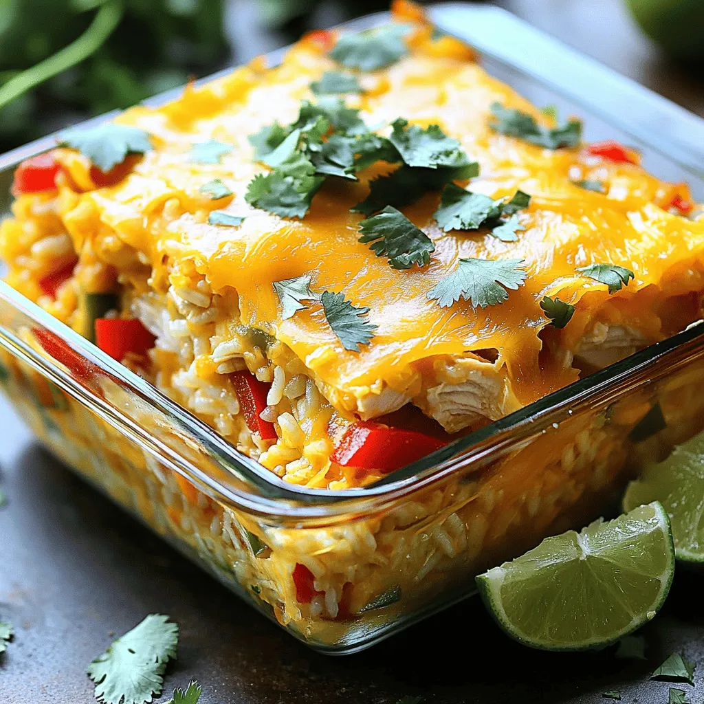 - 2 cups cooked rice (white or brown) - 1 pound boneless, skinless chicken breasts, diced - 1 can (15 oz) diced tomatoes with green chilies - 1 can (15 oz) black beans, drained and rinsed - 1 cup corn (fresh or frozen) - 1 red bell pepper, chopped - 1 medium onion, diced - 2 cloves garlic, minced - 1 tablespoon chili powder - 1 teaspoon cumin - 1/2 teaspoon smoked paprika - 1/2 teaspoon cayenne pepper (adjust to taste) - 1 1/2 cups shredded cheddar cheese - 2 tablespoons olive oil - Salt and pepper to taste - Fresh cilantro, chopped (for garnish) You will need a few tools for this recipe: - Large skillet - 9x13 inch baking dish - Mixing bowl - Knife and cutting board - Measuring cups and spoons - Spoon for mixing Garnishes can make your dish shine. Consider these: - Fresh cilantro, chopped - Lime wedges for a zesty touch - Extra shredded cheese on top - Sliced jalapeños if you love heat Start by preheating your oven to 375°F (190°C). This ensures even cooking. Grab a large skillet and heat two tablespoons of olive oil over medium heat. Once hot, add one medium diced onion. Sauté for about 3-4 minutes until it turns soft and clear. Next, add two cloves of minced garlic and one chopped red bell pepper. Stir these for another minute to blend the flavors. Now, add one pound of diced boneless, skinless chicken breasts. Season with salt, pepper, one tablespoon of chili powder, one teaspoon of cumin, a half teaspoon of smoked paprika, and a half teaspoon of cayenne pepper. Cook this mix for 6-8 minutes, stirring often until the chicken is browned and fully cooked. In a large bowl, combine two cups of cooked rice, one 15 oz can of diced tomatoes with green chilies, one 15 oz can of black beans (drained and rinsed), and one cup of corn. Mix well. Once the chicken and veggies are ready, add them to this bowl and stir everything together. Transfer this mixture to a greased 9x13 inch baking dish. Top it with one and a half cups of shredded cheddar cheese. Bake the casserole for 25-30 minutes until the cheese is melted and bubbly. Let it sit for 5 minutes before serving. Optionally, you can garnish with fresh chopped cilantro for a burst of color. For the full recipe, be sure to check the details above! To boost the taste of your spicy chicken and rice casserole, use fresh herbs. Chopped cilantro adds a bright note. You can also squeeze lime juice over the dish before serving. This adds freshness and zing. Don't skip the cayenne pepper; it gives the dish a kick. If you like it spicier, add more. A dash of hot sauce before serving can also elevate the flavor. One common mistake is overcooking the chicken. Cook it just until it turns white and is no longer pink. This keeps it juicy. Another mistake is using old spices. Fresh spices have more flavor. Make sure your chili powder and cumin are fresh for the best taste. Finally, don’t forget to season your layers well. Each layer should have salt and pepper for balanced flavor. For a creamy texture, use cooked rice that’s not mushy. If you use brown rice, it should be fluffy. When mixing ingredients, fold gently to keep the chicken pieces intact. Avoid stirring too hard. When baking, cover the dish with foil for the first half of the time. This helps the casserole cook evenly without burning the cheese. Afterward, remove the foil to let the cheese brown nicely. Enjoy your tasty family meal! {{image_2}} You can easily make a vegetarian version of this dish. Simply swap the chicken for extra black beans or cooked lentils. You can also add more veggies like zucchini or spinach. Use vegetable broth instead of chicken broth for added flavor. This will keep your casserole hearty and filling without meat. If you want to try other proteins, consider using turkey or tofu. Ground turkey works great and cooks quickly. For tofu, use firm or extra-firm. Press the tofu to remove excess water, then cube it. Cook the tofu until golden before mixing it with the other ingredients. You can adjust the recipe to fit your diet. If you're gluten-free, make sure to use gluten-free rice and canned goods. For a dairy-free version, replace the cheese with a plant-based option. You can also use nutritional yeast for a cheesy flavor without dairy. Always check labels to ensure all ingredients meet your dietary needs. Feel free to explore these variations to make the dish your own! For the full recipe, check the earlier section. You can store any leftover spicy chicken and rice casserole in an airtight container. Let it cool down to room temperature before sealing it. This will help keep the flavors fresh. Store it in the fridge for up to four days. If you want to keep it longer, freezing is a great option. To reheat your casserole, preheat your oven to 350°F (175°C). Cover the dish with foil to keep it moist. Heat for about 20-25 minutes, or until it’s hot throughout. You can also use the microwave. Place a portion in a microwave-safe bowl and heat for 1-2 minutes. Stir halfway through to ensure even heating. Freezing is easy and keeps your casserole tasty. Make sure it’s fully cooled. Place it in a freezer-safe container or wrap it tightly in plastic wrap. Label it with the date. It will stay fresh for about three months. When you’re ready to eat, let it thaw overnight in the fridge. Then, reheat in the oven for the best results. For the full recipe, check it out! Yes, you can prepare it in advance. Make the casserole, but don’t bake it yet. Cover and refrigerate it for up to 24 hours. When you are ready to eat, just bake it straight from the fridge. You may need to add a few extra minutes to the bake time. This makes it great for busy days or family gatherings. You can serve this casserole with many sides. Here are some ideas: - A fresh green salad - Sliced avocado - Tortilla chips with salsa - Lime wedges for a zesty kick These options add color and flavor, making your meal more fun. To add even more heat, you can try these tips: - Use more cayenne pepper in the mix. - Add sliced jalapeños or fresh chili peppers. - Serve with hot sauce on the side. Each option brings a new level of warmth to your dish. For the full recipe, check out the details above. This blog post provided a detailed guide to making a Spicy Chicken and Rice Casserole. We explored the main ingredients, necessary tools, and optional garnishes. I shared step-by-step instructions for cooking, assembling, and baking the dish. Tips on enhancing flavor and avoiding common mistakes followed. We discussed various adaptations for diets and storage methods for leftovers. With the full recipe, you can create a comforting meal. Enjoy experimenting and making this dish your own!