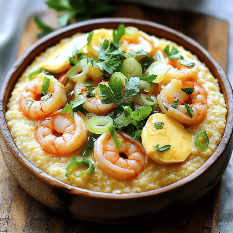 For a tasty shrimp and grits dish, you will need: - 1 cup stone-ground grits - 4 cups chicken broth - 1 lb large shrimp, peeled and deveined - 1 cup shredded sharp cheddar cheese - 1/2 cup milk - 4 slices smoked gouda cheese (for topping) - 3 tablespoons butter - 4 green onions, chopped (white and green parts separated) - 2 cloves garlic, minced - 1 teaspoon paprika - 1/2 teaspoon cayenne pepper (adjust for spice preference) - 1 tablespoon olive oil - Salt and pepper to taste - Fresh parsley for garnish You will need some basic tools to make this dish: - A medium saucepan for the grits - A large skillet for the shrimp - A whisk for mixing the grits - Measuring cups and spoons - A cutting board and knife for chopping Add some flair to your dish with these garnishes: - Extra chopped green onions - A sprinkle of chili flakes for added heat - A squeeze of lemon juice for brightness - Additional fresh parsley for color - Crispy bacon bits for a savory crunch This recipe gives you a rich taste of the South. It’s simple, yet packed with flavor. Enjoy the creamy grits and tender shrimp together for a meal that feels like a warm hug. For the full recipe, check out the details above. To start, grab a medium saucepan. Pour in 4 cups of chicken broth and heat on medium-high. Bring it to a boil. Then, slowly whisk in 1 cup of stone-ground grits. Once added, lower the heat to low. Let the grits simmer while stirring often. This should take about 30 minutes. You'll know they are ready when thickened. After cooking, stir in 1 cup of sharp cheddar cheese and 1/2 cup of milk. Add 2 tablespoons of butter for richness. Mix until creamy, then season with salt and pepper to taste. Keep these grits warm while you cook the shrimp. Next, take a large skillet and add 1 tablespoon of olive oil. Heat this over medium heat. When hot, toss in the white parts of the chopped green onions and 2 cloves of minced garlic. Sauté them for about 1-2 minutes until fragrant. Now, it’s time to add the shrimp. Use 1 pound of large shrimp, peeled and deveined. Sprinkle on 1 teaspoon of paprika, 1/2 teaspoon of cayenne pepper, and some salt and pepper. Cook the shrimp for 2-3 minutes on each side. They should turn pink and be cooked through. To finish, add 1 tablespoon of butter to the skillet, tossing everything to coat. Now, it’s time to put your dish together. Use a spoon to place a generous portion of the creamy cheese grits on each plate. Top the grits with the cooked shrimp and pour any pan juices over them. For a special touch, add a slice of smoked gouda cheese on top. Let it melt slightly for extra flavor. Finally, sprinkle the green parts of the chopped green onions and some fresh parsley for a pop of color. Your shrimp and grits are now ready to enjoy. For the complete recipe, check out the Full Recipe section. To make perfect grits, use stone-ground grits. They have more flavor and texture. Always use chicken broth for richer taste. Bring the broth to a boil first. Slowly whisk in the grits to avoid lumps. Stir often to keep them smooth. Cook them for about 30 minutes on low heat. They should get thick and creamy. After cooking, mix in cheese and milk for extra creaminess. Season with salt and pepper to taste. For tender shrimp, use large shrimp and ensure they are fresh. Peel and devein them before cooking. Heat olive oil in a large skillet over medium heat. Sauté the white parts of green onions and garlic first. This adds great flavor. Cook the shrimp just until they turn pink. This takes about 2-3 minutes per side. Overcooking makes shrimp rubbery. Make sure to season well with paprika and cayenne pepper. Having the right tools helps you cook better. Use a heavy-bottomed saucepan for the grits. It heats evenly and prevents burning. A large skillet works best for the shrimp. Use a whisk to stir the grits smoothly. A wooden spoon is great for mixing in cheese and milk. Don’t forget measuring cups and spoons for accuracy. A sharp knife helps with chopping green onions. Having these tools makes your cooking easier and more fun. For the full recipe, check out the detailed instructions above. {{image_2}} For a kick, add more cayenne pepper. It heats up the dish nicely. You can also toss in diced jalapeños while cooking the shrimp. This adds both heat and flavor. Another option is to use a spicy sausage in place of some shrimp. This gives it a bold twist that many love. If you want a veggie version, use mushrooms instead of shrimp. Cook the mushrooms in olive oil and season them well. Add garlic, salt, and pepper for taste. For the grits, you can use vegetable broth instead of chicken broth. Stir in some sautéed spinach or kale for extra nutrients. This option is hearty and satisfying too. Different areas have their own takes on this dish. In New Orleans, they often add andouille sausage and Cajun spices. In Charleston, they may use a rich gravy with tomatoes and bell peppers. Each region adds its unique flair. You can even try adding local seafood or vegetables for a personal touch. For the full recipe, check out the details above. To keep your shrimp and grits fresh, let them cool first. Place them in an airtight container. Store the dish in the fridge for up to three days. Keep the shrimp separate from the grits if you can. This helps them stay fresh longer. For best results, reheat shrimp and grits in a pan. Add a splash of milk or broth to the grits to keep them creamy. Heat over low to medium heat, stirring gently. Cook the shrimp in the pan for a few minutes until warmed through. You can also use a microwave, but stir every 30 seconds to ensure even heating. You can freeze shrimp and grits for later. Place the cooled dish in a freezer-safe container. It will stay good for up to three months. When ready to eat, thaw it overnight in the fridge. Reheat it gently on the stove. The texture may change slightly, but it will still be tasty. For the full recipe, refer to the detailed instructions earlier in this article. Use stone-ground grits for the best flavor and texture. They are coarser than other types. Instant or quick-cooking grits will not give the same creamy finish. Stone-ground grits take longer to cook but are worth it. They soak up flavors well and create a rich dish. Yes, you can prepare the grits and shrimp ahead of time. Cook the grits and keep them warm. Store shrimp in the fridge after cooking. Reheat both just before serving. Add a splash of milk to grits for creaminess. Cooking the shrimp fresh gives the best taste. Shrimp and grits can easily be gluten-free. Just ensure the chicken broth is gluten-free. Most brands are, but check the label. Use stone-ground corn grits, which are naturally gluten-free. This way, you enjoy a flavorful meal without gluten. Absolutely! You can use chicken, sausage, or even tofu for a vegetarian twist. Each option brings a unique flavor. Adjust cooking times based on the protein you choose. Chicken takes longer, while sausage cooks quickly. Pair your dish with a light salad or a side of sautéed greens. Cornbread or a biscuit complements the meal well. These sides add texture and balance to the creamy grits. You control the spice level. The cayenne pepper is adjustable. Start with less and add more to taste. You can also add hot sauce at the end for extra heat. Yes, frozen shrimp work just fine. Just make sure to thaw them first. Pat them dry before cooking for the best results. This helps them sear nicely. Add cheese, butter, or cream for a richer taste. You can also stir in some herbs or spices. Garlic and onion can boost flavor too. If your grits are too thick, add more broth or water. Stir until you reach the desired consistency. They should be creamy, not dry. You can find the full recipe in the article above. Enjoy cooking this Southern delight! This blog post covered how to make shrimp and grits. I shared key ingredients, cooking steps, and helpful tips. You learned about variations, storage methods, and answers to common questions. Remember, practice makes perfect when cooking shrimp and grits. Enjoy experimenting with flavors and techniques. Start cooking and delight your taste buds!