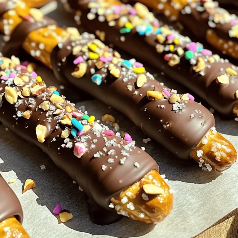 To make chocolate dipped pretzels, you need a few simple items. Here’s the list of ingredients: - 1 cup pretzel rods or twists - 1 cup semi-sweet chocolate chips - 1 tablespoon coconut oil (or shortening) - 1/2 cup crushed nuts (almonds, peanuts, or hazelnuts) - 1/4 cup colorful sprinkles (optional) - Sea salt (for sprinkling) Each ingredient plays a key role. The pretzels give that crunchy bite. The semi-sweet chocolate adds sweetness and richness. Coconut oil helps the chocolate melt smoothly, making it easy to dip. Crushed nuts add texture and flavor. Colorful sprinkles make the pretzels look fun and festive. A sprinkle of sea salt balances the sweet and salty taste. I love using different types of nuts based on mood. Almonds give a nice crunch. Peanuts add a classic touch. Hazelnuts bring a unique flavor. You can even skip the nuts if you prefer a simple treat. The possibilities are endless! For the best results, use high-quality chocolate chips. They melt better and taste richer. This recipe is easy to customize. You can mix and match toppings to fit any occasion. For the full recipe, check out the detailed instructions on creating these treats. To start, you need a clean baking sheet. Line it with parchment paper. This will stop the pretzels from sticking. It makes clean-up easy too. Make sure the paper covers the whole sheet. You want a smooth surface for your pretzels. Next, grab a microwave-safe bowl. Add 1 cup of semi-sweet chocolate chips and 1 tablespoon of coconut oil. The oil helps the chocolate melt smoothly. Microwave the bowl for 30 seconds. After that, take it out and stir. Repeat this until the chocolate is fully melted and shiny. Be careful not to overheat it. You want a nice, creamy texture. Now it’s time to dip! Hold a pretzel by one end and dip it into the melted chocolate. Let the extra chocolate drip back into the bowl. For a thicker layer, dip it a second time. While the chocolate is still wet, sprinkle on crushed nuts or colorful sprinkles. A little sea salt adds a nice touch too. Place each dipped pretzel on the lined baking sheet. Once all pretzels are done, put the sheet in the fridge for 30 minutes. This helps the chocolate harden. After they cool, you can enjoy your tasty creations or store them for later! For the complete recipe, check the Full Recipe section. To get smooth chocolate, use semi-sweet chocolate chips. Mix in one tablespoon of coconut oil. The oil helps the chocolate melt evenly. Melt the chocolate in a microwave-safe bowl. Heat it in 30-second bursts. Stir it well between each burst. This method prevents the chocolate from burning. Aim for a silky, glossy finish. When dipping pretzels, hold them by one end. Dip them straight into the chocolate. Let the excess chocolate drip off. You can dip again for a thicker layer. Place them on parchment paper right away. This helps them cool without sticking. Working in small batches is best. It keeps your chocolate warm and smooth. Get creative with your toppings! Crushed nuts, like almonds or peanuts, add crunch. Colorful sprinkles make them fun and festive. You can also use sea salt for a sweet-salty mix. Try crushed candies for a sweet twist. For a festive touch, use holiday-themed sprinkles and toppings. Each bite becomes a special treat! For more details, check out the Full Recipe. {{image_2}} You can use many types of chocolate for your pretzels. Semi-sweet chocolate is classic and rich. Dark chocolate gives a bold flavor, while milk chocolate adds sweetness. For a fun twist, try white chocolate. You can even combine chocolates for a layered effect. Just melt them as you do in the Full Recipe. The toppings are where you can get really creative. Crushed nuts add a nice crunch. You can choose almonds, peanuts, or hazelnuts. For a colorful touch, use sprinkles. Sea salt enhances the sweet and salty mix. Try adding coconut flakes for a tropical vibe. You can also use crushed candies for extra sweetness! You can change your pretzels with the seasons. For Halloween, use orange and black sprinkles. In winter, add peppermint bits or edible glitter for a festive look. For Valentine’s Day, pink and red sprinkles work wonders. These seasonal touches make your treats special and fun for any occasion! To keep your chocolate dipped pretzels fresh, use an airtight container. Place a piece of parchment paper between layers to avoid sticking. Store them at room temperature away from heat and light. This helps maintain their crunch and chocolate flavor. Chocolate dipped pretzels last about two weeks when stored properly. To check freshness, look for any signs of moisture or a change in texture. If they feel soft or chewy, it's time to enjoy them quickly. For best taste, eat them within the first week. If your pretzels lose some crunch, you can refresh them. Preheat your oven to 200°F (93°C). Spread the pretzels on a baking sheet and heat for about 10 minutes. This helps to restore their crispiness without melting the chocolate. Just let them cool before serving again. Follow the [Full Recipe] to make these tasty treats! It usually takes about 30 minutes for chocolate to harden on pretzels in the fridge. If you let them sit at room temperature, it may take longer. The chocolate will feel firm to the touch when it's ready. Keeping your kitchen cool can also help speed up the process. Yes, you can use white chocolate for dipping your pretzels. White chocolate adds a sweet and creamy taste. Just melt it in the same way as semi-sweet chocolate. You can also mix in some food coloring for fun colors! You can find chocolate-dipped pretzels at many stores. Check the candy aisle or bakery section. Online shops also sell them, often in various flavors. If you want a special treat, try local bakeries or specialty candy shops. You learned how to make tasty chocolate-dipped pretzels today. We covered the key ingredients, step-by-step instructions, and helpful tips. You can add your favorite toppings and try different chocolates. Remember to store them properly to keep them fresh. Enjoy creating these snacks for yourself or as gifts. Your creativity can make each batch unique. Now, go ahead and make these fun treats!