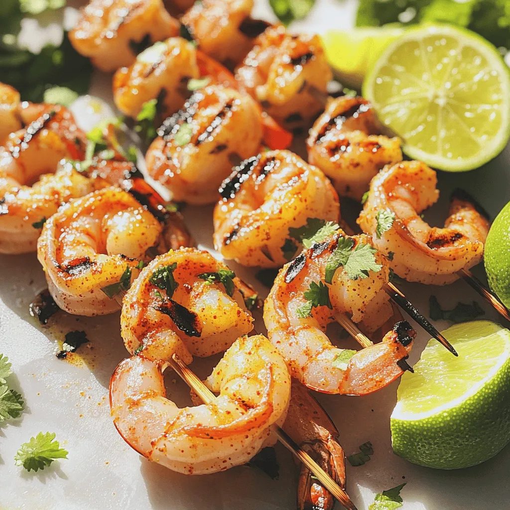 - 1 pound large shrimp, peeled and deveined - 3 tablespoons olive oil - 2 tablespoons fresh lime juice - 1 tablespoon chili powder - 1 teaspoon cumin - 1 teaspoon garlic powder - 1 teaspoon onion powder - 1/2 teaspoon salt - 1/4 teaspoon black pepper - Zest of 1 lime - Fresh cilantro, chopped for garnish - Lime wedges, for serving Each ingredient plays a key role. The shrimp should be large for a juicy bite. Olive oil adds richness and helps flavors stick. Fresh lime juice brings brightness. Chili powder gives it that spicy kick. Cumin adds warmth, while garlic and onion powders deepen the taste. Salt and pepper balance everything, and lime zest adds a fresh zing. Always choose fresh shrimp. Look for shrimp that smell clean, not fishy. The shells should be shiny and firm. If using frozen shrimp, ensure they are thawed before cooking. Fresh lime juice makes a big difference, so avoid bottled juice. For the best flavor, use fresh spices, as they will boost your dish. To start, you need to marinate the shrimp. In a large bowl, mix together: - 3 tablespoons olive oil - 2 tablespoons fresh lime juice - 1 tablespoon chili powder - 1 teaspoon cumin - 1 teaspoon garlic powder - 1 teaspoon onion powder - 1/2 teaspoon salt - 1/4 teaspoon black pepper - Zest of 1 lime Whisk all these ingredients until they blend well. Next, add 1 pound of large shrimp that are peeled and deveined. Toss them gently in the marinade until they are fully coated. Cover the bowl and place it in the fridge. Let the shrimp sit for at least 30 minutes. If you have time, keep them in the marinade for up to 1 hour. This step packs in the flavor! While the shrimp are marinating, it's time to prep the grill. Preheat it to medium-high heat. This usually takes about 10 minutes. If you're using wooden skewers, soak them in water for at least 30 minutes. This prevents them from burning on the grill. Make sure the grill grates are clean. You can brush them with oil to avoid sticking. Now, it's time to cook the shrimp! Thread the marinated shrimp onto the skewers. Place the skewers on the hot grill. Cook the shrimp for 2-3 minutes on each side. The shrimp should turn pink and opaque when done. Be careful not to overcook them; they can become tough. Once cooked, remove the skewers from the grill. Let the shrimp rest for a couple of minutes before serving. Enjoy your flavorful chili lime grilled shrimp! For the full recipe, check out the details provided above. To grill shrimp just right, follow a few key steps. First, make sure your grill is hot. Preheat it to medium-high heat. This helps the shrimp cook fast and keeps them juicy. Use skewers to hold the shrimp. If you use wooden skewers, soak them in water first. This helps them not burn on the grill. You can tell shrimp are done when they turn pink and opaque. Each side takes about 2-3 minutes on the grill. If you poke a shrimp and it feels firm, it’s ready. If it looks gray or feels soft, it needs more time. Be careful not to overcook. Overcooked shrimp can become tough and chewy. Chili lime grilled shrimp are great with many sides. You can serve them with rice, salad, or tacos. They also taste amazing with a fresh salsa or guacamole. For a special touch, add some fresh cilantro on top. Lime wedges are perfect for squeezing over the shrimp before eating. For the full recipe, check the earlier section. {{image_2}} You can change the flavor of chili lime grilled shrimp easily. Try using different spices. For a sweet twist, add honey or brown sugar to the marinade. You can also use smoked paprika for a deep, rich flavor. If you like heat, add cayenne pepper or hot sauce. Fresh herbs can also change the taste. Try using basil or mint for a fresh take. If you don't have shrimp, chicken or fish works well. Just adjust cooking times. You can swap olive oil for avocado oil. Lime juice is key, but lemon juice is a good alternative. If you don't have chili powder, mix paprika with cayenne pepper. Garlic and onion powders can be replaced with fresh garlic and onions for a bolder flavor. Chili lime grilled shrimp pairs well with many sides. Serve it with rice or quinoa for a filling meal. Fresh salads make a great match too. Try a corn salad or a simple green salad. For a hearty option, serve with grilled veggies or baked potatoes. Don't forget to squeeze more lime on top for extra zing! For the full recipe, check out the [Full Recipe]. To keep your chili lime grilled shrimp fresh, place leftovers in an airtight container. You can store them in the fridge for up to three days. Make sure the shrimp cool down to room temperature first. This helps keep the texture nice and prevents condensation. If you want to save your shrimp for later, freezing is a great option. Place the cooled shrimp in a freezer-safe bag. Squeeze out the air and seal the bag tightly. You can freeze them for up to three months. When you’re ready to eat, just thaw them in the fridge overnight. Reheating is easy! Use a skillet on low heat. Add a tiny bit of olive oil to keep them moist. Stir gently until they’re heated through. You may also use the microwave, but be careful not to overcook them. Heat in short bursts of 30 seconds, checking often. Enjoy your tasty leftovers! Yes, you can use frozen shrimp. Just thaw them before cooking. Place them in the fridge overnight or run cold water over them. This keeps them fresh and tasty. Make sure they are peeled and deveined for easy cooking. Chili lime grilled shrimp pairs well with many sides. Here are some ideas: - Rice or quinoa for a filling base - Grilled vegetables for added color - Fresh salad for a crisp bite - Warm tortillas for a fun wrap - Avocado slices for creaminess These options add flavor and balance to your meal. The spice level in this recipe is mild to medium. The chili powder adds warmth but not heat. You can adjust the spice by adding more chili powder or fresh jalapeños. If you prefer less spice, just cut back on the chili powder. This way, everyone can enjoy the dish. For a more fiery kick, try adding hot sauce or crushed red pepper. In this blog post, we covered key ingredients, step-by-step instructions, and helpful tips for grilling shrimp. Freshness and quality matter for the best taste. I shared variations to keep things fun and creative. Proper storage ensures your leftovers last longer. Grilling shrimp can be easy and tasty, even for beginners. With practice, you'll create delicious meals everyone will love. Enjoy the process and experiment with your own flavors!