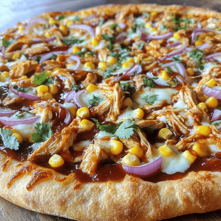 For your BBQ Chicken Pizza, you will need: - 1 pre-made pizza dough - 1 cup cooked chicken, shredded - 1/2 cup BBQ sauce (your choice of flavor) - 1 cup shredded mozzarella cheese - 1/2 cup red onion, thinly sliced - 1/2 cup corn kernels (fresh or canned) - 1/4 cup cilantro or parsley, chopped - 1 tablespoon olive oil - Salt and pepper to taste - Optional: 1/4 cup sliced jalapeños for heat Choosing the right ingredients makes a big difference. Here are some tips: - Pizza Dough: Look for dough that is fresh and easy to work with. You can buy it at the store or make your own. - Chicken: Use rotisserie chicken for a quick option. If you cook your own, season it well. - BBQ Sauce: Try different flavors. A sweet sauce works well with the cheese and chicken. - Cheese: Always go for fresh mozzarella. It melts well and adds great flavor. - Vegetables: Select fresh red onions and corn. Fresh veggies enhance the taste and texture. You can swap some ingredients if needed: - Pizza Dough: Use naan or pita bread for a quick base. - Chicken: Tofu or tempeh can replace chicken for a vegetarian option. - BBQ Sauce: Try teriyaki or a spicy chili sauce for a different twist. - Mozzarella Cheese: Cheddar or gouda can work if you want a stronger taste. - Red Onion: Use green onions for a milder flavor. This recipe is flexible, so feel free to get creative! For the full recipe, refer to the detailed cooking guide. Start by preheating your oven to 475°F (245°C). This high heat gives the pizza a great crust. If your oven can't reach this, just set it to the highest setting. While the oven warms up, take your pre-made pizza dough. Roll it out on a lightly floured surface to your favorite thickness. Then, place the dough on a greased baking sheet or pizza stone. In a mixing bowl, combine one cup of shredded chicken with half a cup of BBQ sauce. Stir well until the chicken is fully coated. This mix adds flavor and moisture to the pizza. You can choose any BBQ sauce you like. Feel free to taste it and adjust as needed. You might want more sauce for extra flavor. Now it’s time to build your pizza. Spread a thin layer of BBQ sauce over the dough, leaving half an inch around the edges for the crust. Next, evenly place the saucy chicken on top. Add one cup of shredded mozzarella cheese over the chicken, then sprinkle on half a cup of thinly sliced red onion and half a cup of corn kernels. If you like heat, add sliced jalapeños as well. Once it’s assembled, slide your pizza into the preheated oven. Bake for about 12-15 minutes. Look for bubbly, golden cheese and a crispy crust. After baking, take it out and sprinkle chopped cilantro or parsley on top for a fresh finish. Enjoy your very own BBQ chicken pizza! You can find the Full Recipe in this article for more details. To get that perfect crust, start with good dough. I prefer pre-made pizza dough for ease. Roll it out on a floured surface. Make it as thick or thin as you like. A thinner crust will get crispy. A thicker crust will be chewy. Make sure to use a hot oven. Preheat it to 475°F (245°C). This helps the crust rise and brown nicely. If you have a pizza stone, use it. It holds heat well and gives a great crust. Always grease your baking sheet or stone with olive oil to prevent sticking. To boost flavor, think beyond just BBQ sauce. You can add spices to the chicken mix. A pinch of smoked paprika or garlic powder makes a big difference. For a twist, use different BBQ sauces for unique tastes. Sweet, spicy, or tangy can change the whole vibe. Don’t forget the toppings! Fresh ingredients like red onion and corn add crunch and sweetness. If you want heat, jalapeños are a perfect choice. For freshness, sprinkle cilantro or parsley after baking. It adds color and brightens the dish. Presentation matters! Cut your pizza into even slices for a nice look. Serve it on a wooden board for a rustic feel. Add a small bowl of extra BBQ sauce for dipping. This makes it fun for guests. You can also garnish with fresh herbs. A light sprinkle of cilantro or parsley can make your pizza pop. Serve it with a side salad for a complete meal. A simple arugula salad pairs well with the rich flavors of BBQ chicken pizza. {{image_2}} You can easily turn BBQ chicken pizza into a vegetarian delight. Start by swapping the chicken for roasted vegetables. Use bell peppers, zucchini, or mushrooms. These veggies add great flavor. Mix in your favorite BBQ sauce to coat them well. Use the same cheese on top, or try a vegan cheese option. This version remains tasty and satisfying. If you love heat, add sliced jalapeños to your pizza. They pair well with the BBQ sauce. You can also sprinkle some crushed red pepper flakes for extra spice. Another option is to use a spicy BBQ sauce instead of regular. This adds a nice kick and flavor depth. You can adjust the heat level to your taste. Using fresh, seasonal ingredients can make your pizza shine. In summer, add fresh corn or tomatoes for sweetness. In fall, consider roasted butternut squash or pumpkin. These ingredients give your pizza a unique twist. You can also use herbs like basil or arugula to top the pizza after baking. This adds freshness and vibrant color to the dish. For more details on the basic recipe, check the Full Recipe. To store leftover BBQ chicken pizza, let it cool first. Once cooled, wrap each slice in plastic wrap. You can also put the slices in an airtight container. Make sure to store it in the fridge. It stays good for up to three days. Proper storage keeps the pizza fresh and tasty. To reheat, use an oven for the best taste. Preheat your oven to 375°F (190°C). Place the pizza on a baking sheet. Heat for about 10-15 minutes. Check that the cheese is bubbly and hot. You can also use a skillet. Place the slice in the skillet over low heat. Cover it with a lid for 5-7 minutes. This method helps keep the crust crispy. If you want to freeze BBQ chicken pizza, do this before baking. Assemble the pizza but do not bake it. Wrap it tightly in plastic wrap and foil. Label it with the date. It can stay in the freezer for up to three months. To bake, thaw it in the fridge overnight. Then bake it as you normally would. Enjoy the fresh taste even after freezing! BBQ chicken pizza stands out with its smoky, sweet, and tangy flavors. The blend of BBQ sauce and chicken creates a rich taste that everyone enjoys. You can customize it with your favorite toppings. The crispy crust adds a delightful crunch. This pizza is fun and easy to share at gatherings. Yes, you can use homemade BBQ sauce! Making your own sauce lets you control the taste. You can add spices or sweetness to match your liking. A simple mix of ketchup, vinegar, and spices works great. Just make sure it’s thick enough to coat the chicken. This option adds a personal touch to your pizza. BBQ chicken pizza pairs well with simple sides. A fresh salad can balance the rich flavors. Try a coleslaw for a crunchy and creamy side. Grilled vegetables also complement the pizza nicely. For drinks, a light beer or iced tea enhances the meal. These pairings round out your dining experience beautifully. You now have all the tools to make BBQ chicken pizza at home. We've covered key ingredients, step-by-step baking, and tips for the perfect crust. Explore tasty variations, from vegetarian options to spicy twists. Don't forget how to store leftovers and reheat them so they taste fresh. This pizza is not just a meal; it’s a fun way to impress family and friends. Enjoy making your BBQ chicken pizza, and share it with those you love.