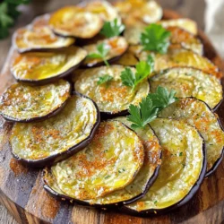 - 1 large eggplant, thinly sliced - 2 tablespoons olive oil - 1 teaspoon garlic powder - 1 teaspoon onion powder - 1 teaspoon smoked paprika - ½ teaspoon salt - ½ teaspoon black pepper - Optional: ¼ teaspoon cayenne pepper for heat - Fresh herbs for garnish (such as parsley or basil) Using fresh, high-quality ingredients is key. The eggplant should be firm and shiny. Look for smooth skin without blemishes. Quality olive oil enhances flavor and health benefits. Fresh herbs add brightness to your chips. Always choose spices that are fragrant and fresh for the best taste. You can swap olive oil for avocado oil or coconut oil if you prefer. Garlic powder can be replaced with fresh minced garlic. If you dislike paprika, try chili powder for a different kick. You can also use sea salt instead of regular salt for a more complex flavor. For a gluten-free option, ensure all spices are certified gluten-free. - Preheat your oven to 400°F (200°C). - Rinse and dry the eggplant slices. - Optional: Sprinkle salt and let sit to draw out moisture. To prep the eggplant, I start by preheating my oven. A hot oven helps the chips get crispy. Then, I rinse the eggplant slices under cold water and pat them dry with a towel. If you want to remove some moisture, sprinkle them lightly with salt. Let them sit for about 20 minutes. This step helps them crisp up nicely later. - Combine olive oil and spices in a bowl. - Toss the eggplant slices in the mixture. Next, I mix olive oil with spices in a big bowl. I use garlic powder, onion powder, smoked paprika, salt, and black pepper. If you like a bit of heat, add cayenne pepper too. Then, I toss the eggplant slices in this mixture. Make sure each slice is covered well. This will give your chips a lot of flavor. - Arrange coated slices on a baking sheet. - Baking time and tips for crispiness. Now, I lay the coated slices on a baking sheet lined with parchment paper. It’s important to put them in a single layer. If they overlap, they won’t get crispy. I bake them for 20-25 minutes. Halfway through, I flip the slices to ensure even cooking. Keep an eye on them. They should turn golden brown and crispy. Once they’re out of the oven, let them cool a bit. If you want, add fresh herbs for a nice touch. For the full recipe, check out the details above. The right slice makes all the difference. Use a sharp knife or a mandoline. A mandoline gives even slices quickly. Aim for slices about 1/8 inch thick. This thickness ensures they crisp up well. Thicker slices may not get as crispy and can be chewy. Spice can turn your chips into a tasty treat. Try mixing garlic powder, onion powder, and smoked paprika. For a kick, add cayenne pepper. You can also sprinkle cheese on top before baking. Fresh herbs like parsley or basil add a nice touch after baking. Experiment with flavors to find your favorite. Soggy chips can be a problem. To avoid this, make sure to dry the eggplant well. Letting them sit with salt helps draw out moisture. Arrange the slices in a single layer on the baking sheet. Flip them halfway through baking to ensure even crisping. If you prefer them thicker, adjust your bake time as needed. {{image_2}} You can use many eggplant types to make chips. The common globe eggplant gives great results. Japanese eggplants are smaller and sweeter. They can add a nice twist to your chips. Try Italian or Indian varieties for a different taste. Coating methods also matter. You can use breadcrumbs for extra crunch. Panko breadcrumbs are light and crispy. You can mix in some grated cheese for more flavor. This gives your chips a cheesy, savory kick. Eggplant chips can be sweet or savory. If you want sweet chips, sprinkle a little cinnamon or sugar. This makes a fun snack for kids. For savory chips, try adding spices like cumin or chili powder. Regional spices can bring new life to your eggplant chips. For example, Italian herbs like oregano or basil work well. You can also add za'atar for a Middle Eastern twist. The options are endless! Dips and salsas can make your eggplant chips shine. Try serving them with a cool yogurt dip. Hummus is also a great choice. It adds creaminess and flavor. You can also use eggplant chips in meals. Crumble them over salads for crunch. They make great toppings for soups too. Get creative and enjoy your crispy, flavorful snack! To keep your baked eggplant chips fresh, store them in an airtight container. This helps prevent moisture from making them soggy. You can use a glass jar or a plastic container with a tight seal. If you have leftovers, let them cool completely before sealing them up. This way, they won’t trap steam, which can ruin their crispiness. When you're ready to enjoy your chips again, reheat them in the oven. Preheat it to 350°F (175°C). Spread the chips in a single layer on a baking sheet. Heat them for about 5 to 10 minutes. This method helps keep your chips crispy, giving them a fresh-baked taste. Avoid microwaving, as it can make them chewy. You may wonder if you can freeze baked eggplant chips. The answer is yes, but there's a catch. Freezing can change their texture. If you want to freeze them, make sure they are fully cooled. Place them in a freezer-safe bag or container. Try to remove as much air as possible. For best results, eat them within a month. When you’re ready to eat, thaw them in the fridge and reheat in the oven. To make your eggplant chips crispy, follow these tips: - Slice thinly: Aim for slices about 1/8 inch thick. - Remove moisture: After slicing, sprinkle salt and let them sit for 20 minutes. This step draws out moisture. Pat them dry after. - Single layer: Place slices on the baking sheet without overlapping. This helps them crisp up. - Flip halfway: Turn the chips over during baking for even crispiness. These steps will help you achieve that satisfying crunch! Yes, you can make baked eggplant chips ahead of time. Store them in an airtight container. They can stay fresh for up to three days. However, they may lose some crispness. To crisp them up again, reheat in the oven for a few minutes. This makes them taste freshly baked! Baked eggplant chips are generally healthier than potato chips. They use less oil and have fewer calories. Eggplants are rich in fiber and antioxidants, too. This makes them a nutritious snack choice. You can enjoy them without the guilt! Eggplant chips taste great with many dips! Here are some tasty options: - Hummus: Creamy and rich for a good match. - Guacamole: Adds a fresh twist. - Yogurt dip: Mix Greek yogurt with herbs and lemon for a zesty flavor. - Salsa: A spicy kick pairs well. Try these dips for a flavorful snack experience! For the full recipe, refer to the detailed instructions provided above. Enjoy your cooking! Baked eggplant chips are a fun and healthy snack. We covered ingredients, prep, and variations. Remember, using quality ingredients makes a big difference. Once you've baked them, store any leftovers properly to keep them fresh. Experiment with flavors and dips to find your favorite. Keep trying new methods to create the best eggplant chips for you. Enjoy the crunch and the joy of cooking!