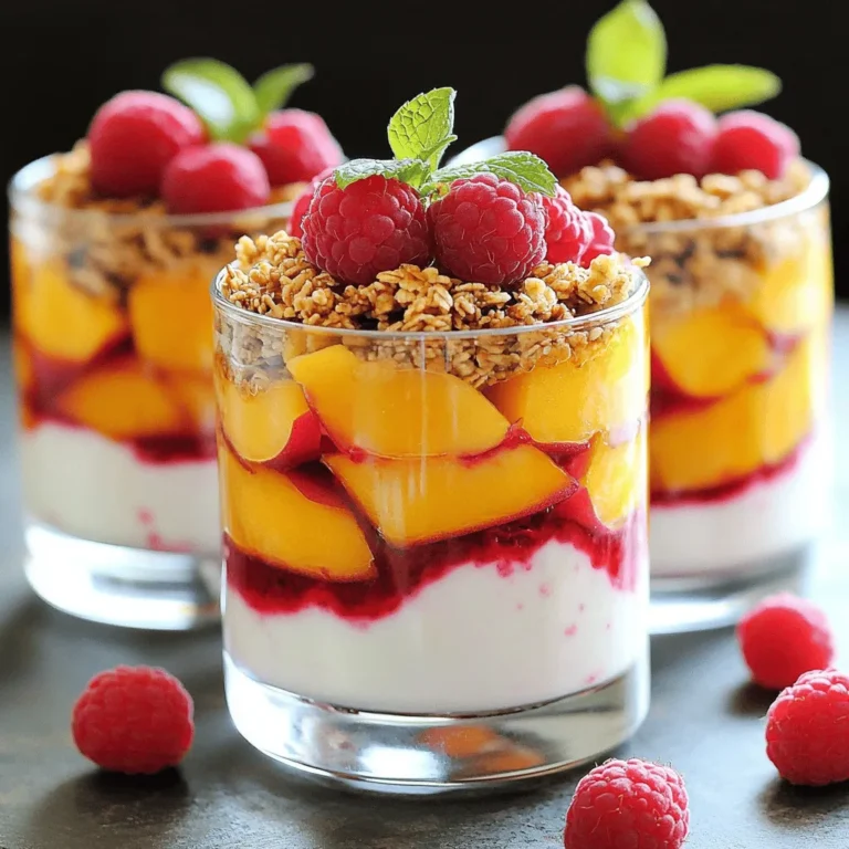 - 2 ripe peaches, peeled and sliced - 1 cup raspberries (fresh or frozen) - 2 tablespoons honey or maple syrup - 1 teaspoon vanilla extract - 1 cup Greek yogurt (plain or vanilla) - 1 cup granola - Mint leaves for garnish (optional) Gather these ingredients to create a tasty treat. The ripe peaches bring sweetness and a lovely color. Raspberries add a nice tartness that balances the dish. Honey or maple syrup sweetens without overpowering. The Greek yogurt gives creaminess and protein, making it healthy. Granola adds crunch and texture, while mint leaves make a lovely garnish. Each layer will not only taste great but also look beautiful. You can find the full recipe for Peach Melba Parfait in the earlier section. Enjoy the process of mixing flavors and creating your masterpiece! Step 1: Cooking the Peaches and Raspberries Start by washing the peaches and raspberries. Peel the peaches and slice them. Use a small saucepan and set it on medium heat. Add the sliced peaches and half of the raspberries to the pan. Pour in the honey or maple syrup. Cook this mixture until it bubbles and the peaches soften, which takes about 5 to 7 minutes. Once done, remove it from heat and let it cool. Step 2: Flavoring the Greek Yogurt Now, grab a bowl for the Greek yogurt. Add one cup of Greek yogurt to the bowl. Pour in the teaspoon of vanilla extract. This step gives the yogurt a sweet flavor. Mix it well until the yogurt is smooth and creamy. Step 3: Layering the Ingredients It's time to build your parfait! Take serving glasses or bowls and start with a spoonful of the flavored Greek yogurt at the bottom. Next, add a layer of the cooked peach and raspberry mix over the yogurt. Then, sprinkle a layer of granola on top. Repeat this layering until you fill the glasses. Finish with a layer of yogurt on top. For a nice touch, place a few fresh raspberries on the top layer and add a mint leaf if you like. That’s it! You now have a Peach Melba Parfait ready to enjoy. For more details, check out the Full Recipe. Tip 1: Choosing the Right Peaches Select ripe peaches for the best flavor. Look for peaches that yield slightly when you press them. They should have a sweet aroma. If you can't find ripe ones, let them sit at room temperature for a few days. Tip 2: Achieving the Ideal Layering Technique Layering makes your parfait look great and adds texture. Start with yogurt, then add the peach and raspberry mix. Follow with granola for crunch. Repeat until your glass is full. Make sure to finish with yogurt for a neat look. Tip 3: Customizing Sweetness Levels You can adjust the sweetness to fit your taste. If you like it sweeter, add more honey or maple syrup. If you prefer less sugar, use plain yogurt and skip the sweeteners. Taste as you go to find what you love best. For the full recipe, check out the Peach Melba Parfait section. Enjoy making this tasty treat! {{image_2}} Variation 1: Substituting Yogurt for Dairy-Free Options If you want a dairy-free parfait, use coconut or almond yogurt. Both have a creamy texture. They add a delicious flavor that pairs well with peaches and raspberries. This swap keeps the parfait just as tasty. Variation 2: Adding Different Fruits or Nuts You can mix and match fruits to your liking. Try adding bananas, strawberries, or blueberries. Each fruit brings its own unique taste. You may also add nuts like almonds or walnuts for crunch. They give extra texture and flavor. Variation 3: Incorporating Flavored Yogurts or Granola Using flavored yogurt can change the taste of your parfait. Vanilla or berry yogurts add extra sweetness and depth. You can also choose different granola flavors. This simple change makes each parfait unique and fun. For the complete recipe, check out the Full Recipe section. It provides steps to make your Peach Melba Parfait delicious and easy. Storage Method: Refrigeration Tips Keep your Peach Melba parfaits in the fridge. Use airtight containers to keep them fresh. If you have layered parfaits, store them as is. This method saves time and keeps flavors intact. Shelf Life: How Long They Last When stored properly, your parfaits last up to three days. After that, the fruit may lose its texture. You want to enjoy them while they are still fresh and tasty. Reassembling After Storage If you notice some separation after storage, don’t worry. Just stir the parfait gently to mix it. You can also add a fresh layer of yogurt or granola. This refreshes the taste and keeps it exciting. For more details, check the Full Recipe. Can I make Peach Melba Parfaits in advance? Yes, you can make these parfaits ahead of time. Just layer the ingredients in jars or cups. Cover them well and place them in the fridge. They taste great for up to two days. The layers may blend a little, but the flavor stays rich. What can I use instead of granola? If you want a swap for granola, try crushed nuts, seeds, or oats. You can also use crushed cookies for a sweet twist. Each option adds unique flavors and textures. Choose what you like best for your parfait. How can I make this recipe vegan? To make a vegan version, switch Greek yogurt for coconut yogurt. Use maple syrup instead of honey for sweetness. Replace granola with a vegan-friendly option. These simple swaps keep the taste delicious while fitting a vegan diet. Check the Full Recipe for more details! You can create a tasty Peach Melba Parfait at home. We covered the ingredients, steps, and tips needed to make this delicious treat. You learned how to layer peaches, raspberries, Greek yogurt, and granola. Plus, I shared ways to customize your parfait. Don’t forget to store leftovers properly for later enjoyment. Making this parfait is fun and easy, so get started today. Trust me, it will be a hit! Enjoy your delicious, healthy dessert.