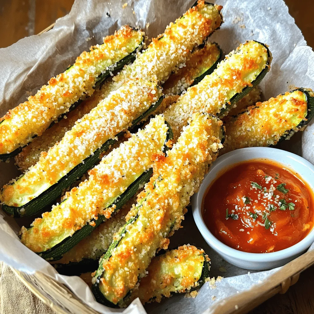 To make these tasty crispy Parmesan zucchini fries, gather these ingredients: - 2 medium zucchinis, cut into fries - 1 cup breadcrumbs (preferably panko for extra crunch) - ½ cup grated Parmesan cheese - 1 teaspoon garlic powder - ½ teaspoon onion powder - ½ teaspoon paprika - Salt and pepper to taste - 2 large eggs, beaten - Olive oil spray You will need some tools to make this recipe easier: - Baking sheet - Parchment paper - 2 shallow bowls - Knife and cutting board - Mixing spoon - Oven Each serving of crispy Parmesan zucchini fries has: - Calories: 210 - Protein: 10g - Carbohydrates: 25g - Fat: 9g - Fiber: 2g These fries are a healthier snack choice. They pack flavor without extra calories. Enjoy with your favorite dip for even more fun! For the complete recipe, check the Full Recipe section. To make crispy Parmesan zucchini fries, start with fresh zucchinis. Wash them well, then slice them into fry shapes. Aim for a uniform size for even cooking. Use two bowls for the next steps. In one bowl, mix breadcrumbs, Parmesan cheese, garlic powder, onion powder, paprika, salt, and pepper. This mix gives flavor and crunch. In the second bowl, beat two eggs until smooth. This helps the coating stick. Now, dip each zucchini fry into the beaten eggs first. Make sure it’s fully coated. Next, roll it in the breadcrumb mix. Press gently to make sure the crumbs stick well. Place all coated fries on a baking sheet lined with parchment paper. This keeps them from sticking. Spray the tops lightly with olive oil spray. This step helps them get golden and crispy. Bake in a preheated oven at 425°F (220°C) for 18 to 20 minutes. Flip the fries halfway through cooking. This ensures they brown evenly. For the best crispiness, don’t crowd the fries on the baking sheet. Give them space to breathe. If you have extra zucchini, bake in batches. Always keep an eye on them in the last few minutes. Oven times can vary, so check for a golden brown color. After baking, let them cool for a few minutes. This helps them firm up a bit more. Serve them warm with your favorite dipping sauce. For more details, refer to the Full Recipe. To get that perfect crunch, use panko breadcrumbs. They are light and airy, giving your fries a nice texture. Make sure to coat the zucchini well in the egg before rolling it in the breadcrumbs. This helps the crumbs stick better. Also, spray the tops with olive oil spray. It helps them crisp up nicely in the oven. One common mistake is overcrowding the baking sheet. If the fries are too close, they will steam instead of crisp. Another mistake is not flipping them halfway through cooking. Flipping ensures even cooking and color. Lastly, don’t skip the salt. It brings out the flavors in the zucchini. You can boost the flavor by adding spices. Try a pinch of cayenne for heat or Italian herbs for a classic touch. Fresh herbs like parsley can add brightness too. For a cheesy kick, sprinkle more Parmesan on top before serving. Dipping sauces like marinara or ranch make great pairings. Check the Full Recipe for more details on preparing these tasty fries! {{image_2}} You can change the coating for more fun. Instead of breadcrumbs, try crushed nuts. Almonds or pecans add a nice crunch. You can also use cornmeal for a different texture. If you like spice, add some cayenne pepper to the mix. This gives a kick to every bite. Enhance the flavor with spices and herbs. Try adding Italian seasoning for a classic touch. Basil, oregano, or thyme work great too. For a zesty twist, mix in some lemon zest. You can even sprinkle a little chili powder for heat. Be creative! The right blend makes every fry special. Serve your zucchini fries hot and crispy. They pair well with marinara or ranch dressing. For a fresh twist, try tzatziki sauce or aioli. You can add a sprinkle of fresh herbs on top to impress your guests. Serve them in a basket for a fun, casual feel. Check out the Full Recipe for more ideas! To keep your crispy zucchini fries fresh, store them in an airtight container. Place a paper towel at the bottom to absorb moisture. This helps maintain their crispiness. Store them in the fridge for up to three days. If you want to enjoy them later, freezing is a great option. When you're ready to eat your leftovers, reheating properly is key. Preheat your oven to 400°F (200°C). Place the fries on a baking sheet in a single layer. Bake for about 10 minutes until they are warm and crisp again. Avoid using the microwave, as it can make them soggy. To freeze your crispy zucchini fries, first let them cool completely. Arrange them in a single layer on a baking sheet and freeze for about one hour. After they are frozen solid, transfer them to a freezer-safe bag or container. They will stay fresh for up to three months. When ready to cook, bake from frozen, adding a few extra minutes to the cooking time. For the full recipe, check out the earlier section! Yes, you can! To make crispy Parmesan zucchini fries gluten-free, simply use gluten-free breadcrumbs. Many brands offer tasty options that work well. You can also crush gluten-free crackers or use ground almonds as a fun twist. To make these fries healthier, you can reduce the amount of cheese. Try using a lighter cheese or skip it altogether. You can also bake them without oil spray. Instead, use a light brush of olive oil for flavor. Pair them with fresh veggies or a salad on the side for a balanced meal. Some great dips include marinara sauce, ranch dressing, or tzatziki. You can also try a spicy sriracha mayo for a kick. Each dip adds a unique flavor, so feel free to mix and match to find your favorite! Here’s a quick look at the full recipe for crispy Parmesan zucchini fries: - Ingredients: 2 medium zucchinis, 1 cup breadcrumbs, ½ cup grated Parmesan cheese, 2 large eggs, and more. - Preparation: Preheat oven, mix coatings, dip zucchini fries, and bake. - Cooking Time: About 20 minutes for crispy perfection. This overview gives you all the key points to get started on this tasty snack! This post covered everything you need for Crispy Parmesan Zucchini Fries. We explored the key ingredients, tools, and nutritional facts, ensuring you're well-prepared. The step-by-step instructions made cooking simple, while the tips and tricks help you get that perfect crisp. We looked at fun variations and smart storage tips too. Remember, you can adapt this recipe to fit your tastes. Now, enjoy your delicious fries and impress your friends!