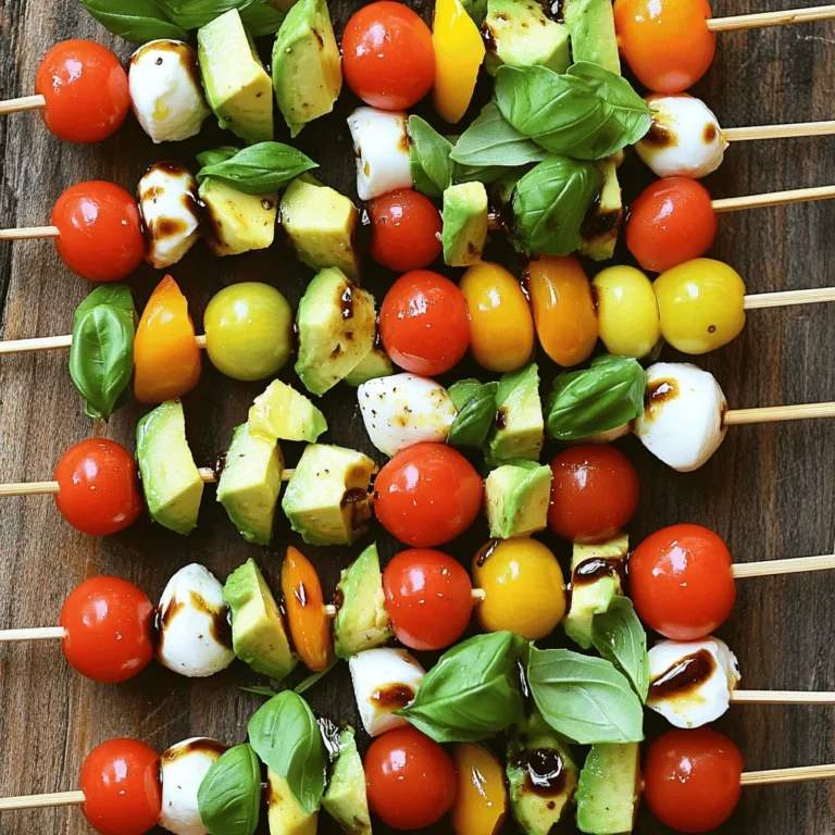 - Cherry tomatoes - Fresh mozzarella balls - Fresh basil leaves - Diced avocado - Balsamic glaze - Olive oil - Salt and pepper - Wooden skewers For making Caprese salad skewers, you need fresh, simple ingredients. Each item adds a unique taste and texture. Cherry tomatoes are sweet and juicy. They provide a bright pop of color. Fresh mozzarella balls are creamy and soft. They pair well with the tomatoes. Fresh basil leaves add an aromatic touch. Their flavor shines through in every bite. Diced avocado brings a creamy richness. It also adds healthy fats to the skewers. Balsamic glaze is tangy and sweet. It enhances the flavors beautifully. Olive oil adds depth and richness. Use it to coat the avocado to keep it fresh. Don't forget salt and pepper to taste. They bring out the natural flavors of each ingredient. Lastly, wooden skewers are essential for assembly. They make the skewers easy to serve and eat. With these ingredients, you can create a fresh, flavorful snack. For the full recipe, check out the detailed steps. Enjoy the burst of flavors in every bite! - Rinse the cherry tomatoes and basil leaves under cold water. Pat them dry with a towel. This step keeps them fresh and clean. - Dice the avocado into small pieces. Place them in a bowl. Drizzle with olive oil and sprinkle salt and pepper. This helps stop browning. Toss gently to coat each piece. - Now, it’s time to assemble the skewers. Take a wooden skewer and thread one cherry tomato, one mozzarella ball, a basil leaf, and a spoonful of the seasoned avocado. Repeat this until the skewer is full or until you run out of ingredients. - Finish each skewer with another cherry tomato on the end. This adds color and makes it look nice. - Once all skewers are ready, drizzle balsamic glaze over them. This adds a sweet and tangy flavor that makes each bite special. When you prepare these skewers, consider taking photos or making a video. Good lighting helps. Try to capture each step, especially the colorful assembly. Show the fresh ingredients and the final product. These images can inspire others to try making them too. Fresh ingredients are key to great taste. Use ripe tomatoes and fresh mozzarella for the best flavor. The basil should smell strong and fragrant. When skewering, keep the ingredients close together. This makes the skewers look fuller and more appealing. Arrange them neatly on a plate for serving, and don't forget to add a drizzle of balsamic glaze for that final touch. You can find the Full Recipe for these delightful Caprese Salad Skewers above. Enjoy the fun of making and sharing them! To make Caprese salad skewers even tastier, I recommend seasoning with sea salt and cracked pepper. These simple additions can bring out the fresh flavors. You can also try a splash of lemon juice for a zesty kick. If you want to switch things up, use a different dressing. A drizzle of pesto or a light vinaigrette can add a fun twist. You can mix it up and find what you like best. Making your skewers look great is key for any gathering. Arrange them in a circle on a platter for a fun display. You can also stand them up in a cup or a mason jar, which adds height and interest. For serving, consider pairing with a fresh bread basket or a bowl of olives. This creates a beautiful spread that will impress your guests. Let your creativity shine when you present these fresh and colorful skewers! {{image_2}} You can easily change the cheese in Caprese salad skewers. Try using feta or goat cheese for new flavors. If you want something creamier, consider burrata. For veggies, swap cherry tomatoes for roasted bell peppers or zucchini circles. Both add a nice twist. Want to add protein? Grilled chicken or shrimp works great! Just cut them into bite-sized pieces. You can also use marinated tofu for a plant-based option. This makes your skewers more filling and hearty. To make Caprese salad skewers vegan, skip the cheese. Use avocado or a vegan cheese alternative instead. You can also add nuts or seeds for extra texture and flavor. If you need gluten-free options, use wooden skewers, which are always gluten-free. Make sure any sauces or dressings are also gluten-free. Most balsamic glazes are safe, but check the label to be sure. These swaps and modifications keep your Caprese salad skewers fresh and exciting! Whether you're following a special diet or just want a new taste, these ideas help you enjoy this dish in many ways. For the full recipe, check out the Caprese Salad Skewers with a Twist section. To keep your Caprese salad skewers fresh, store them in an airtight container. Line the bottom with a paper towel. This helps absorb extra moisture. Place the skewers in a single layer if possible. If you have too many, consider stacking them with parchment paper in between. This prevents them from sticking together. They can last in the fridge for about two days. However, for the best taste, eat them within a day. You might wonder, can you freeze Caprese salad skewers? The answer is no. Freezing can ruin the texture of fresh ingredients. Tomatoes and mozzarella become mushy when thawed. Instead, prepare them fresh for the best flavor. If you need to save components, consider freezing the diced avocado separately. When you want to use it, thaw it in the fridge overnight. This way, you can still enjoy fresh skewers easily. To make Caprese Salad Skewers, you need to follow a few simple steps. First, rinse the cherry tomatoes and basil leaves. Pat them dry with a towel. Next, take an avocado and dice it. Drizzle the avocado with olive oil, adding salt and pepper. This keeps the avocado fresh. Now, grab some wooden skewers. On each skewer, you will thread one cherry tomato, a mozzarella ball, a basil leaf, and a spoonful of avocado. Repeat this until the skewer is full. End with another cherry tomato for a pop of color. Finally, drizzle balsamic glaze over the skewers for extra flavor. You can find the Full Recipe for more details. Yes, you can prepare Caprese Salad Skewers in advance. To do this, assemble the skewers a few hours before serving. Keep them in the fridge until you are ready to serve. If you make them too early, the avocado may brown. To prevent this, coat the avocado well with olive oil. You can also drizzle the balsamic glaze on right before serving. This keeps the skewers looking fresh. Caprese Salad Skewers pair well with many dishes and drinks. You can serve them with a light pasta salad or bruschetta. A fresh green salad also makes a great side. For drinks, consider serving white wine or sparkling water. These drinks enhance the fresh flavors of the skewers. They are a perfect snack for parties or gatherings! In this article, we explored how to make delicious Caprese Salad Skewers. I shared recipes, preparation steps, and storage tips. Fresh ingredients are key for great taste. Try different flavors by swapping ingredients or adding protein. Presentation matters, so get creative with your skewers. You can prepare these skewers ahead of time for any gathering. They are simple, tasty, and fun to make. Follow these steps, and enjoy a fresh twist on a classic dish. Happy cooking!