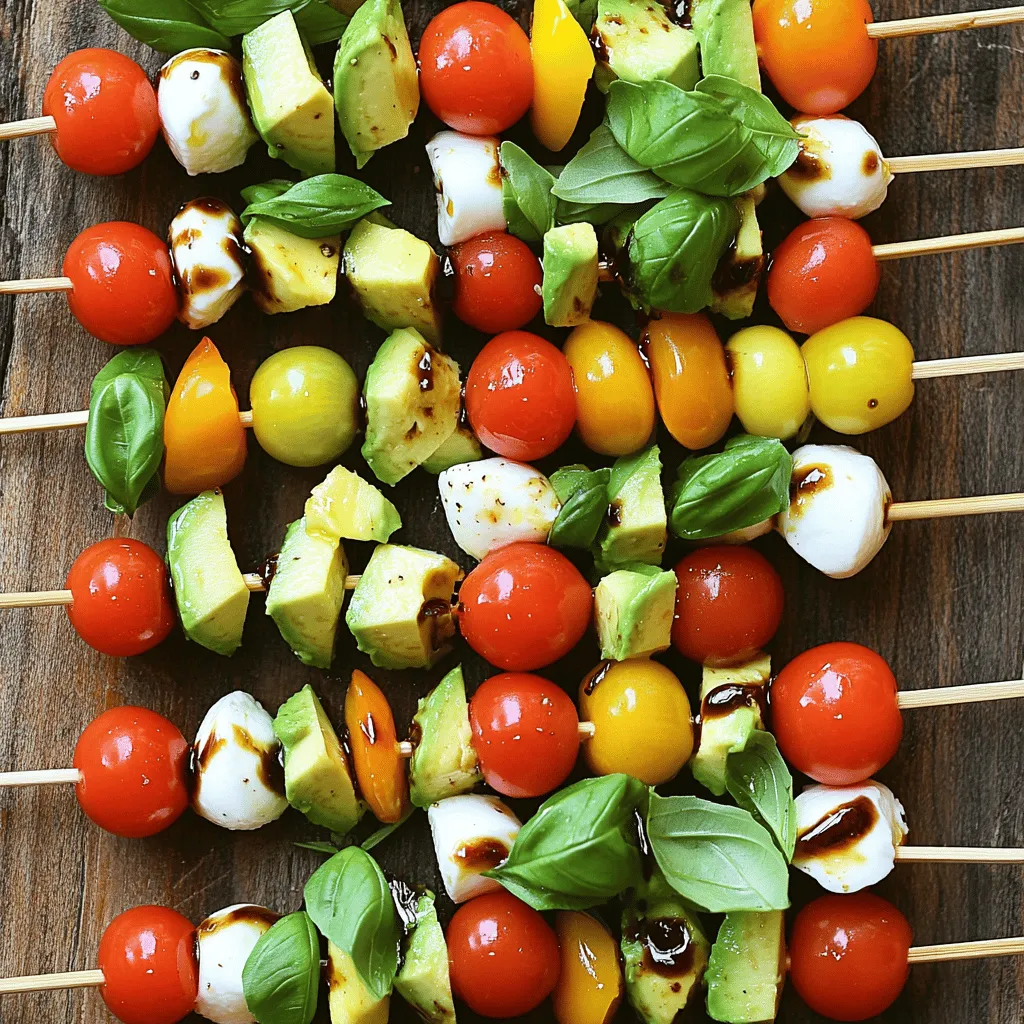 - Cherry tomatoes - Fresh mozzarella balls - Fresh basil leaves - Diced avocado - Balsamic glaze - Olive oil - Salt and pepper - Wooden skewers For making Caprese salad skewers, you need fresh, simple ingredients. Each item adds a unique taste and texture. Cherry tomatoes are sweet and juicy. They provide a bright pop of color. Fresh mozzarella balls are creamy and soft. They pair well with the tomatoes. Fresh basil leaves add an aromatic touch. Their flavor shines through in every bite. Diced avocado brings a creamy richness. It also adds healthy fats to the skewers. Balsamic glaze is tangy and sweet. It enhances the flavors beautifully. Olive oil adds depth and richness. Use it to coat the avocado to keep it fresh. Don't forget salt and pepper to taste. They bring out the natural flavors of each ingredient. Lastly, wooden skewers are essential for assembly. They make the skewers easy to serve and eat. With these ingredients, you can create a fresh, flavorful snack. For the full recipe, check out the detailed steps. Enjoy the burst of flavors in every bite! - Rinse the cherry tomatoes and basil leaves under cold water. Pat them dry with a towel. This step keeps them fresh and clean. - Dice the avocado into small pieces. Place them in a bowl. Drizzle with olive oil and sprinkle salt and pepper. This helps stop browning. Toss gently to coat each piece. - Now, it’s time to assemble the skewers. Take a wooden skewer and thread one cherry tomato, one mozzarella ball, a basil leaf, and a spoonful of the seasoned avocado. Repeat this until the skewer is full or until you run out of ingredients. - Finish each skewer with another cherry tomato on the end. This adds color and makes it look nice. - Once all skewers are ready, drizzle balsamic glaze over them. This adds a sweet and tangy flavor that makes each bite special. When you prepare these skewers, consider taking photos or making a video. Good lighting helps. Try to capture each step, especially the colorful assembly. Show the fresh ingredients and the final product. These images can inspire others to try making them too. Fresh ingredients are key to great taste. Use ripe tomatoes and fresh mozzarella for the best flavor. The basil should smell strong and fragrant. When skewering, keep the ingredients close together. This makes the skewers look fuller and more appealing. Arrange them neatly on a plate for serving, and don't forget to add a drizzle of balsamic glaze for that final touch. You can find the Full Recipe for these delightful Caprese Salad Skewers above. Enjoy the fun of making and sharing them! To make Caprese salad skewers even tastier, I recommend seasoning with sea salt and cracked pepper. These simple additions can bring out the fresh flavors. You can also try a splash of lemon juice for a zesty kick. If you want to switch things up, use a different dressing. A drizzle of pesto or a light vinaigrette can add a fun twist. You can mix it up and find what you like best. Making your skewers look great is key for any gathering. Arrange them in a circle on a platter for a fun display. You can also stand them up in a cup or a mason jar, which adds height and interest. For serving, consider pairing with a fresh bread basket or a bowl of olives. This creates a beautiful spread that will impress your guests. Let your creativity shine when you present these fresh and colorful skewers! {{image_2}} You can easily change the cheese in Caprese salad skewers. Try using feta or goat cheese for new flavors. If you want something creamier, consider burrata. For veggies, swap cherry tomatoes for roasted bell peppers or zucchini circles. Both add a nice twist. Want to add protein? Grilled chicken or shrimp works great! Just cut them into bite-sized pieces. You can also use marinated tofu for a plant-based option. This makes your skewers more filling and hearty. To make Caprese salad skewers vegan, skip the cheese. Use avocado or a vegan cheese alternative instead. You can also add nuts or seeds for extra texture and flavor. If you need gluten-free options, use wooden skewers, which are always gluten-free. Make sure any sauces or dressings are also gluten-free. Most balsamic glazes are safe, but check the label to be sure. These swaps and modifications keep your Caprese salad skewers fresh and exciting! Whether you're following a special diet or just want a new taste, these ideas help you enjoy this dish in many ways. For the full recipe, check out the Caprese Salad Skewers with a Twist section. To keep your Caprese salad skewers fresh, store them in an airtight container. Line the bottom with a paper towel. This helps absorb extra moisture. Place the skewers in a single layer if possible. If you have too many, consider stacking them with parchment paper in between. This prevents them from sticking together. They can last in the fridge for about two days. However, for the best taste, eat them within a day. You might wonder, can you freeze Caprese salad skewers? The answer is no. Freezing can ruin the texture of fresh ingredients. Tomatoes and mozzarella become mushy when thawed. Instead, prepare them fresh for the best flavor. If you need to save components, consider freezing the diced avocado separately. When you want to use it, thaw it in the fridge overnight. This way, you can still enjoy fresh skewers easily. To make Caprese Salad Skewers, you need to follow a few simple steps. First, rinse the cherry tomatoes and basil leaves. Pat them dry with a towel. Next, take an avocado and dice it. Drizzle the avocado with olive oil, adding salt and pepper. This keeps the avocado fresh. Now, grab some wooden skewers. On each skewer, you will thread one cherry tomato, a mozzarella ball, a basil leaf, and a spoonful of avocado. Repeat this until the skewer is full. End with another cherry tomato for a pop of color. Finally, drizzle balsamic glaze over the skewers for extra flavor. You can find the Full Recipe for more details. Yes, you can prepare Caprese Salad Skewers in advance. To do this, assemble the skewers a few hours before serving. Keep them in the fridge until you are ready to serve. If you make them too early, the avocado may brown. To prevent this, coat the avocado well with olive oil. You can also drizzle the balsamic glaze on right before serving. This keeps the skewers looking fresh. Caprese Salad Skewers pair well with many dishes and drinks. You can serve them with a light pasta salad or bruschetta. A fresh green salad also makes a great side. For drinks, consider serving white wine or sparkling water. These drinks enhance the fresh flavors of the skewers. They are a perfect snack for parties or gatherings! In this article, we explored how to make delicious Caprese Salad Skewers. I shared recipes, preparation steps, and storage tips. Fresh ingredients are key for great taste. Try different flavors by swapping ingredients or adding protein. Presentation matters, so get creative with your skewers. You can prepare these skewers ahead of time for any gathering. They are simple, tasty, and fun to make. Follow these steps, and enjoy a fresh twist on a classic dish. Happy cooking!