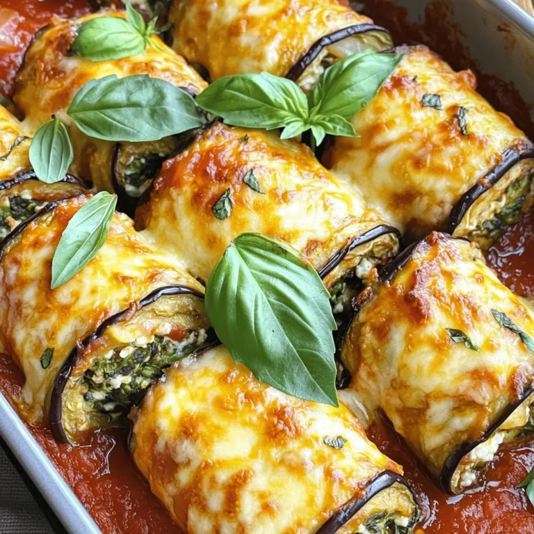 - 2 large eggplants - 1 cup ricotta cheese - 1 cup shredded mozzarella cheese - 1/2 cup grated Parmesan cheese - 1 cup fresh spinach, chopped - 2 cloves garlic, minced - 1 jar (24 oz) marinara sauce For my Baked Eggplant Rollatini, the eggplants are key. I use large ones, as they create perfect rolls. The cheeses bring richness and creaminess. Ricotta gives a soft texture, while mozzarella melts beautifully. Parmesan adds a nice, salty kick. Spinach and garlic are my favorite flavor pair. I sauté them together for a tasty filling. The marinara sauce ties everything together. It adds moisture and a depth of flavor. - 1 teaspoon dried oregano - 1 teaspoon salt - 1/2 teaspoon black pepper I love using dried herbs like oregano. They enhance the taste without overpowering it. Salt and pepper are simple but essential. They bring out the best in the other ingredients. This blend creates a simple yet flavorful dish. You can find the full recipe for Baked Eggplant Rollatini and enjoy this delightful meal. Preheating the Oven Start by preheating your oven to 375°F (190°C). This step is key for even cooking. Preparing the Eggplants Slice the eggplants lengthwise into 1/4-inch thick slices. Sprinkle salt on both sides. Let them sit for about 15 minutes. This draws out moisture. After 15 minutes, pat them dry with paper towels. This helps reduce bitterness. Sautéing Spinach and Garlic In a skillet, drizzle olive oil and heat it over medium. Add minced garlic and sauté until it smells amazing, about 1 minute. Toss in chopped spinach and cook until it wilts. Once done, remove it from heat and let it cool a bit. Mixing the Cheese Filling In a mixing bowl, add ricotta cheese, half of the mozzarella, grated Parmesan, sautéed spinach, dried oregano, salt, and pepper. Stir until everything is well mixed. This creamy filling brings flavor and texture. Rolling the Eggplants On a baking sheet lined with parchment, lightly coat your eggplant slices in olive oil. Roast them in the oven for about 15 minutes. Flip them halfway through. They should be slightly soft when done. Spread a layer of marinara sauce in the bottom of a baking dish. Take one eggplant slice and add a spoonful of the cheese mixture at one end. Roll the eggplant around the filling and place it seam-side down in the dish. Repeat this until all slices and filling are used. Layering in the Baking Dish Once all the rollatini are in the dish, pour the remaining marinara sauce over the top. Then, sprinkle the rest of the mozzarella cheese on top. This gives a wonderful cheesy crust. Covering and Baking Time Cover the dish with aluminum foil and bake for 25 minutes. This keeps moisture in, making the rollatini tender. Achieving Perfect Cheese Melting After 25 minutes, remove the foil and bake for an extra 10 minutes. This step lets the cheese bubble and turn golden. Let the dish cool for 5 minutes before serving. Garnish with fresh basil leaves for a pop of color and flavor. You can find the full recipe if you want all the details! How to Cut Eggplants To create the best rollatini, slice the eggplants carefully. Cut them lengthwise into 1/4-inch thick slices. This size helps them cook evenly. Use a sharp knife to ensure clean cuts. Clean cuts make rolling easier and prevent tearing. Importance of Salting Eggplants Salting eggplants is key. Sprinkle salt on both sides of the slices and let them sit for 15 minutes. This step draws out excess moisture and bitterness. After 15 minutes, pat the slices dry with paper towels. This makes your rollatini taste better and have a nice texture. Vegan Cheese Options If you want a vegan version, use plant-based cheese. Look for vegan ricotta made from nuts or tofu. Nutritional yeast adds a cheesy flavor too. Many brands offer vegan mozzarella that melts well. These options keep the dish creamy and delicious. Low-Fat Cheese Suggestions For a lighter dish, choose low-fat cheeses. Part-skim ricotta works well and reduces calories. You can also use low-fat mozzarella for topping. These cheeses still provide great flavor and texture without too much fat. Adding Extra Ingredients To boost flavor, consider adding extra ingredients. Chopped sun-dried tomatoes or olives add a nice touch. You can also mix in fresh herbs like parsley or thyme. Experiment with what you love to create your perfect rollatini. What to Pair with Rollatini Baked eggplant rollatini pairs well with many sides. A fresh salad with a simple vinaigrette complements it nicely. Garlic bread also makes a great side. These pairings enhance the meal and make it feel complete. For the complete recipe, check out the Full Recipe section. {{image_2}} Adding Ground Meat You can add ground meat to the filling for a hearty twist. Use beef, turkey, or chicken. Brown the meat first in a skillet. Mix it with the cheese blend for a tasty filling. This variation adds protein and richness. Using Sausage in the Filling Sausage brings a burst of flavor. Choose sweet or spicy sausage based on your taste. Remove the casing and cook it until browned. Mix it into the cheese filling. This option adds a delightful kick to each bite. Incorporating Other Vegetables You can swap in other veggies for a fresh take. Zucchini, mushrooms, or bell peppers work great. Roast or sauté them, then mix into the cheese filling. This adds color and flavor to your rollatini. Gluten-Free Options For a gluten-free meal, simply skip the flour. The eggplant serves as the main ingredient. Enjoy the same great taste without any gluten. This makes the dish accessible to more diners. Using Different Types of Sauces Switch up the sauce for a new flavor profile. Try pesto, Alfredo, or a spicy arrabbiata. Each sauce transforms the dish in a unique way. Experiment to see what you love best! Specialty Cheese Combinations Explore different cheeses for the filling. Goat cheese, feta, or a blend of Italian cheeses can elevate the taste. Mixing cheeses adds depth and a creamy texture. You’ll love the new flavors! For the full recipe, check out the section above! Refrigeration Tips To keep your leftover rollatini fresh, let it cool first. Place it in an airtight container. It stays good for about 3 to 4 days in the fridge. Make sure to cover it well to avoid drying out. Freezing Instructions You can freeze rollatini for longer storage. Wrap each roll tightly in plastic wrap. Then, place them in a freezer-safe bag or container. They can last up to 3 months in the freezer. When ready to eat, thaw in the fridge overnight. Best Methods for Reheating For the best taste, reheat rollatini in the oven. Preheat your oven to 350°F (175°C). Place the rollatini in a baking dish and cover it with foil. Bake for about 20 minutes, or until heated through. You can also use a microwave for quick reheating, but the oven keeps it crispier. Tips to Maintain Flavor and Texture To keep the flavors fresh, add a splash of marinara sauce on top before reheating. This adds moisture and boosts the taste. Avoid overheating in the microwave to prevent sogginess. Aim for even heating to enjoy each bite. Yes, you can prepare Baked Eggplant Rollatini ahead of time. After you assemble the rollatini, cover the dish with foil. Store it in the fridge for up to 24 hours. When you're ready to bake, remove the foil and follow the baking instructions from the Full Recipe. This makes meal prep easier and saves time on busy nights. To adjust the recipe, consider these options: - Dairy-free: Use vegan cheese or tofu instead of ricotta and mozzarella. - Gluten-free: Ensure your marinara sauce is gluten-free. - Low-carb: Substitute eggplant with zucchini or other low-carb vegetables. These changes can help everyone enjoy this dish without worry. Baked Eggplant Rollatini pairs well with many sides: - A simple green salad with vinaigrette. - Garlic bread for a crunchy side. - Steamed veggies like broccoli or green beans. These options balance the meal and add more flavors and textures. You can store leftover rollatini in the fridge for up to 3 days. Place the leftovers in an airtight container. This keeps them fresh and ready to enjoy again. Just reheat in the oven or microwave before serving. Baked Eggplant Rollatini blends rich flavors and easy steps. This meal shines with eggplants, cheeses, and spinach. Remember to salt eggplants for best texture. You can switch cheeses or add proteins for more taste. Store leftovers well and reheat them quickly. With this guide, you can create a delicious dish that suits your needs. Enjoy your cooking adventure and share your creations!