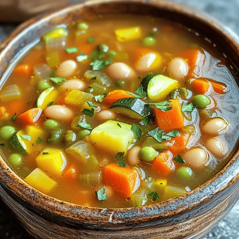 To make a great minestrone soup, you need simple, fresh ingredients. Here’s what you will use: - 1 tablespoon olive oil - 1 onion, diced - 2 garlic cloves, minced - 2 carrots, diced - 2 celery stalks, diced - 1 zucchini, diced - 1 cup green beans, trimmed and cut into 1-inch pieces - 1 can (14 oz) diced tomatoes (with juice) - 4 cups vegetable broth - 1 can (15 oz) cannellini beans, drained and rinsed - 1 cup small pasta (such as ditalini or elbow pasta) - 1 teaspoon dried oregano - 1 teaspoon dried basil - Salt and pepper to taste - Fresh parsley, chopped (for garnish) Using fresh ingredients can elevate your soup's taste. Fresh veggies offer bright flavors and a good crunch. Canned ingredients save time and are convenient. For example, canned tomatoes bring rich flavor without the hassle. My tip is to use a mix. Fresh carrots and zucchini pair well with canned tomatoes and beans. When shopping for produce, look for vibrant colors and firm textures. Here are some tips: - Choose onions that feel heavy for their size. - Select carrots that are smooth and not soft. - Zucchini should be firm and shiny. - Green beans need to snap when bent. Buying seasonal produce often gives you the best flavor. This makes your minestrone soup even more delicious. For the full recipe, you can check the earlier sections for details. To start, gather all your ingredients. This step makes cooking easier. Chop the onion, garlic, carrots, celery, zucchini, and green beans. You want them all diced and ready to go. Heat one tablespoon of olive oil in a large pot over medium heat. Add the diced onion. Sauté for about 3-4 minutes until it turns soft and clear. Next, stir in the minced garlic, diced carrots, and celery. Cook them together for about 5 minutes. This helps the flavors blend well. Now, add the diced zucchini and green beans into the pot. Cook for another 3-4 minutes. Then, pour in one can of diced tomatoes, juice included, and four cups of vegetable broth. Stir everything together. Add the drained and rinsed cannellini beans, one teaspoon of dried oregano, and one teaspoon of dried basil. Sprinkle salt and pepper to taste. Bring your soup to a boil. Once it boils, lower the heat to a simmer. Now, add one cup of small pasta, like ditalini or elbow pasta. Cook for about 10-12 minutes. You want the pasta to be tender but not mushy. After cooking, taste your soup. Adjust the seasoning if needed. Remove the pot from heat. Spoon the soup into bowls. Finally, sprinkle some fresh parsley on top for a lovely touch. For the full recipe, check out the complete instructions. Enjoy your hearty bowl of minestrone soup! When making minestrone soup, avoid overcooking your veggies. You want them tender, not mushy. Use fresh ingredients for the best flavor. If you use canned beans, rinse them well to reduce sodium. Don't skip tasting the soup while cooking; this helps you adjust flavors early. Start with salt and pepper. Add them early for the best results. Use dried herbs like oregano and basil. Add them during cooking to release their flavors. Fresh herbs, like parsley, are great for garnishing. They add a pop of color and taste. Adjust your seasoning near the end. This way, you can control the flavor. A large pot is key for making minestrone soup. Choose one with a thick bottom to heat evenly. Use a good knife for chopping vegetables; it makes prep easier. A wooden spoon helps to stir without scratching your pot. A ladle is perfect for serving. Lastly, have measuring cups handy for accuracy. For the full recipe, refer to the section above. {{image_2}} You can easily make minestrone soup vegetarian or vegan. Start with the base recipe. Use vegetable broth instead of chicken broth. Swap out any cheese or meat for plant-based options. For a richer flavor, add more beans or lentils. You can toss in leafy greens like spinach or kale for extra nutrition. This keeps the soup vibrant and healthy. If you want a gluten-free version, it's simple. Look for gluten-free pasta made from rice or quinoa. You can use spiralized veggies like zucchini as a pasta substitute. Just cook them lightly before adding to the soup. This keeps the flavors fresh and the dish light. Make sure to check the labels on the broth and beans too, to ensure they are gluten-free. To make your minestrone soup heartier, add proteins. You can use diced chicken, turkey, or sausage. For a plant-based option, add chickpeas or lentils. These options boost both flavor and nutrition. Just add the proteins early on, so they cook through. Adjust the cooking time as needed. This way, you'll have a filling meal that's still packed with flavor. After enjoying your meal, let the soup cool first. Store it in an airtight container. This helps keep the soup fresh. You can keep it in the fridge for up to three days. If you want it to last longer, consider freezing it. Make sure to leave some space in the container for expansion. To freeze minestrone soup, pour it into freezer-safe containers. Label each container with the date. This way, you remember when you made it. The soup can be frozen for up to three months. When you’re ready to eat it, thaw it in the fridge overnight. Reheat it on the stove over low heat. Stir it often to avoid burning. Homemade minestrone soup lasts for about three days in the fridge. If frozen, it lasts up to three months. Be sure to check for any signs of spoilage before eating. Look for changes in color or smell. Enjoy your soup safely! For the full recipe, click here: [Full Recipe]. Minestrone soup comes from Italy. It has roots in rustic Italian cooking. People made it to use up leftover vegetables. Each region in Italy has its own twist. You may find different beans, pasta, or greens. This soup is not just one recipe but many. It reflects the seasons and what is fresh. Yes, you can make minestrone soup in a slow cooker. Just add all the ingredients to the pot. Set it on low for 6-8 hours. If you need it faster, set it on high for 3-4 hours. The soup will still taste great! Just add the pasta in the last 30 minutes. This keeps it from getting too soft. Minestrone soup lasts about 3-5 days in the fridge. Make sure to store it in an airtight container. If you want to keep it longer, freeze it. You can freeze it for up to 3 months. Just remember to let it cool before freezing. For the best flavor, eat it fresh! You can find the full recipe for a hearty vegetable minestrone soup above. Classic minestrone soup combines fresh ingredients and rich flavors. You learned how to prepare it step by step. We covered tips to avoid common mistakes and how to season it well. You can also explore tasty variations, whether vegetarian or gluten-free. Finally, we discussed great ways to store and reheat leftovers. Now, you have all the tools to make a delicious minestrone soup. Enjoy your cooking!