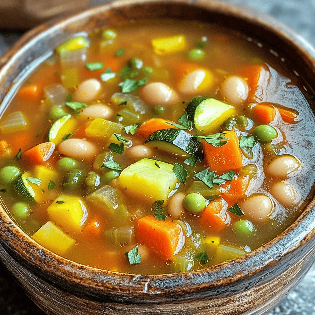 To make a great minestrone soup, you need simple, fresh ingredients. Here’s what you will use: - 1 tablespoon olive oil - 1 onion, diced - 2 garlic cloves, minced - 2 carrots, diced - 2 celery stalks, diced - 1 zucchini, diced - 1 cup green beans, trimmed and cut into 1-inch pieces - 1 can (14 oz) diced tomatoes (with juice) - 4 cups vegetable broth - 1 can (15 oz) cannellini beans, drained and rinsed - 1 cup small pasta (such as ditalini or elbow pasta) - 1 teaspoon dried oregano - 1 teaspoon dried basil - Salt and pepper to taste - Fresh parsley, chopped (for garnish) Using fresh ingredients can elevate your soup's taste. Fresh veggies offer bright flavors and a good crunch. Canned ingredients save time and are convenient. For example, canned tomatoes bring rich flavor without the hassle. My tip is to use a mix. Fresh carrots and zucchini pair well with canned tomatoes and beans. When shopping for produce, look for vibrant colors and firm textures. Here are some tips: - Choose onions that feel heavy for their size. - Select carrots that are smooth and not soft. - Zucchini should be firm and shiny. - Green beans need to snap when bent. Buying seasonal produce often gives you the best flavor. This makes your minestrone soup even more delicious. For the full recipe, you can check the earlier sections for details. To start, gather all your ingredients. This step makes cooking easier. Chop the onion, garlic, carrots, celery, zucchini, and green beans. You want them all diced and ready to go. Heat one tablespoon of olive oil in a large pot over medium heat. Add the diced onion. Sauté for about 3-4 minutes until it turns soft and clear. Next, stir in the minced garlic, diced carrots, and celery. Cook them together for about 5 minutes. This helps the flavors blend well. Now, add the diced zucchini and green beans into the pot. Cook for another 3-4 minutes. Then, pour in one can of diced tomatoes, juice included, and four cups of vegetable broth. Stir everything together. Add the drained and rinsed cannellini beans, one teaspoon of dried oregano, and one teaspoon of dried basil. Sprinkle salt and pepper to taste. Bring your soup to a boil. Once it boils, lower the heat to a simmer. Now, add one cup of small pasta, like ditalini or elbow pasta. Cook for about 10-12 minutes. You want the pasta to be tender but not mushy. After cooking, taste your soup. Adjust the seasoning if needed. Remove the pot from heat. Spoon the soup into bowls. Finally, sprinkle some fresh parsley on top for a lovely touch. For the full recipe, check out the complete instructions. Enjoy your hearty bowl of minestrone soup! When making minestrone soup, avoid overcooking your veggies. You want them tender, not mushy. Use fresh ingredients for the best flavor. If you use canned beans, rinse them well to reduce sodium. Don't skip tasting the soup while cooking; this helps you adjust flavors early. Start with salt and pepper. Add them early for the best results. Use dried herbs like oregano and basil. Add them during cooking to release their flavors. Fresh herbs, like parsley, are great for garnishing. They add a pop of color and taste. Adjust your seasoning near the end. This way, you can control the flavor. A large pot is key for making minestrone soup. Choose one with a thick bottom to heat evenly. Use a good knife for chopping vegetables; it makes prep easier. A wooden spoon helps to stir without scratching your pot. A ladle is perfect for serving. Lastly, have measuring cups handy for accuracy. For the full recipe, refer to the section above. {{image_2}} You can easily make minestrone soup vegetarian or vegan. Start with the base recipe. Use vegetable broth instead of chicken broth. Swap out any cheese or meat for plant-based options. For a richer flavor, add more beans or lentils. You can toss in leafy greens like spinach or kale for extra nutrition. This keeps the soup vibrant and healthy. If you want a gluten-free version, it's simple. Look for gluten-free pasta made from rice or quinoa. You can use spiralized veggies like zucchini as a pasta substitute. Just cook them lightly before adding to the soup. This keeps the flavors fresh and the dish light. Make sure to check the labels on the broth and beans too, to ensure they are gluten-free. To make your minestrone soup heartier, add proteins. You can use diced chicken, turkey, or sausage. For a plant-based option, add chickpeas or lentils. These options boost both flavor and nutrition. Just add the proteins early on, so they cook through. Adjust the cooking time as needed. This way, you'll have a filling meal that's still packed with flavor. After enjoying your meal, let the soup cool first. Store it in an airtight container. This helps keep the soup fresh. You can keep it in the fridge for up to three days. If you want it to last longer, consider freezing it. Make sure to leave some space in the container for expansion. To freeze minestrone soup, pour it into freezer-safe containers. Label each container with the date. This way, you remember when you made it. The soup can be frozen for up to three months. When you’re ready to eat it, thaw it in the fridge overnight. Reheat it on the stove over low heat. Stir it often to avoid burning. Homemade minestrone soup lasts for about three days in the fridge. If frozen, it lasts up to three months. Be sure to check for any signs of spoilage before eating. Look for changes in color or smell. Enjoy your soup safely! For the full recipe, click here: [Full Recipe]. Minestrone soup comes from Italy. It has roots in rustic Italian cooking. People made it to use up leftover vegetables. Each region in Italy has its own twist. You may find different beans, pasta, or greens. This soup is not just one recipe but many. It reflects the seasons and what is fresh. Yes, you can make minestrone soup in a slow cooker. Just add all the ingredients to the pot. Set it on low for 6-8 hours. If you need it faster, set it on high for 3-4 hours. The soup will still taste great! Just add the pasta in the last 30 minutes. This keeps it from getting too soft. Minestrone soup lasts about 3-5 days in the fridge. Make sure to store it in an airtight container. If you want to keep it longer, freeze it. You can freeze it for up to 3 months. Just remember to let it cool before freezing. For the best flavor, eat it fresh! You can find the full recipe for a hearty vegetable minestrone soup above. Classic minestrone soup combines fresh ingredients and rich flavors. You learned how to prepare it step by step. We covered tips to avoid common mistakes and how to season it well. You can also explore tasty variations, whether vegetarian or gluten-free. Finally, we discussed great ways to store and reheat leftovers. Now, you have all the tools to make a delicious minestrone soup. Enjoy your cooking!