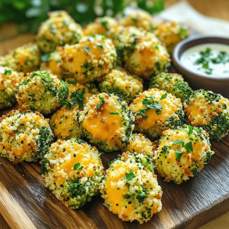 To make cheesy broccoli bites, you will need the following ingredients: - 2 cups steamed and chopped broccoli florets - 1 cup shredded cheddar cheese - 1/2 cup breadcrumbs - 1/4 cup grated Parmesan cheese - 2 large beaten eggs - 2 cloves minced garlic - 1/2 teaspoon onion powder - 1/4 teaspoon black pepper - Salt to taste - Olive oil spray Each ingredient plays a key role in the flavor and texture of the bites. The broccoli gives a fresh taste, while the cheeses add creaminess. Breadcrumbs help bind everything together and create a nice golden crust. The garlic adds a punch of flavor, and the spices enhance the overall taste. I recommend using whole wheat breadcrumbs for a healthier option. You can adjust the salt to fit your taste. If you want a bit of heat, add a pinch of red pepper flakes. For the best results, use fresh broccoli. You can steam it quickly or use frozen broccoli, just make sure it’s thawed and drained well. You can find the full recipe with detailed instructions and tips for making these delicious bites. - Preheat your oven to 400°F (200°C). - Grease a baking sheet with olive oil spray. Start by making your oven ready. This helps the bites cook evenly. Next, spray your baking sheet with olive oil. This keeps the bites from sticking, making clean-up easy. - Combine broccoli, cheddar cheese, breadcrumbs, and Parmesan. - Add eggs, garlic, onion powder, black pepper, and salt. In a big bowl, mix the chopped broccoli with the cheddar cheese and breadcrumbs. Then, sprinkle in the Parmesan. Next, add the eggs. They help hold everything together. Toss in the minced garlic, onion powder, black pepper, and salt. Stir well until everything is mixed nicely. - Shape the mixture into bite-sized balls. - Lightly spray tops with olive oil. - Bake for 15-20 minutes. Now comes the fun part! Take a handful of the mixture and roll it into small balls. Aim for about one inch in size. Place them on your greased baking sheet. Once they’re all on the sheet, lightly spray the tops with olive oil. This helps them brown nicely. Bake in your preheated oven for 15-20 minutes. Watch them turn golden brown and firm up. They will smell amazing! After baking, let them cool for a few minutes before serving. You can find the full recipe for these cheesy broccoli bites to make them at home! To make the best cheesy broccoli bites, start with steamed broccoli. Steaming softens the florets and helps them blend well. Raw broccoli can be too crunchy. Next, form uniform sizes for even cooking. I recommend making balls about one inch wide. This way, they cook at the same rate and come out golden all over. Spice things up! Adding a bit of paprika or cayenne pepper can give your bites a nice kick. You can adjust the amount based on your taste. Feel free to experiment with different cheese types. While cheddar is classic, you might enjoy the sharpness of Gruyère or the creaminess of mozzarella. Each cheese will change the flavor, so have fun with it! For the full recipe, check out the complete instructions above. {{image_2}} You can easily make cheesy broccoli bites more plant-based. - Substitute cheese with a dairy-free option like nutritional yeast or vegan cheese. - Add chopped vegetables like bell peppers or spinach for extra flavor and color. These swaps keep the bites tasty and nutritious. Want to jazz up your cheesy broccoli bites? Try these fun ideas: - Add cooked bacon bits for a savory twist that meat lovers will enjoy. - Incorporate fresh herbs like dill or basil for a burst of freshness. These flavor combinations can make your snack stand out. The full recipe is flexible, allowing you to explore your favorite tastes! After enjoying your cheesy broccoli bites, store the leftovers. Place them in an airtight container. They will stay fresh in the fridge for up to 3 days. When you want to eat them again, reheat in the oven. This helps keep them crispy. If you want to save some for later, freezing is a great option. You can freeze the uncooked bites. Just make them and place them on a baking sheet. Once they are frozen, transfer them to freezer-safe bags. They will last for up to 3 months. When ready to bake, cook from frozen. Adjust the baking time as needed for perfect bites. For the full recipe, check out the ingredients and steps above! To make cheesy broccoli bites gluten-free, choose gluten-free breadcrumbs. Many stores sell these. You can also use ground almonds or crushed cornflakes as alternatives. These options work well to bind the mixture. They keep your bites tasty and safe for gluten-free diets. Yes, you can make these bites ahead of time. Prepare the mixture and form the bites. Then, place them on a tray and cover with plastic wrap. You can keep them in the fridge for up to 24 hours. When ready, bake as usual. If you freeze them, bake from frozen. Just add a few extra minutes to the baking time. Several dipping sauces go great with cheesy broccoli bites. I recommend ranch dressing for a classic taste. Garlic aioli adds a nice, creamy touch. For a spicy kick, try spicy mustard. Each sauce brings out the flavors in the bites. Enjoy experimenting with different sauces to find your favorite! These cheesy broccoli bites are simple to make and tasty to eat. You learned the key ingredients, clear steps, and helpful tips. Remember, using steamed broccoli and uniform sizes makes a big difference. Feel free to explore unique flavors or make them vegetarian. Store leftovers well, or freeze for later use. These bites are great on their own or with dipping sauces. Enjoy your cooking adventure and the delicious results!