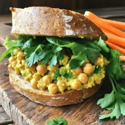 - 1 can (15 oz) chickpeas, rinsed and drained - 1/4 cup plain Greek yogurt (or plant-based yogurt) - 1 tablespoon tahini - 1 tablespoon lemon juice - 1 tablespoon Dijon mustard - 1/2 teaspoon garlic powder - 1/2 teaspoon onion powder - 1/4 teaspoon smoked paprika - Salt and pepper to taste - 1/2 cup celery, finely chopped - 1/4 cup red onion, finely chopped - 1/4 cup pickles, diced - Leafy greens or lettuce for assembly - Whole grain or sourdough bread for serving To make a tasty chickpea salad sandwich, start with your main ingredients. The chickpeas are the star of this dish. They give protein and a nice texture. Greek yogurt adds creaminess, while tahini brings depth of flavor. Lemon juice and Dijon mustard brighten up the mix. Next, consider the optional ingredients. Garlic powder and onion powder add a savory touch. Smoked paprika gives a bit of warmth without heat. Adjust salt and pepper to suit your taste. Finally, for crunch and texture, add chopped celery, red onion, and pickles. These ingredients not only enhance flavor but also make each bite exciting. Use leafy greens or lettuce to add freshness. Whole grain or sourdough bread creates a sturdy base for your sandwich. For the complete recipe, check Chickpea Crunch Delight Sandwich 🥙. This sandwich is a healthy and fun way to enjoy chickpeas! - First, take a large mixing bowl and mash the chickpeas until chunky. Use a fork or potato masher for this. You want some bits to stay whole for texture. - Next, mix in the Greek yogurt, tahini, lemon juice, Dijon mustard, garlic powder, onion powder, smoked paprika, salt, and pepper. Stir until everything combines nicely. - Now, fold in the chopped celery, red onion, and diced pickles. This adds a nice crunch and flavor. - Taste your mixture and adjust the seasoning as needed. You can add more salt, pepper, or lemon juice to suit your taste. - Start by laying out slices of your chosen bread. - Add a layer of leafy greens on the first slice. - Spoon the chickpea mixture generously on top of the greens. Make sure to cover it well. - Finally, top with another slice of bread. Press down lightly to secure everything. - Cut the sandwich in half and serve right away, or wrap it in foil for a tasty packed lunch. For the full recipe, check Chickpea Crunch Delight Sandwich 🥙. To get the best texture, use a potato masher. It breaks down the chickpeas while keeping some chunks. This gives your salad a nice bite. If you find the salad too dry, add more lemon juice. This will brighten the flavor and balance the creaminess. Pair your sandwich with crunchy carrot sticks. They add a fresh contrast to the creamy salad. For a lovely look, garnish with fresh parsley. This adds color and a hint of herbal flavor. Want a different taste? Swap Greek yogurt with vegan yogurt to make it plant-based. You can also add any spices you like. A pinch of cumin or a dash of chili powder can give a kick. {{image_2}} You can easily make this sandwich vegan. Just replace the yogurt with plant-based yogurt. It keeps the creaminess without losing flavor. Always check all ingredients to ensure they are vegan-friendly. This way, everyone can enjoy the sandwich, and it tastes fantastic! If you need a gluten-free option, choose gluten-free bread. Many brands offer great textures and flavors. Always check all ingredients for gluten. Some sauces and seasonings may contain hidden gluten. Enjoy your sandwich without worry! Want to spice things up? Add spices from different cuisines. Try curry powder for an Indian twist or cumin for a Mexican flair. You can also mix in avocado or jalapeños for extra flavor and creaminess. These additions make the sandwich a fun adventure in taste! To keep your chickpea salad fresh, refrigerate it in an airtight container. This way, it stays safe and tasty. Aim to eat it within three days for the best flavor and texture. You can freeze the chickpea mixture if you have extras. Just freeze it separately from the bread. When you want to enjoy it again, thaw the mixture before making your sandwich. This helps keep the bread from getting soggy. I do not recommend reheating the chickpea salad. It tastes best when served fresh. Enjoy it cold for a crunchy, satisfying bite! Yes, it can be made a day ahead and stored in the fridge. This makes it easier for busy days. Just mix all the ingredients and keep it cold. When you're ready, assemble your sandwich. Great with a side salad, chips, or fresh fruit. You can enjoy it with crunchy carrot sticks or sweet apple slices. Each side adds more fun to your meal. Yes, it’s ideal for meal prep and packed lunches. You can make a big batch and store it. This way, you'll have tasty lunches ready for the week. Just grab your sandwich, and you're good to go! For the complete recipe, check Chickpea Crunch Delight Sandwich 🥙. In this post, we explored how to make a delicious chickpea salad sandwich. We covered the key ingredients, step-by-step instructions, and tips to enhance flavor and texture. You can customize this recipe to fit your taste and diet. Remember, it stores well in the fridge and is perfect for meal prep. Enjoy trying different variations, and make this sandwich your own! Your taste buds will thank you!