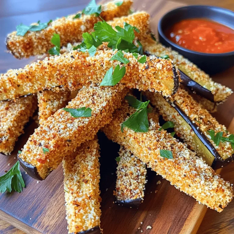 - 1 large eggplant - 1 cup breadcrumbs (panko for extra crunch) - 1/2 cup grated Parmesan cheese - 1 teaspoon garlic powder - 1 teaspoon onion powder - 1 teaspoon smoked paprika - 1/2 teaspoon salt - 1/4 teaspoon black pepper - 2 large eggs - 1 tablespoon olive oil - Fresh parsley, for garnish - Alternative seasonings (e.g., Italian seasoning, cayenne pepper) - Dipping sauces suggestions (e.g., marinara, garlic aioli) - Calories per serving: Approximately 180 - Macronutrients breakdown: - Carbohydrates: 20g - Fats: 8g - Proteins: 6g When I make baked eggplant fries, I love the crunch and flavor. These fries are a great way to enjoy eggplant. They are not only tasty but also healthy. Each ingredient plays a role in making the fries crispy and flavorful. Eggplant is the star here. It gives a nice texture. When you cut it into fry shapes, it cooks perfectly. Panko breadcrumbs add an extra crunch that you won't want to miss. Parmesan cheese makes everything better. It melts and sticks to the fries, adding a savory flavor. The spices bring the dish to life. Garlic powder and onion powder add great taste. Smoked paprika gives a warm, smoky flavor. Salt and black pepper round it out. For dipping, you can use marinara sauce or garlic aioli. They pair well with the fries. You can also try different spices if you want to change things up. This recipe is easy to follow, and you can find the Full Recipe online. I hope you enjoy making and eating these baked eggplant fries as much as I do! - Preheat your oven to 425°F (220°C). - Cut the eggplant into fry-shaped sticks, about 1/2 inch thick. I like to leave the skin on for a bit more texture. The skin gives extra flavor and nutrients. - In a large bowl, whisk together the eggs and olive oil. Mix until smooth. - In another bowl, combine the breadcrumbs, Parmesan cheese, garlic powder, onion powder, smoked paprika, salt, and black pepper. This mix adds great flavor and crunch. - Line a baking sheet with parchment paper. This helps to prevent sticking. - Dip each eggplant stick into the egg mixture. Let any extra drip off. Next, coat it in the breadcrumb mix. Press down gently so it sticks well. - Place the coated fries on the baking sheet in a single layer. Make sure they do not touch each other. This helps them bake evenly. - Bake for 20-25 minutes. Flip them halfway through to get both sides crispy. Look for a golden brown color when they are done. - Once baked, let them cool for a few minutes. Serve with your favorite dipping sauce. Enjoy this crispy and nutritious delight! For the full recipe, check out the detailed instructions above. Using panko breadcrumbs gives a great crunch. They are lighter than regular breadcrumbs. This helps the fries get crispy. To avoid sogginess, make sure to coat each fry well. Let any extra egg mixture drip off before dipping in the breadcrumbs. This keeps the fries from getting too wet. Add spices to boost flavor. I like to use Italian seasoning or cayenne for heat. You can also mix in some herbs like basil or oregano. For cheese lovers, try adding mozzarella or feta. These cheeses melt well and add a creamy touch. Don’t overcrowd the baking sheet. If fries touch each other, they will steam instead of crisp. Make sure to leave space between them. Also, remember to flip the fries midway through baking. This ensures they cook evenly on both sides. Each fry should be golden and crunchy all around. {{image_2}} You can switch up the veggies you use. Try zucchini or sweet potatoes for a fun change. Each season brings unique flavors. Use fresh herbs and spices that match the time of year. For example, use thyme in spring or rosemary in fall. Need a gluten-free option? Use almond flour or gluten-free breadcrumbs. These work well and keep the fries crispy. If you're vegan, replace the eggs with flaxseed meal mixed with water. This mix binds the coating just like eggs do. Want to add an Asian flair? Sprinkle sesame seeds on the fries before baking. You can also drizzle soy sauce for a savory kick. For a Mediterranean taste, add crumbled feta or chopped olives. This twist makes your eggplant fries exciting and full of flavor. Try these variations to keep things fresh. You can find the Full Recipe above for detailed steps! To keep your baked eggplant fries fresh, follow these steps: - Allow the fries to cool completely. - Place them in an airtight container. - Store them in the fridge for up to 3 days. This method helps maintain their flavor and texture. To reheat your baked eggplant fries without losing crispiness, consider these methods: - Oven: Preheat the oven to 375°F (190°C). Spread fries on a baking sheet. Heat for about 10-15 minutes. - Microwave: Use the microwave for quick reheating. However, this may make them softer. If you want crispiness, stick with the oven. You can freeze your eggplant fries for later enjoyment. Here’s how: - Before Baking: Place uncooked, coated fries in a single layer on a baking sheet. Freeze until solid, then transfer to a freezer bag. - After Baking: Cool completely, then place in an airtight container. Store in the freezer for up to 2 months. To use, thaw in the fridge overnight. Reheat in the oven to restore crispiness. Enjoy your healthy snack whenever you crave it! For the full recipe, check out the details above. Yes, you can make baked eggplant fries without breading. To do this, slice the eggplant into fry-shaped sticks. Then, toss them with olive oil and your favorite spices. Bake them in the oven until they are tender and slightly crispy. This method offers a lighter option while still keeping the flavor. You can also try air-frying for a different texture. Baked eggplant fries go well with many dipping sauces. Here are some quick and popular sauce ideas: - Marinara Sauce: A classic choice that adds a rich, tangy flavor. - Garlic Aioli: This creamy dip brings a nice garlic touch. - Ranch Dressing: A cool and creamy dip that kids love. - Sriracha Mayo: This adds a spicy kick and creamy texture. Try these sauces to enhance your baked eggplant fries experience! You can tell baked eggplant fries are done by checking their color and texture. Look for a golden-brown color on the outside. The fries should be crispy on the edges and tender inside. You can also test by poking one with a fork. If it goes in easily, they're ready! Enjoy the perfect crunch and flavor! Baked eggplant fries offer a tasty and healthy snack. We covered key ingredients, from eggplant to spices, and included step-by-step instructions for baking. I shared tips to achieve the perfect texture and flavor, along with variations to suit your taste. Remember, you can adjust this dish to fit any diet. Enjoy these fries as a fun side or snack. With these tips, you’ll create a dish everyone loves!