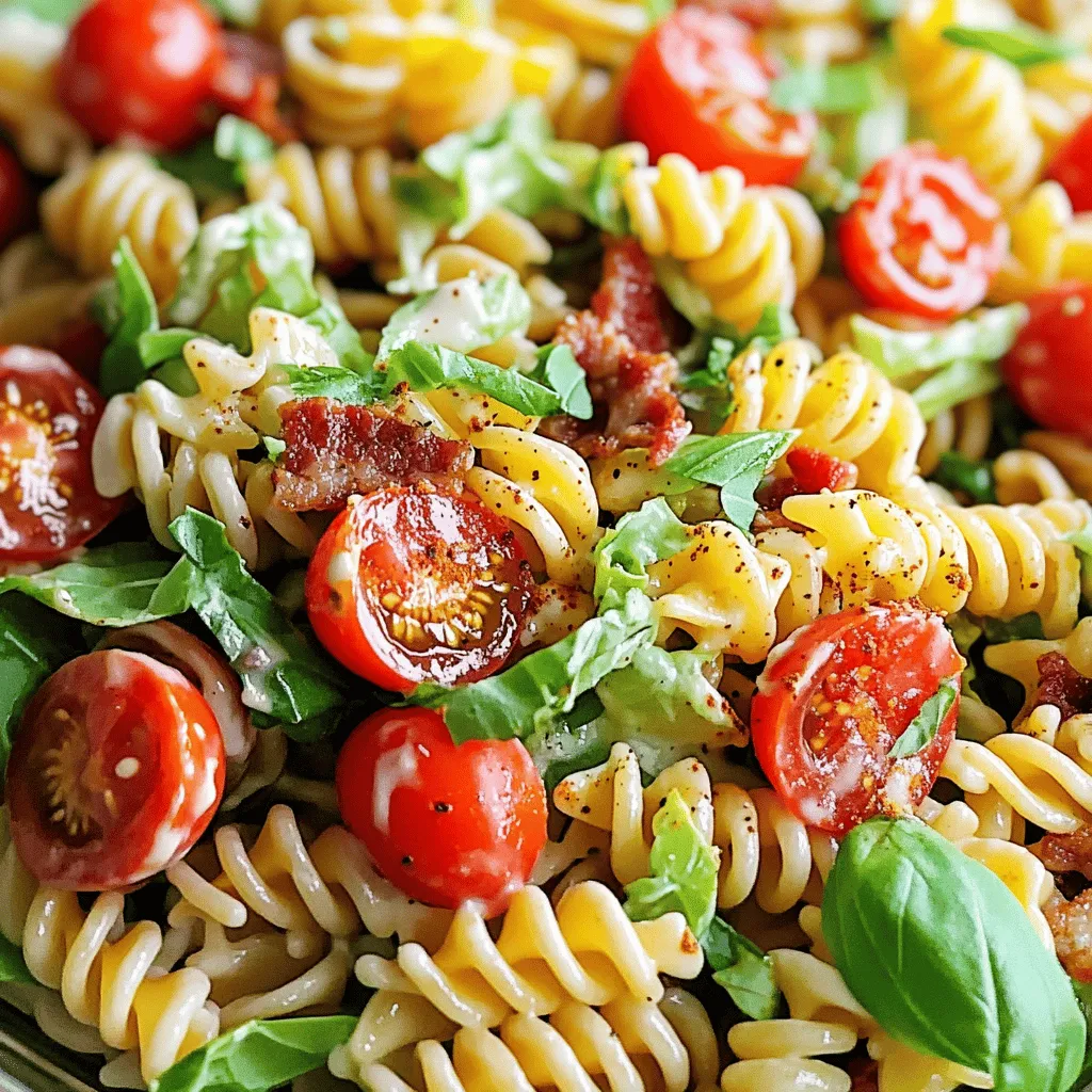 To make a tasty Classic BLT Pasta Salad, you will need: - 8 ounces fusilli or rotini pasta - 4 slices of crispy turkey bacon, chopped - 1 cup cherry tomatoes, halved - 1 cup Romaine lettuce, chopped - 1/2 cup mayonnaise - 1 tablespoon Dijon mustard - 1 tablespoon apple cider vinegar - 1/4 cup green onions, sliced - Salt and pepper to taste - 1/4 teaspoon smoked paprika (optional) - Fresh basil leaves for garnish (optional) This recipe serves six people. If you need to serve more, simply double the ingredients. You can also swap out the pasta for a gluten-free option. If you prefer, use regular bacon in place of turkey bacon. For a lighter version, use Greek yogurt instead of mayonnaise. Fresh ingredients make a big difference in flavor. Using ripe cherry tomatoes adds sweetness. Crisp Romaine lettuce provides crunch. Fresh basil gives a bright taste. Always choose high-quality ingredients. They will elevate your pasta salad. When you use fresh items, you create a dish that shines. For the complete recipe, check the Full Recipe. Start by boiling a large pot of salted water. Add 8 ounces of fusilli or rotini pasta. Cook it according to the package instructions. Aim for al dente, which means the pasta should still have a slight bite. This typically takes about 8 to 10 minutes. Once cooked, drain the pasta and rinse it with cold water. This stops the cooking and cools it down. Set the pasta aside to cool completely. Next, grab 4 slices of turkey bacon. Cut them into small pieces. Heat a skillet over medium heat and add the bacon. Cook it until it is crispy. This usually takes about 5 to 7 minutes. Once crispy, remove the bacon and place it on paper towels. This helps to soak up any extra grease. This step ensures you get that nice crunch in your salad. For the dressing, you need a small bowl. Add 1/2 cup of mayonnaise, 1 tablespoon of Dijon mustard, and 1 tablespoon of apple cider vinegar. If you want a hint of smokiness, add 1/4 teaspoon of smoked paprika. Sprinkle in some salt and pepper to taste. Whisk all these ingredients together until smooth. Taste the dressing and adjust seasoning if needed. This creamy dressing ties all the flavors together and makes the salad shine. For the full recipe, check out the earlier section. Enjoy making this fresh and flavorful Classic BLT Pasta Salad! To keep pasta from sticking, drain it well after cooking. Rinse it with cold water. This stops the cooking process. Toss the pasta in a little olive oil. This adds flavor and helps prevent sticking. If you're using a gluten-free pasta, follow the same steps. Gluten-free pasta often sticks more, so rinsing is key. Seasoning can make a big difference in your salad. Use salt and pepper to taste. I also like adding smoked paprika for a hint of smokiness. Fresh herbs like basil brighten the dish. You can also try a squeeze of lemon juice for added zest. Always taste as you go. Adjust the flavors until you are happy. Chilling the salad allows the flavors to blend. After mixing all the ingredients, cover the bowl with plastic wrap. Refrigerate for at least 30 minutes. This also makes the salad refreshing on a hot day. If you want to chill it longer, that’s fine too. Just remember to stir it before serving. This helps mix the dressing again. For the full recipe, check out the details above. {{image_2}} You can boost the taste of your BLT pasta salad by adding cheese. Cheese adds creaminess and a rich flavor. Try cubed cheddar or crumbled feta. Both work well with the salad's fresh tastes. You can also mix in mozzarella balls for a fun twist. Cheese makes each bite more satisfying. Don’t be afraid to add or swap out veggies. If you want a different crunch, use bell peppers or cucumbers. Both add a fresh and crisp taste. You can also try adding avocado for creaminess. Spinach can replace Romaine lettuce for a nutrient boost. Get creative with what you like! If you need gluten-free options, there are many pastas available. Look for brown rice or chickpea pasta. Both types hold up well in salads. They also add their own unique flavor. Cooking time may vary, so check the package. Enjoy your pasta salad without worrying about gluten! For the full recipe, refer to the Classic BLT Pasta Salad. Store leftover Classic BLT Pasta Salad in an airtight container. This keeps the salad fresh. Make sure to chill it in the fridge right away. It’s best to eat leftovers within three days for the best taste. To keep your ingredients fresh, store the pasta and dressing separately. This helps prevent sogginess. If you have leftover tomatoes or bacon, store them in their own containers. Always check for any signs of spoilage before using. You should not reheat the pasta salad. It’s best enjoyed cold. If you prefer a warm dish, reheat only the pasta and mix it with fresh ingredients. However, this alters the classic flavor of the salad. Enjoy it as is for the best experience! You can make Classic BLT Pasta Salad a day early. Prepare the salad, but don't add the dressing yet. Store it in the fridge. When ready to serve, mix in the dressing. This keeps everything fresh. The flavors will blend well overnight. Just remember to toss it gently before serving. Yes, you can use regular bacon. It adds a rich flavor. Cook the bacon until crispy and then chop it. Keep in mind that regular bacon has more fat. You may want to adjust the dressing to balance the taste. Either choice will make a tasty salad. You can add many different ingredients to the salad. Here are some ideas: - Avocado: Adds creaminess and healthy fats. - Cucumber: Gives a nice crunch and freshness. - Peppers: Adds color and sweetness. - Cheese: Feta or cheddar can enhance flavor. Feel free to mix and match based on what you like. Experimenting is part of the fun! For the full recipe, check the earlier section. In this post, we explored making a Classic BLT Pasta Salad. We covered the key ingredients and their importance. The step-by-step guide helps you cook pasta, prepare bacon, and make creamy dressing. I shared tips to enhance flavor and keep the pasta fresh. You can also try fun variations, like adding cheese or using gluten-free pasta. Lastly, I outlined best practices for storage and answered common questions. Enjoy creating this tasty dish and make it your own!