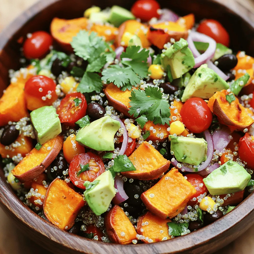 When you want to make a tasty Roasted Sweet Potato Quinoa Salad, you need the right ingredients. Here’s what you will need: - 2 medium sweet potatoes, peeled and diced - 1 cup quinoa, rinsed - 2 cups vegetable broth (or water) - 1 cup cherry tomatoes, halved - 1/2 red onion, finely diced - 1 cup black beans, rinsed and drained - 1 avocado, diced - 1/4 cup fresh cilantro, chopped - 3 tablespoons olive oil - 2 tablespoons lime juice - 1 teaspoon cumin powder - Salt and pepper to taste Gathering fresh ingredients makes this salad shine. Each item adds a unique flavor. Sweet potatoes bring sweetness and creaminess. Quinoa adds a nutty taste and a nice bite. Black beans give protein and fiber. I often use ripe avocados to add richness. Fresh cilantro brightens the dish with its unique flavor. The lime juice gives a zesty kick. Olive oil adds smoothness and helps blend flavors together. This combination of ingredients makes the salad not just healthy, but also colorful and fun to eat. Trust me, this salad will be a hit at your table! For the full recipe, check the instructions and enjoy your cooking journey! Start by preheating your oven to 400°F (200°C). While it heats, peel and dice the two sweet potatoes. Spread the sweet potato cubes on a baking sheet. Drizzle with two tablespoons of olive oil. Sprinkle salt, pepper, and cumin powder over the top. Toss everything to coat the sweet potatoes evenly. Roast them in the oven for 25 to 30 minutes, or until they are tender and caramelized. While the sweet potatoes roast, bring two cups of vegetable broth or water to a boil in a medium saucepan. Once it boils, add one cup of rinsed quinoa. Cover the pot and let it simmer for 15 minutes, or until the liquid is absorbed. After cooking, fluff the quinoa with a fork and let it cool. In a large mixing bowl, combine one cup of halved cherry tomatoes, half a finely diced red onion, and one cup of rinsed black beans. Add one diced avocado and one-quarter cup of chopped fresh cilantro. Mix these ingredients gently to keep the avocado intact. Once the sweet potatoes are done roasting, allow them to cool slightly. Add the roasted sweet potatoes to the mixing bowl with the other ingredients. Drizzle with the remaining tablespoon of olive oil and two tablespoons of lime juice. Season with additional salt and pepper if needed. Gently toss everything together until well combined. Serve the salad chilled or at room temperature. For the full recipe, refer to the earlier section. To get sweet potatoes just right, cut them into equal pieces. This helps them cook evenly. Toss them in olive oil, salt, pepper, and cumin. Lay them out on the baking sheet in a single layer. This way, they can roast well. Roast them at 400°F for 25 to 30 minutes. Look for a tender inside and a caramelized outside. If you want more caramelization, stir them halfway through. To add a kick, try adding smoked paprika or chili powder. These spices give a nice depth. You can also mix in some garlic powder for extra flavor. For toppings, consider feta cheese or nuts for crunch. They add great texture and taste. Fresh herbs like mint or parsley can also brighten the salad. For serving, use deep bowls or a large platter. This makes it look inviting. Drizzle with lime juice right before serving. It adds freshness and zing. Sprinkle extra cilantro on top for color. If you want, serve it with a side of grilled chicken or fish. This makes it a complete meal. Enjoy it warm or chill it in the fridge for later. Check out the Full Recipe for all the steps! {{image_2}} You can boost this salad's nutrition by adding greens. Spinach or kale works great. They add color and vitamins. For protein, try adding grilled chicken or chickpeas. They make the salad heartier and more filling. You can also use nuts or seeds for crunch and healthy fats. Feel free to switch some ingredients if you need to. If you don't have black beans, use kidney beans or chickpeas. You can also swap out quinoa for brown rice or farro. For the dressing, use apple cider vinegar instead of lime juice. This will give a nice tang and change the flavor profile. To make this salad vegan, skip the honey or any animal products in your dressings. You can also use a vegan dressing instead. If you need it gluten-free, make sure to choose gluten-free grains like quinoa or rice. Check that your dressings are also gluten-free to keep it safe. To store leftovers, put the salad in an airtight container. Make sure it cools down first. This keeps the flavors fresh. Use it within three to five days. If you add avocado, it may brown quickly. To slow this, store the avocado separately. You can freeze the quinoa and roasted sweet potatoes. Place them in freezer-safe bags. Label them with the date. The salad's other ingredients do not freeze well. When ready to eat, thaw the quinoa and sweet potatoes overnight in the fridge. In the fridge, this salad lasts about three to five days. The quinoa and sweet potatoes stay fresh longer. If you notice any off smells or odd colors, toss it. Always check before eating. This way, you enjoy the best flavors. For the full recipe, refer back to the earlier section. Yes, you can use other grains. Brown rice, farro, or barley work well. Each grain adds a unique flavor and texture. Just cook them as per package instructions. This gives you options for taste and nutrition. You can pair this salad with grilled chicken or shrimp for protein. It also goes well with a simple soup. Adding a slice of crusty bread makes for a hearty meal. Experiment with flavors that you enjoy. To add more heartiness, include nuts or seeds. Walnuts or pumpkin seeds add crunch. You can also mix in more beans for protein. Adding a hard-boiled egg gives extra richness. These tips help keep you satisfied longer. Yes, you can meal prep this salad. Roast the sweet potatoes and cook the quinoa ahead of time. Store them in airtight containers in the fridge. Mix the salad ingredients together just before serving. This keeps everything fresh and tasty. For the full recipe, check out the details above. This blog post covered making a tasty Roasted Sweet Potato Quinoa Salad. We explored essential ingredients and easy steps to create this dish. You learned tips for perfecting the sweet potatoes and enhancing flavor. We also shared variations and storage ideas to keep your salad fresh. In conclusion, this salad is healthy and simple. It fits many diets and is great for sharing. Enjoy experimenting with this recipe and make it your own!
