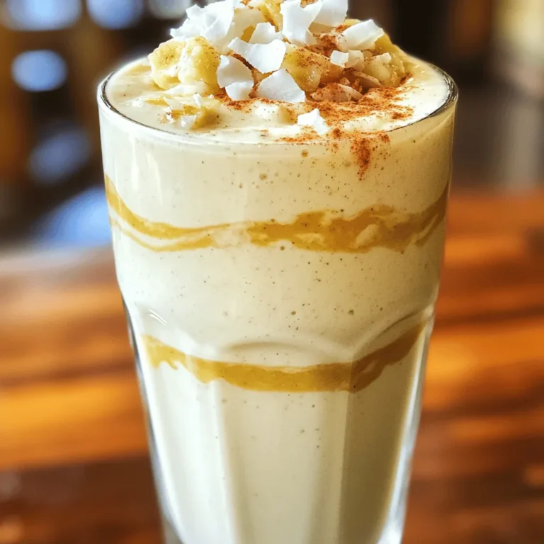 - 1 cup coconut milk (chilled) - 1/2 cup dates, pitted and chopped - 1 ripe banana - 1 tablespoon almond butter - 1 teaspoon vanilla extract - 1/2 teaspoon ground cinnamon - Ice cubes (optional) - Fresh coconut flakes (for garnish) The Coconut Date Shake starts with simple, healthy ingredients. Each one brings flavor and nutrition. Coconut milk adds a creamy texture and tropical taste. It is dairy-free and rich in good fats. Dates offer natural sweetness. They also pack fiber and nutrients. A ripe banana gives the shake a smooth, thick feel. It adds potassium, which is great for your heart. Almond butter boosts the shake with protein and healthy fats. Vanilla extract enhances the flavor. It makes the shake smell amazing too. Ground cinnamon adds warmth and spice. It can help with blood sugar levels. If you like your shake colder, add ice cubes. Fresh coconut flakes on top give a nice crunch and look. - Calories per serving: Approximately 250 - Macronutrient breakdown: 10g protein, 35g carbs, 12g fat - Health benefits of key ingredients: - Coconut milk: Good for hydration and heart health. - Dates: High in fiber; helps with digestion. - Banana: Great for energy and muscle function. - Almond butter: Supports heart health and keeps you full. - Cinnamon: May lower blood sugar and reduce inflammation. This shake is not just tasty; it's also good for you! You can find the full recipe above. - Step 1: Blending the ingredients Start by gathering all your ingredients. In a blender, combine the coconut milk, chopped dates, ripe banana, almond butter, vanilla extract, and ground cinnamon. Blend on high speed until the mix is smooth and creamy. This step is key for a delightful texture. - Step 2: Adjusting the texture and sweetness After blending, taste the shake. If it needs sweetness, add more dates or a bit of honey. For a thicker shake, toss in a handful of ice cubes and blend again. This makes your drink cold and refreshing, perfect for a warm day. - Step 3: Serving the shake Pour the shake into tall glasses. Top with fresh coconut flakes for a lovely look and added flavor. Serve right away to enjoy the freshness. - Choosing ripe bananas Select bananas that are fully ripe. They should be yellow with some brown spots. Ripe bananas add natural sweetness and creaminess to your shake. - Importance of chilled coconut milk Use chilled coconut milk for the best taste. It keeps your shake cold and refreshing. If your coconut milk is not cold, put it in the fridge for a while before use. - Blending for optimal creaminess Blend your shake until it is fully smooth. This ensures a creamy texture. If needed, stop the blender and scrape down the sides to mix everything well. To serve your Coconut Date Shake, use tall glasses. The shake looks great in clear glass. You can enjoy it alone or with snacks. This shake pairs well with fresh fruit or granola bars. The sweet taste complements salty snacks too. Try some rice cakes or nuts on the side. If you want to prepare this shake ahead, store leftovers in the fridge. Use a sealed container to keep it fresh. You can also prepare your ingredients in advance. Chop the dates and banana, and store them in the fridge. This will save you time when you're ready to blend. For the best taste, drink the shake within two days. For the full recipe, check the earlier section. {{image_2}} You can make your Coconut Date Shake even better with a few simple changes. One fun option is to add cocoa powder for a chocolate twist. Just mix in one tablespoon of cocoa powder when blending. This gives your shake a rich, chocolate flavor that you will love. Another idea is to try different nut butters. You can swap almond butter for peanut or cashew butter. Each nut butter brings its own taste and creaminess. It’s a great way to switch things up! If you're looking for vegan options, this shake is already vegan-friendly! Just make sure to use a plant-based milk like coconut milk. For a low-sugar variety, use fewer dates or try a sugar substitute. You can also add more banana for natural sweetness. This keeps the shake tasty without too much sugar. With these variations, you can enjoy a Coconut Date Shake that fits your taste and diet! For the full recipe, check the main section. To keep your coconut date shake fresh, use a glass jar or a plastic container. Glass jars work best since they do not hold odors. Make sure the container has a tight lid. This helps keep air out. You can store your shake in the fridge for up to two days. After that, the flavor and texture may change. If you want to save the shake for later, freezing is a great option. Pour the shake into ice cube trays or freezer-safe bags. Leave space at the top of the bag for expansion. When you want to enjoy it, take out the cubes or bags. To thaw, place them in the fridge overnight. If you use a bag, run it under warm water for a few minutes. You can blend the thawed shake again for a smooth texture. Enjoy your coconut date shake anytime! Can I use regular milk instead of coconut milk? Yes, you can use regular milk. However, coconut milk gives a rich flavor. It also adds a nice creaminess. If you want a dairy-free option, stick with coconut milk. How can I make the shake more filling? To make your shake more filling, add more fruits or nuts. A scoop of protein powder can help too. You might try adding oats for extra fiber. Is this recipe suitable for kids? Yes, this shake is great for kids. It has natural sweetness from dates and banana. Plus, it packs in nutrients. Just be mindful of any nut allergies. Troubleshooting common issues If your shake is too thin, add more banana or dates. Blend it longer for a smoother texture. If it tastes too sweet, add a pinch of salt. This helps balance flavors. Substituting ingredients effectively You can swap almond butter for peanut butter if you want. If you don’t have dates, try using honey or maple syrup. Just adjust the amount based on your taste. Check out the Full Recipe for more ideas! This blog post shared a simple, tasty shake recipe using coconut milk and fruits. You learned about the ingredients, their health benefits, and the step-by-step preparation. We discussed tips for the best taste and how to store or freeze leftovers. You can even customize the shake to fit your taste. Experiment with flavors and find what you love. Make this shake a healthy go-to in your kitchen!