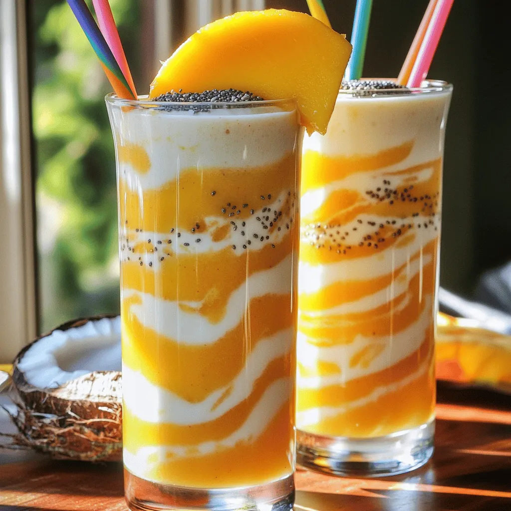 To make a tasty Mango Pineapple Smoothie, you need fresh and simple ingredients. Here’s the list of what you’ll need: - Ripe mango, peeled and diced - Fresh pineapple chunks - Frozen banana - Coconut milk (or regular milk) - Greek yogurt (optional) - Honey or agave syrup - Chia seeds (optional) - Ice cubes (optional) These ingredients come together to create a sweet, creamy, and refreshing drink. Using ripe mango and fresh pineapple gives your smoothie a bright tropical flavor. The frozen banana adds a nice texture and natural sweetness. Coconut milk or regular milk will make your smoothie smooth and creamy. Adding Greek yogurt is a great way to pack in some protein, but it's not a must. Use honey or agave syrup to sweeten your drink. If you want a nutritional boost, toss in some chia seeds. Finally, ice cubes can help thicken your smoothie and make it extra cold and refreshing. For the full recipe, check out the Tropical Sunset Mango Pineapple Smoothie. Enjoy making your delicious drink! 1. Combine mango, pineapple, and banana in a blender. Start by adding one ripe mango, cut into small pieces, along with one cup of fresh pineapple chunks. Toss in one frozen banana to add creaminess. 2. Add coconut milk and optional Greek yogurt. Pour in one cup of coconut milk or regular milk. If you want a creamier texture, add half a cup of Greek yogurt. 3. Drizzle in honey or agave syrup. Use one tablespoon of honey or agave syrup to sweeten. Adjust this based on your taste. 4. Include optional chia seeds and ice. If you want extra nutrition, add one tablespoon of chia seeds. For a thicker smoothie, toss in a few ice cubes. 1. Blend on high until smooth. Start the blender and let it run until the mixture is silky and well combined. 2. Adjust consistency or sweetness as needed. Stop blending and taste your smoothie. If it’s too thick, add a splash of coconut milk. If it's not sweet enough, add a little more honey or agave syrup. Blend again to mix. 1. Pour into glasses and garnish. Once your smoothie is ready, pour it into tall glasses. 2. Tips on pairing with snacks or meals. Consider serving your smoothie with light snacks like whole-grain crackers or fruit. It also pairs well with a refreshing salad or a simple sandwich. For the complete recipe, check out the Full Recipe section. Enjoy your tropical treat! To make your Mango Pineapple Smoothie just right, you need to think about the thickness. If your smoothie is too thick, add more liquid. Coconut milk works great here. For creaminess, use frozen fruits like bananas. They blend well and make your smoothie smooth. Balancing the flavors is key. If your fruits are sweet, you may not need much honey or agave syrup. Taste the mixture before adding more sweetener. If you want alternatives, try maple syrup or dates. These can give a unique flavor while keeping it sweet. The right blender makes a big difference. A high-speed blender blends fruits smoothly. If you don’t have one, a regular blender will work too. For easier prep, use a measuring cup and a cutting board. These tools help you prepare your ingredients quickly and cleanly. {{image_2}} You can make this smoothie even more fun by adding spinach. Spinach gives your drink a green color and extra nutrients. You won’t taste it much, but it boosts vitamins. Try mixing in other tropical fruits too. Consider adding kiwi, papaya, or passion fruit. Each fruit brings its own flavor, making your smoothie even more special. If you need a dairy-free choice, coconut milk works great. You can also use almond or oat milk. These options keep your smoothie creamy without dairy. For yogurt, look for plant-based varieties. Coconut yogurt or almond yogurt are tasty options. They add creaminess and some protein without animal products. Adding protein powder is a smart way to make this smoothie more filling. Look for whey, pea, or rice protein powders. All offer a good protein boost. You can also add nutritious items like nut butter or seeds. Almond butter or hemp seeds can increase the health benefits. They add healthy fats and help keep you full longer. For the full recipe, check out the Tropical Sunset Mango Pineapple Smoothie. To make your mango pineapple smoothie easy, prepare ingredients in advance. Peel and dice the ripe mango and fresh pineapple. You can slice the banana and freeze it for extra creaminess. Store the diced mango and pineapple in airtight containers. Use glass jars or plastic containers with tight lids. This keeps the fruit fresh and ready for blending. If you have leftover smoothie, you can freeze it. Pour the smoothie into ice cube trays or freezer-safe containers. Leave some space at the top, as liquids expand when frozen. To thaw, move the smoothie to the fridge overnight. For a quick fix, microwave it for a short time. After thawing, blend it again to restore the smooth texture. You can store fresh ingredients in the fridge for about three days. The frozen banana lasts up to six months. If you see any signs of spoilage, like bad smells or mold, it’s time to toss it. Smoothies taste best when fresh, but you can keep them in the fridge for up to 24 hours. Enjoy the full flavor of your Tropical Sunset Mango Pineapple Smoothie right after making it for the best experience. For the complete recipe, check the Full Recipe link. Can I use frozen mango instead of fresh? Yes, you can use frozen mango. It makes your smoothie colder and thicker. Frozen mango is just as tasty and packed with flavor. Just remember to adjust your liquid if you use frozen fruit. Is it necessary to add yogurt for creaminess? No, yogurt is not a must. It adds creaminess and protein, but you can skip it. If you want a creamy texture, try using more banana or avocado. Both work well too! What are the health benefits of mango and pineapple? Mango and pineapple are full of vitamins. Mango has vitamin C, which helps your immune system. Pineapple has bromelain, which can aid digestion. Both fruits are high in fiber, keeping you full and satisfied. How many calories does this smoothie contain? This smoothie has around 250 calories per serving. It’s a healthy treat that keeps you energized. The calories may change based on the ingredients you choose, like using regular milk instead of coconut milk. What can I substitute if I don’t have chia seeds? If you don’t have chia seeds, try flax seeds or hemp seeds. Both have great nutrients. You can also skip seeds for a smoother drink. Alternatives for those allergic to coconut? If you're allergic to coconut, use almond milk or oat milk instead. These options still taste great. You can also try regular cow’s milk if you prefer. This blog post covered how to make a delicious tropical smoothie. We discussed the fresh ingredients like mango and pineapple, and how to blend them with coconut milk and optional yogurt. I shared tips for achieving the right consistency, adjusting sweetness, and suggested variations to try. Remember, smoothies can be frozen and stored for later. Use this guide to create your own tasty drinks, making it as unique as you like. Enjoy your blending adventure and stay healthy!