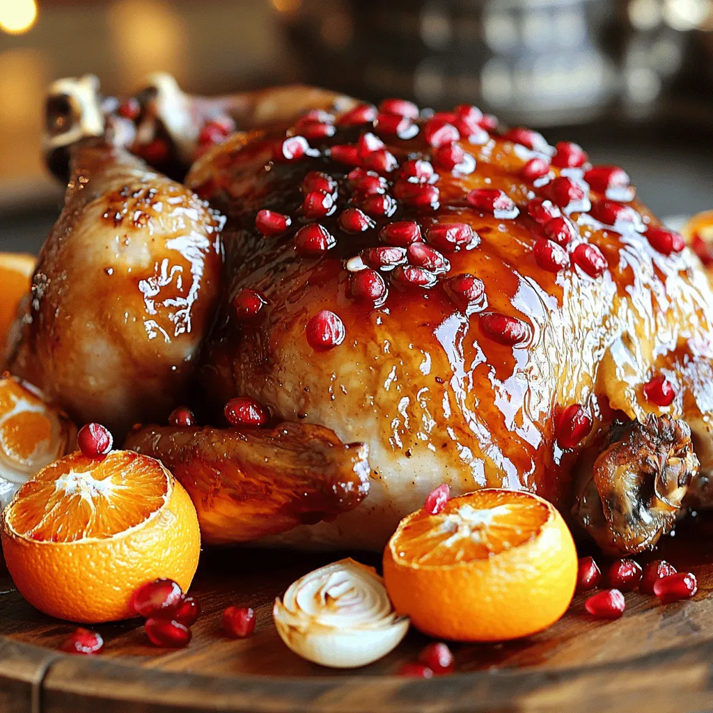 - 1 whole chicken (about 4-5 lbs) - 1 cup pomegranate juice - 1/3 cup honey - 2 tablespoons balsamic vinegar - 4 cloves garlic, minced - 1 tablespoon fresh rosemary, chopped - 1 tablespoon fresh thyme, chopped - Salt and pepper, to taste - 1 orange, quartered - 1 onion, quartered - 2 tablespoons olive oil - Fresh pomegranate seeds for garnish Each ingredient plays an important role in this dish. The chicken is the star, providing a juicy base. Pomegranate juice gives a sweet-tart flavor that balances the honey's sweetness. Honey adds a rich, sticky texture to the glaze. Balsamic vinegar brings depth and a slight tang. Garlic, rosemary, and thyme infuse the chicken with herbal notes. Salt and pepper enhance the natural flavors, making the dish pop. The orange and onion add moisture and a slight citrus flavor, making the chicken even better. Olive oil helps crisp the skin and keep it moist. If you can't find pomegranate juice, try cranberry juice or apple juice as a substitute. For honey, maple syrup works well, but it will change the flavor slightly. Fresh herbs are best, but dried herbs can be used in a pinch. Just reduce the amount to a teaspoon each. This dish is all about balance and flavor. Use fresh ingredients whenever possible for the best results. First, preheat your oven to 425°F (220°C). This helps the chicken cook evenly. Next, in a bowl, mix the pomegranate juice, honey, balsamic vinegar, minced garlic, rosemary, thyme, salt, and pepper. This mix is your glaze. Now, rinse the chicken under cold water and dry it with paper towels. Place the chicken in a large roasting pan. Rub olive oil all over the chicken. This helps the skin get crispy. Season the chicken well with salt and pepper inside and out. Stuff the cavity with the quartered orange and onion. This adds a nice flavor. Place the chicken in the oven. Roast it for about 1 hour and 15 minutes. Use a meat thermometer to check the temperature. The chicken is done when it reaches 165°F (75°C). The skin should be golden and crispy. Halfway through cooking, brush more glaze on the chicken. This gives it a tasty finish. Once the chicken is done, take it out of the oven. Let it rest for 10 to 15 minutes before carving. Resting helps keep the juices inside. Before serving, garnish the chicken with fresh pomegranate seeds. This adds color and a burst of flavor. For the full recipe, check the detailed steps provided earlier. To get a shiny glaze on your chicken, brush it with the pomegranate glaze often. Start by applying a thick layer before roasting. Halfway through cooking, add more glaze for extra shine and flavor. The sweetness of the honey and tartness of the pomegranate juice balance well. You can taste the glaze before applying it to see if you need more salt or pepper. Keeping your chicken moist is key to its flavor. Start by rubbing olive oil all over the chicken. This creates a barrier that locks in moisture. Roast the chicken at a high temperature to get crispy skin and juicy meat. After roasting, let it rest for 10-15 minutes before carving. This resting time allows the juices to settle, making each bite tender and juicy. You can elevate this dish with herbs. Try adding sage or thyme to the glaze for more depth. Fresh herbs brighten the taste and make your chicken more aromatic. For side dishes, consider roasted carrots or a fresh salad. They bring a nice crunch and color to your meal. You can also serve rice or quinoa to soak up the extra glaze. For the full recipe, check the detailed instructions and tips! {{image_2}} You can change the flavor of your chicken by using different juices. Try apple juice for a sweet twist. Pineapple juice adds a tropical note. You can also mix pomegranate juice with orange juice for a bright flavor. Instead of honey, maple syrup can add a warm taste. Using fresh herbs can change the dish, too. Basil brings a sweet aroma. Oregano adds a savory kick. You can even mix in some chili flakes for heat. Each choice gives your chicken a unique flair. If you want to grill the chicken, marinate it in the glaze for an hour. Then, grill it over medium heat. Flip it often to cook evenly. You can also slow-cook the chicken in a crockpot. Just add the glaze and cook on low for 6-8 hours. If you prefer, use chicken parts instead of a whole chicken. Thighs and drumsticks work well. Just adjust the cooking time. Cook them until they reach 165°F (75°C). For a gluten-free version, check your glaze ingredients. Most are naturally gluten-free, but read labels. If you want to cut sugar, use a sugar substitute. Look for ones that measure like sugar for easy swaps. For a vegan option, use tofu or cauliflower. Marinate them in the pomegranate glaze. Roast them until tender. You’ll still get that sweet, tangy flavor without the meat. For the full recipe, check out the complete instructions on making Pomegranate Glazed Roasted Chicken. After your pomegranate glazed roasted chicken, you might have extra pieces. To keep your chicken fresh, store it in an airtight container. Place it in the fridge within two hours of cooking. The chicken stays good for about 3 to 4 days. Make sure to cover it well to keep out air and moisture. This helps keep the flavors intact. If you want to save your leftovers for later, freezing is a great option. First, let the chicken cool down completely. Then, wrap it tightly in plastic wrap or aluminum foil. You can also use freezer bags to save space. Make sure to remove as much air as possible. The chicken can stay frozen for up to 4 months. When you are ready to eat it, take it out and thaw it in the fridge overnight. To reheat, preheat your oven to 350°F (175°C). Place the chicken in a baking dish and add a splash of water or broth. Cover it with foil to keep it moist. Heat for about 20-30 minutes until warmed through. This keeps the chicken juicy and flavorful. To check if your chicken is done, use a meat thermometer. Insert it into the thickest part of the thigh. It should read 165°F (75°C). Besides using a thermometer, look for clear juices when you cut into the chicken. The meat should not be pink, and the skin should be golden and crispy. Yes, you can make the glaze ahead of time. Mix all the glaze ingredients in a bowl. Place it in an airtight container and store it in the fridge. It stays fresh for up to three days. When you are ready to use it, just stir it up before brushing it on the chicken. Many side dishes go well with this chicken. Here are some ideas: - Roasted vegetables: Carrots, Brussels sprouts, and sweet potatoes work well. - Salads: A mixed green salad with a light vinaigrette complements the dish nicely. - Rice or quinoa: These grains soak up the glaze's flavor and add heartiness. For the best meal, mix and match these sides for balance and taste. For the complete recipe of Pomegranate Glazed Roasted Chicken, refer to the detailed instructions above. This post covered how to make Pomegranate Glazed Roasted Chicken. We explored ingredients, prep steps, and cooking methods. You learned tips for flavor and moisture retention. We discussed variations for different diets, cooking methods, and storage tips for leftovers. Remember, experimenting with flavors can make your dish unique. Whether you grill, roast, or adjust ingredients, the goal is tasty food. Enjoy your cooking and share your delicious results with family and friends!