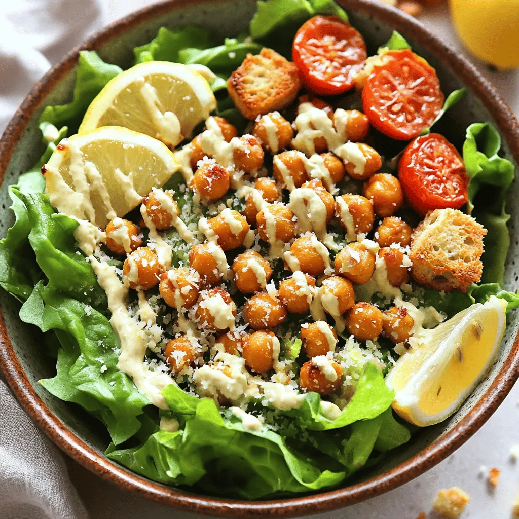 To make a tasty Crispy Chickpea Caesar Salad, gather these key ingredients: - 1 can (15 oz) chickpeas, drained and rinsed - 2 tablespoons olive oil - 1 teaspoon garlic powder - 1 teaspoon smoked paprika - Salt and pepper to taste - 4 cups romaine lettuce, chopped - ¼ cup grated Parmesan cheese (or nutritional yeast for a vegan option) - ½ cup cherry tomatoes, halved - ¼ cup Caesar dressing (store-bought or homemade) - Croutons (store-bought or homemade) for garnish - Fresh lemon wedges for serving These ingredients bring flavor and texture to your salad. The chickpeas provide protein, while the romaine gives a fresh crunch. You can change up the salad by adding some optional ingredients: - Avocado slices for creaminess - Grilled chicken or shrimp for extra protein - Cucumber for added crunch - Red onion for a bit of bite - Capers for a briny touch Feel free to mix and match these extras to fit your taste. This Crispy Chickpea Caesar Salad is not only delicious but also healthy. Here’s a quick look at its benefits: - Chickpeas are high in protein and fiber, which help keep you full. - Romaine lettuce is low in calories and rich in vitamins A and K. - Olive oil provides healthy fats that are good for your heart. - Parmesan cheese adds calcium, while nutritional yeast gives a cheesy taste without dairy. This salad packs a punch of nutrition and flavor, making it a great choice for lunch or dinner. For the complete recipe, check out the Full Recipe. Start by preheating your oven to 425°F (220°C). This heat will help the chickpeas get nice and crispy. Next, take a can of chickpeas, drain it, and rinse them well. Spread the chickpeas on a baking sheet in a single layer. Drizzle two tablespoons of olive oil over them. Then, sprinkle one teaspoon of garlic powder, one teaspoon of smoked paprika, and some salt and pepper to taste. Toss the chickpeas so they get coated well with the oil and spices. Now, it's time to roast the chickpeas. Place the baking sheet in the oven. Bake them for about 20 to 25 minutes. Remember to shake the pan halfway through. This step helps them cook evenly. You want the chickpeas to be golden brown and crispy when they are done. While the chickpeas roast, let's prepare the salad. In a large salad bowl, add four cups of chopped romaine lettuce. Then, sprinkle in ¼ cup of grated Parmesan cheese or nutritional yeast if you prefer a vegan option. Next, add ½ cup of halved cherry tomatoes for a burst of color and flavor. These will give your salad a fresh touch. Now, drizzle ¼ cup of Caesar dressing over the lettuce and tomatoes. Toss everything gently. Make sure the lettuce is well coated with the dressing. Once the chickpeas are done roasting, let them cool for a few minutes. Then add the chickpeas to the salad along with some croutons for extra crunch. Toss everything lightly again to mix. To serve, divide the salad into bowls. This recipe makes about four servings. For a delightful finishing touch, add fresh lemon wedges on the side. A squeeze of lemon can brighten up all the flavors. Enjoy your crispy chickpea Caesar salad as a healthy meal or a tasty side dish. You can find the full recipe above to guide you in making this delicious dish! To get crispy chickpeas, start with canned ones. Drain and rinse them well. Pat them dry using a clean kitchen towel. This step removes excess moisture. Then, spread them in a single layer on a baking sheet. Drizzle with olive oil and sprinkle your spices. I love using garlic powder and smoked paprika for flavor. Bake them at 425°F (220°C) for 20-25 minutes. Shake the pan halfway through to cook them evenly. Watch closely, as they can burn. You want them golden brown and crunchy. For the dressing, you can use store-bought Caesar dressing for ease. If you want to make your own, blend lemon juice, garlic, and anchovies for a classic taste. You can also swap in vegan options. Try using tahini or cashew cream for a creamy texture. A squeeze of lemon adds a bright touch. Remember, the dressing ties all the flavors together, so choose one you love. Garnishing makes your salad pop! Add fresh cherry tomatoes for color. Croutons bring crunch, so don’t skip them. Grated Parmesan cheese adds richness, but you can use nutritional yeast for a vegan twist. For a finishing touch, sprinkle chopped parsley or basil. A few lemon wedges on the side not only look good but add zest when squeezed. These details make your Crispy Chickpea Caesar Salad not just tasty but beautiful too. For the complete recipe, check out the Full Recipe. {{image_2}} You can easily make this salad vegan. To replace the Parmesan cheese, use nutritional yeast. This gives a cheesy taste without dairy. You can also make your own Caesar dressing. Use cashew cream or tahini mixed with lemon juice, garlic, and a touch of mustard. Both options work well and keep the flavors rich. Want more protein? Add cooked quinoa or lentils to your salad. Both options are healthy and add great texture. You can also toss in some diced avocado for creaminess. If you want a heartier salad, grilled chicken or tofu works, too. Just make sure to season them well for the best taste. Changing up ingredients with the seasons keeps your salad fresh. In spring, add asparagus or snap peas for crunch. In summer, try fresh corn or diced cucumbers. Autumn calls for roasted squash or apples to sweeten things up. Lastly, in winter, you can use kale instead of romaine for a hearty twist. These swaps add flavor and make the dish exciting all year long. For the full recipe, check out the Crispy Chickpea Caesar Salad instructions above. To store any leftover Crispy Chickpea Caesar Salad, place it in an airtight container. This keeps it fresh. Make sure to separate the crispy chickpeas from the salad. The salad can get soggy if they sit together. You can store the salad in the fridge for about 2 days. To keep your salad fresh, use a few key tips. First, only dress the salad before you eat it. This prevents wilting. Store the chickpeas in a separate container. They stay crispy this way. You can also add fresh lemon juice just before serving. This brightens the flavor and keeps the greens vibrant. When you're ready to enjoy those crispy chickpeas again, reheat them in the oven. Preheat the oven to 350°F (175°C). Spread the chickpeas on a baking sheet. Heat them for about 5-10 minutes. This brings back their crunch. Avoid using the microwave, as it makes them chewy. Enjoy your salad fresh every time! For the full recipe, check out the details above. Yes, you can use dried chickpeas. You need to soak and cook them first. Soak the dried chickpeas overnight in water. Then, cook them until they are soft. This will take about 1 to 2 hours. After cooking, drain and rinse them. Use them just like the canned chickpeas in the recipe. You have several options if you want to replace Parmesan cheese. Nutritional yeast works well for a vegan choice. It has a cheesy flavor and gives a nice texture. If you prefer, you can use other cheeses like pecorino or cheddar. Simply grate them and sprinkle them over the salad. The salad can last in the fridge for about 2 to 3 days. Keep it in an airtight container to stay fresh. If you want the chickpeas to remain crispy, add them just before serving. The dressing can also be kept separate until you are ready to eat. This helps keep everything fresh. For the full recipe, check out the earlier sections. This blog post offers a clear guide to making a Crispy Chickpea Caesar Salad. We covered the key ingredients, from chickpeas to optional items, and reviewed nutritional benefits. You learned step-by-step how to prepare each element. Tips for crispiness and variations ensure your salad stays fresh and exciting. Finally, proper storage and answers to common questions enhance your salad-making success. Enjoy crafting this tasty dish that’s simple and satisfying!