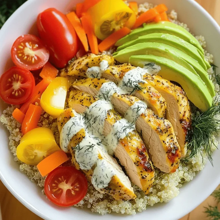 - 2 large chicken breasts - 1 cup dill pickles, chopped - 1/2 cup plain Greek yogurt - 2 tablespoons ranch seasoning mix - 1 teaspoon garlic powder - 1 tablespoon olive oil - 1 cup quinoa, rinsed - 2 cups vegetable broth (or water) - 1 bell pepper (any color), diced - 1 cup cherry tomatoes, halved - 1 cup shredded carrots - 1 avocado, sliced The heart of the Pickle Ranch Chicken and Veggie Power Bowl lies in its fresh and vibrant ingredients. Chicken breasts form the main protein source. The dill pickles add a tangy crunch, while Greek yogurt provides creaminess and protein. For seasonings, ranch seasoning mix brings a burst of flavor. Garlic powder adds warmth, and olive oil helps to keep everything moist. Next, we include the veggies and grains. Quinoa serves as a nutritious base and offers a nutty taste. Colorful bell peppers and juicy cherry tomatoes brighten the bowl. Shredded carrots add sweetness and crunch, and creamy avocado slices give richness. You can find the full recipe to create these delicious power bowls. Enjoy each bite as you dive into this colorful meal! To start, I combine the marinade ingredients. In a bowl, mix chopped dill pickles, plain Greek yogurt, ranch seasoning mix, garlic powder, and a pinch of salt and pepper. This creamy mix gives the chicken a tangy flavor. Next, I add the chicken breasts to the bowl, making sure they are well coated. I cover the bowl and let it chill in the refrigerator for at least 30 minutes. If you have more time, marinate for up to 2 hours. This step is key for flavor. While the chicken marinates, I prepare the quinoa. I take a medium pot and bring vegetable broth to a boil. The broth adds great flavor to the quinoa. Once boiling, I add the rinsed quinoa. Then, I reduce the heat to low, cover the pot, and let it simmer. I check it after about 15 minutes. The quinoa should be fluffy and absorb all the liquid. Once done, I remove it from the heat and set it aside. Next, I preheat the oven to 375°F (190°C). I line a baking sheet with parchment paper to prevent sticking. After marinating, I take the chicken out of the bowl and place it on the baking sheet. I drizzle olive oil over the chicken for moisture and flavor. I bake the chicken in the preheated oven for 25-30 minutes. I check that it’s fully cooked; the internal temperature should reach 165°F (74°C). After baking, I let the chicken rest for a few minutes before slicing it into strips. Now comes the fun part: assembling the power bowls! I start by scooping a portion of quinoa into each bowl. This serves as the base. Then, I layer on sliced chicken, diced bell peppers, halved cherry tomatoes, shredded carrots, and avocado slices. Each ingredient adds color and nutrition. To finish, I drizzle any remaining ranch dressing over the toppings. If I want, I can thin the Greek yogurt with a little water for a smoother finish. A sprinkle of fresh dill on top adds a nice touch and flavor. For the complete details on this recipe, check out the Full Recipe. To get the best flavor from your pickle ranch chicken, you need the right marinade time. I suggest marinating for at least 30 minutes. For even more taste, try to marinate for 2 hours. This gives the chicken time to soak in all those yummy flavors. To enhance the flavor further, you can add some fresh herbs, like dill or parsley. A squeeze of lemon juice also brightens up the taste nicely. To achieve fluffy quinoa, you must test for doneness. When all the liquid is absorbed, it's ready. You can tell it's done when the quinoa looks like it has tiny spirals. For perfect texture, make sure to rinse the quinoa before cooking. This removes any bitter taste. Use a 2:1 ratio of liquid to quinoa for the best results. To ensure your chicken is safe to eat, check the internal temperature. It should reach 165°F (74°C). Use a meat thermometer for accuracy. After cooking, let the chicken rest for about 5 minutes. This helps the juices stay inside, making the chicken tender. Slicing it right after cooking can dry it out. Enjoy your pickle ranch chicken in the veggie power bowls! For the full recipe, check out the details above. {{image_2}} You can switch the chicken for other proteins. Tofu or chickpeas work well. Tofu adds a nice texture. Chickpeas give a hearty feel. Both options soak up the pickle ranch flavors. You can also mix veggies for a fun twist. Try zucchini, broccoli, or asparagus for different tastes. Adding spices brings new life to the dish. Try paprika, cumin, or even chili powder for a kick. Fresh herbs like parsley or cilantro can brighten the bowl. You can also get creative with dressings. A honey mustard or lemon vinaigrette pairs nicely. These options add a unique flair to your meal. Make these power bowls a meal prep favorite. They store well in the fridge for easy lunches. Pair them with a side of fruit or a light salad for balance. This adds freshness and more nutrients. You can also serve them with a warm bread roll for a cozy meal. These bowls are versatile and can fit any occasion. For the full recipe, check out the original guide. To keep leftovers fresh, use airtight containers. Glass or plastic containers work great. Make sure they seal tightly. Place the cooled power bowls in the fridge right away. This keeps the chicken and veggies safe. If you want to freeze the power bowls, let them cool first. Then, place them in freezer-safe containers. Leave some space at the top of the container. This allows for expansion. To thaw, move the bowl to the fridge overnight. For reheating, microwave until hot. Stir halfway through to warm evenly. In the fridge, these bowls last about 3-4 days. You’ll know they are bad if the chicken smells sour or the veggies look slimy. Always check before you eat leftovers. Enjoying fresh food is key to good meals. You can make homemade ranch seasoning. Mix equal parts of dried parsley, dill, garlic powder, onion powder, and salt. This gives you a fresh flavor. You can also use other dressings like Italian or vinaigrette. They can add a nice twist to your bowl. Yes, you can! Use gluten-free grains like quinoa, brown rice, or millet. Check that your ranch seasoning is gluten-free too. Most brands are, but always read the label. You can also use gluten-free sauces for added flavor. To keep your chicken juicy, marinate it well. The yogurt in the marinade helps. Bake it at the right temperature, and do not overcook it. Let it rest after baking. This keeps the juices inside. Absolutely! You can prepare the chicken and quinoa in advance. Store them in airtight containers. When you're ready to eat, just reheat the chicken and quinoa. Add fresh veggies and dressing when serving for best taste. Yes, with some changes. You can skip the quinoa and use leafy greens instead. This makes it low-carb and still filling. Use more protein and healthy fats like avocado. Adjust your toppings to fit your diet needs. This blog post covers creating delicious power bowls. We explored main ingredients like chicken, dill pickles, and Greek yogurt. We also discussed seasonings and extras, cooking methods, and storage tips. Incorporating the right flavors and textures makes your meals fun and satisfying. Remember, you can customize these bowls to fit your tastes or dietary needs. Don’t hesitate to experiment with spices or alternative proteins. Enjoy creating your unique bowls!