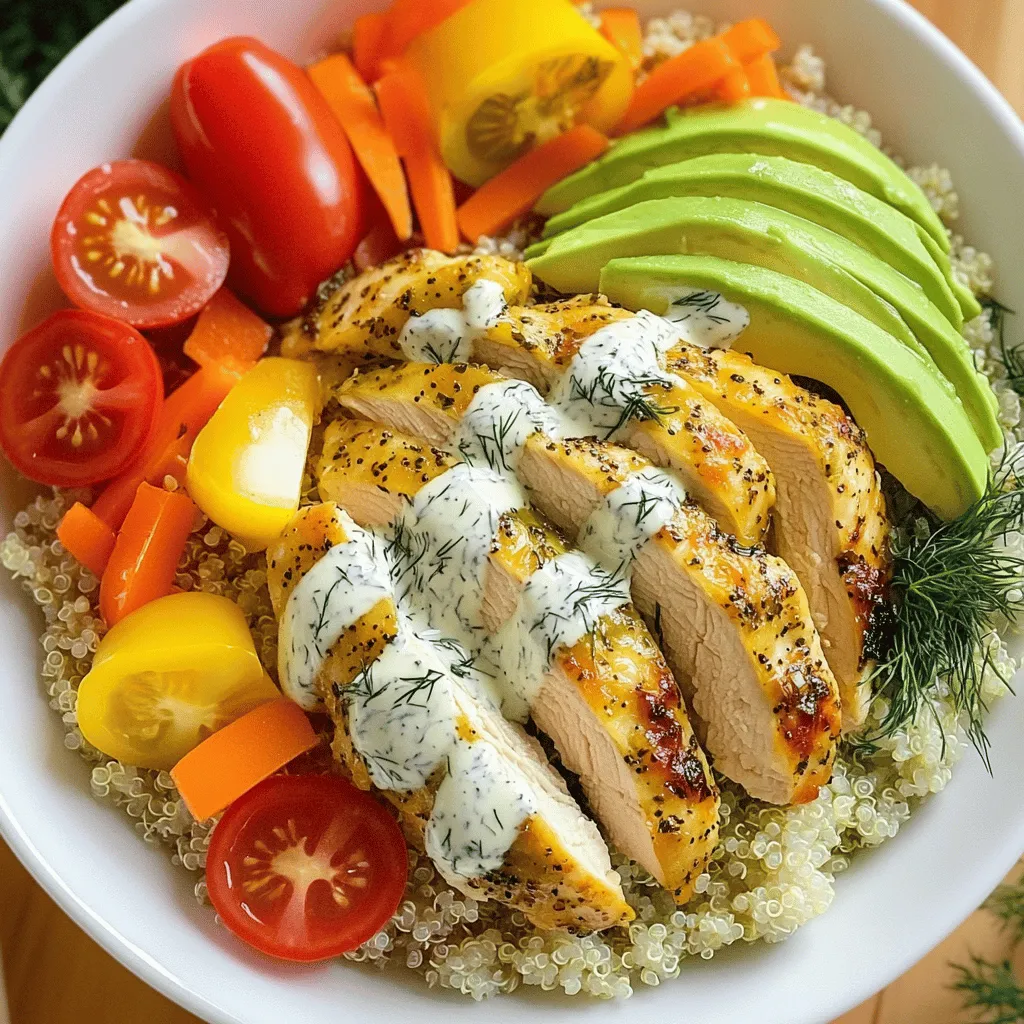 - 2 large chicken breasts - 1 cup dill pickles, chopped - 1/2 cup plain Greek yogurt - 2 tablespoons ranch seasoning mix - 1 teaspoon garlic powder - 1 tablespoon olive oil - 1 cup quinoa, rinsed - 2 cups vegetable broth (or water) - 1 bell pepper (any color), diced - 1 cup cherry tomatoes, halved - 1 cup shredded carrots - 1 avocado, sliced The heart of the Pickle Ranch Chicken and Veggie Power Bowl lies in its fresh and vibrant ingredients. Chicken breasts form the main protein source. The dill pickles add a tangy crunch, while Greek yogurt provides creaminess and protein. For seasonings, ranch seasoning mix brings a burst of flavor. Garlic powder adds warmth, and olive oil helps to keep everything moist. Next, we include the veggies and grains. Quinoa serves as a nutritious base and offers a nutty taste. Colorful bell peppers and juicy cherry tomatoes brighten the bowl. Shredded carrots add sweetness and crunch, and creamy avocado slices give richness. You can find the full recipe to create these delicious power bowls. Enjoy each bite as you dive into this colorful meal! To start, I combine the marinade ingredients. In a bowl, mix chopped dill pickles, plain Greek yogurt, ranch seasoning mix, garlic powder, and a pinch of salt and pepper. This creamy mix gives the chicken a tangy flavor. Next, I add the chicken breasts to the bowl, making sure they are well coated. I cover the bowl and let it chill in the refrigerator for at least 30 minutes. If you have more time, marinate for up to 2 hours. This step is key for flavor. While the chicken marinates, I prepare the quinoa. I take a medium pot and bring vegetable broth to a boil. The broth adds great flavor to the quinoa. Once boiling, I add the rinsed quinoa. Then, I reduce the heat to low, cover the pot, and let it simmer. I check it after about 15 minutes. The quinoa should be fluffy and absorb all the liquid. Once done, I remove it from the heat and set it aside. Next, I preheat the oven to 375°F (190°C). I line a baking sheet with parchment paper to prevent sticking. After marinating, I take the chicken out of the bowl and place it on the baking sheet. I drizzle olive oil over the chicken for moisture and flavor. I bake the chicken in the preheated oven for 25-30 minutes. I check that it’s fully cooked; the internal temperature should reach 165°F (74°C). After baking, I let the chicken rest for a few minutes before slicing it into strips. Now comes the fun part: assembling the power bowls! I start by scooping a portion of quinoa into each bowl. This serves as the base. Then, I layer on sliced chicken, diced bell peppers, halved cherry tomatoes, shredded carrots, and avocado slices. Each ingredient adds color and nutrition. To finish, I drizzle any remaining ranch dressing over the toppings. If I want, I can thin the Greek yogurt with a little water for a smoother finish. A sprinkle of fresh dill on top adds a nice touch and flavor. For the complete details on this recipe, check out the Full Recipe. To get the best flavor from your pickle ranch chicken, you need the right marinade time. I suggest marinating for at least 30 minutes. For even more taste, try to marinate for 2 hours. This gives the chicken time to soak in all those yummy flavors. To enhance the flavor further, you can add some fresh herbs, like dill or parsley. A squeeze of lemon juice also brightens up the taste nicely. To achieve fluffy quinoa, you must test for doneness. When all the liquid is absorbed, it's ready. You can tell it's done when the quinoa looks like it has tiny spirals. For perfect texture, make sure to rinse the quinoa before cooking. This removes any bitter taste. Use a 2:1 ratio of liquid to quinoa for the best results. To ensure your chicken is safe to eat, check the internal temperature. It should reach 165°F (74°C). Use a meat thermometer for accuracy. After cooking, let the chicken rest for about 5 minutes. This helps the juices stay inside, making the chicken tender. Slicing it right after cooking can dry it out. Enjoy your pickle ranch chicken in the veggie power bowls! For the full recipe, check out the details above. {{image_2}} You can switch the chicken for other proteins. Tofu or chickpeas work well. Tofu adds a nice texture. Chickpeas give a hearty feel. Both options soak up the pickle ranch flavors. You can also mix veggies for a fun twist. Try zucchini, broccoli, or asparagus for different tastes. Adding spices brings new life to the dish. Try paprika, cumin, or even chili powder for a kick. Fresh herbs like parsley or cilantro can brighten the bowl. You can also get creative with dressings. A honey mustard or lemon vinaigrette pairs nicely. These options add a unique flair to your meal. Make these power bowls a meal prep favorite. They store well in the fridge for easy lunches. Pair them with a side of fruit or a light salad for balance. This adds freshness and more nutrients. You can also serve them with a warm bread roll for a cozy meal. These bowls are versatile and can fit any occasion. For the full recipe, check out the original guide. To keep leftovers fresh, use airtight containers. Glass or plastic containers work great. Make sure they seal tightly. Place the cooled power bowls in the fridge right away. This keeps the chicken and veggies safe. If you want to freeze the power bowls, let them cool first. Then, place them in freezer-safe containers. Leave some space at the top of the container. This allows for expansion. To thaw, move the bowl to the fridge overnight. For reheating, microwave until hot. Stir halfway through to warm evenly. In the fridge, these bowls last about 3-4 days. You’ll know they are bad if the chicken smells sour or the veggies look slimy. Always check before you eat leftovers. Enjoying fresh food is key to good meals. You can make homemade ranch seasoning. Mix equal parts of dried parsley, dill, garlic powder, onion powder, and salt. This gives you a fresh flavor. You can also use other dressings like Italian or vinaigrette. They can add a nice twist to your bowl. Yes, you can! Use gluten-free grains like quinoa, brown rice, or millet. Check that your ranch seasoning is gluten-free too. Most brands are, but always read the label. You can also use gluten-free sauces for added flavor. To keep your chicken juicy, marinate it well. The yogurt in the marinade helps. Bake it at the right temperature, and do not overcook it. Let it rest after baking. This keeps the juices inside. Absolutely! You can prepare the chicken and quinoa in advance. Store them in airtight containers. When you're ready to eat, just reheat the chicken and quinoa. Add fresh veggies and dressing when serving for best taste. Yes, with some changes. You can skip the quinoa and use leafy greens instead. This makes it low-carb and still filling. Use more protein and healthy fats like avocado. Adjust your toppings to fit your diet needs. This blog post covers creating delicious power bowls. We explored main ingredients like chicken, dill pickles, and Greek yogurt. We also discussed seasonings and extras, cooking methods, and storage tips. Incorporating the right flavors and textures makes your meals fun and satisfying. Remember, you can customize these bowls to fit your tastes or dietary needs. Don’t hesitate to experiment with spices or alternative proteins. Enjoy creating your unique bowls!