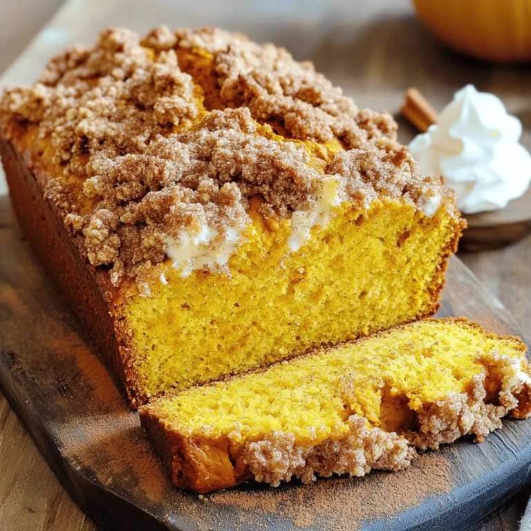 - 1 ½ cups all-purpose flour - 1 teaspoon baking powder - 1 teaspoon baking soda - ½ teaspoon salt - 1 teaspoon ground cinnamon - ½ teaspoon ground nutmeg - ½ teaspoon ground ginger The dry ingredients are the backbone of our bread. The flour gives it structure. Baking powder and soda help it rise. Salt enhances all the flavors. Spices like cinnamon, nutmeg, and ginger add warmth and a cozy fall vibe. - 1 cup pure pumpkin puree (canned or fresh) - ¾ cup granulated sugar - ½ cup brown sugar, packed - ½ cup vegetable oil - 2 large eggs - 1 teaspoon vanilla extract Next, we have the wet ingredients. Pumpkin puree adds moisture and richness. Granulated sugar and brown sugar bring sweetness. Vegetable oil keeps the loaf tender. Eggs bind everything together, while vanilla adds a nice touch of flavor. - ½ cup chopped walnuts or pecans - Ingredients for the streusel topping For added crunch, consider walnuts or pecans. They complement the pumpkin well. Now, let’s talk about the streusel topping. It adds a sweet, crumbly layer to the bread. You'll mix flour, brown sugar, cinnamon, butter, and oats for that perfect crunch. For the full recipe, check out the detailed instructions! First, preheat your oven to 350°F (175°C). This step is very important. While the oven warms up, prepare your loaf pan. You can grease it with butter or oil, or line it with parchment paper. Using parchment makes it easy to lift the bread out later. In one bowl, mix the dry ingredients. Combine 1 ½ cups of all-purpose flour, baking powder, baking soda, salt, and spices. In another bowl, blend the wet ingredients. Use 1 cup of pumpkin puree, granulated sugar, brown sugar, vegetable oil, eggs, and vanilla extract. Stir them well until they are smooth. Now, slowly add the dry mix to the wet mix. Stir gently until just combined. Be careful not to overmix. Overmixing can make the bread tough. If you want, fold in chopped walnuts or pecans for added crunch. For the streusel, grab a separate bowl. Mix ½ cup of flour, ¼ cup of brown sugar, and 1 tsp of cinnamon. Then, add 4 tablespoons of cold butter cut into cubes. Use your fingers or a pastry cutter to blend until it looks like coarse crumbs. Finally, stir in ½ cup of rolled oats. This will give your topping a nice texture. Pour your pumpkin batter into the prepared loaf pan. Then, evenly sprinkle the streusel topping on top. Bake it in the preheated oven for 55-65 minutes. Check for doneness by inserting a toothpick into the center. If it comes out clean, the bread is ready. If the top browns too fast, cover it with aluminum foil for the last 15 minutes. Enjoy the smell of your kitchen as it fills with the scent of fall! Using fresh ingredients is key. Fresh pumpkin puree adds more taste and moisture. When you pick your spices, make sure they are fresh, too. Old spices lose their flavor. Use the right measuring techniques. Spoon flour into your measuring cup, then level it off. This helps avoid too much flour, which can make your bread dry. If your bread is too dry, add a bit more oil next time. You can also check your oven's temperature. An oven that is too hot can dry out the bread. If your bread is dense, try mixing less. Overmixing can make the bread heavy. For sweetness, adjust the sugar to your taste. If you want more spice, add a bit more cinnamon or nutmeg. Slice the bread into thick pieces. This makes it easy to serve. Place the slices on a wooden board for a rustic look. You can sprinkle some extra cinnamon on top for flair. A dollop of whipped cream adds a nice touch. Cream cheese spread pairs well, too. Enjoy it with a cup of warm cider or tea. For the full recipe, check out the Pumpkin Streusel Bread Loaf section above. {{image_2}} You can have fun with flavors in pumpkin streusel bread. Adding chocolate chips brings a sweet touch. I often use semi-sweet chocolate. Dried fruits like cranberries or raisins add a chewy bite. They also balance the spices well. You can even mix in different nuts or seeds. Try pecans for a buttery taste or sunflower seeds for crunch. If you need gluten-free options, swap the all-purpose flour for a gluten-free blend. Many blends work well in this recipe. To make it vegan, replace eggs with flaxseed meal or applesauce. Use a plant-based oil too. These changes keep the bread tasty and moist. You can change the bread for holidays. For Halloween, add orange zest for a citrus twist. At Thanksgiving, mix in some chopped apples for a fruity flavor. You can even use pumpkin spice mix instead of individual spices. This gives a warm, cozy taste perfect for fall gatherings. Each variation makes the bread special and unique! To store leftover pumpkin streusel bread at room temperature, wrap it tightly in plastic wrap. This keeps it fresh for about 2 to 3 days. If your home is warm, consider putting it in an airtight container. For the best taste and texture, I recommend keeping it at room temperature rather than in the fridge. If you decide to refrigerate it, use a sealed container. This can extend the life of the bread, but it may dry it out a bit. It should last up to one week in the fridge if stored properly. Freezing the pumpkin streusel bread is a great way to save it for later. First, let the bread cool completely. Then, wrap it tightly in plastic wrap and aluminum foil. This helps prevent freezer burn. You can also put it in a freezer-safe bag. It can last up to 3 months in the freezer. When you’re ready to enjoy it, thaw the bread in the fridge overnight. For a quick reheat, slice the bread and warm it in the microwave for about 15-20 seconds. You can also pop it in the oven at 350°F for about 10 minutes to warm it through. When stored properly, pumpkin streusel bread can last for about 3 days at room temperature and up to a week in the fridge. In the freezer, it lasts up to 3 months. Look for signs that the bread has gone bad. If you see mold, a change in color, or an off smell, it’s best to throw it away. Freshness is key for enjoying this tasty fall delight! Yes, you can make this bread ahead of time. To prepare in advance, bake the bread and let it cool completely. Then, wrap it tightly in plastic wrap or foil. Store it in the fridge for up to a week. You can also freeze it for up to three months. Just thaw it overnight in the fridge before serving. To keep your streusel on top, sprinkle it evenly over the batter. Make sure the batter is thick enough to hold the streusel. You can also chill the streusel before adding it to the batter. This helps it stay firm and prevents sinking during baking. You can add many flavors to enhance your pumpkin bread. Try mixing in chocolate chips for a sweet twist. Dried fruits, like cranberries or raisins, add a nice texture. You can also add nuts for crunch or spices like allspice for warmth. Each option brings a new taste to your bread. Yes, you can make this bread gluten-free. Use a gluten-free all-purpose flour blend instead of regular flour. Check that your baking powder and other ingredients are gluten-free as well. This way, everyone can enjoy this tasty treat without worry. You learned how to make delicious pumpkin streusel bread with simple steps. We covered key ingredients and easy techniques, from prepping the oven to storing leftovers. Keep your ingredients fresh for the best taste. Don’t hesitate to explore variations for your personal touch. Whether for a holiday or everyday snack, this bread brings joy. Now, it’s your turn to bake and share this delightful treat! Enjoy the flavor and warmth of your creation.