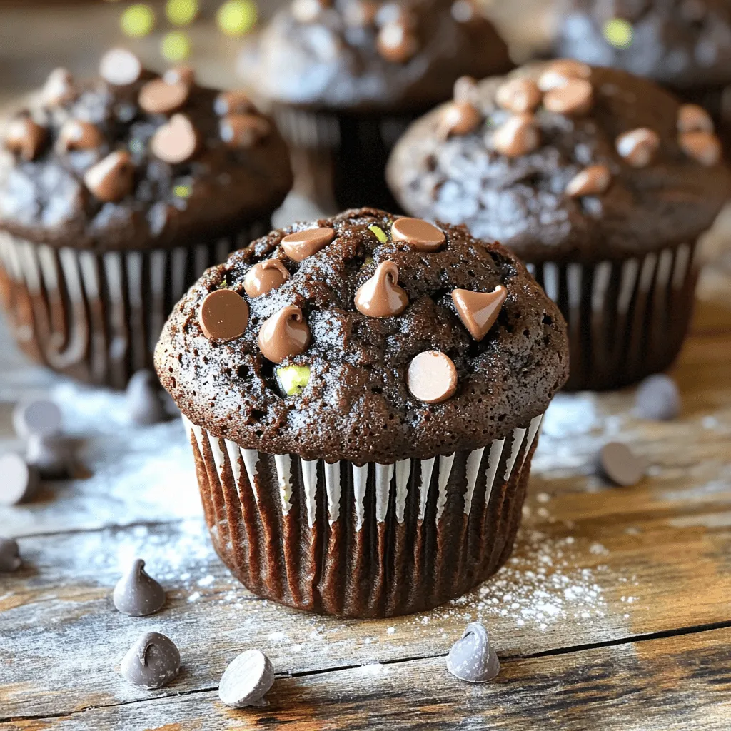 To make the double chocolate zucchini muffins, you need the following: - 1 cup grated zucchini (about 1 medium zucchini) - 1 cup all-purpose flour - 1/2 cup unsweetened cocoa powder - 1 teaspoon baking soda - 1/2 teaspoon baking powder - 1/4 teaspoon salt - 1/2 cup granulated sugar - 1/2 cup brown sugar, packed - 1/2 cup vegetable oil (or melted coconut oil) - 2 large eggs - 1 teaspoon vanilla extract - 1/2 cup semi-sweet chocolate chips - 1/4 cup chopped walnuts or pecans (optional) If you lack any of these ingredients, don’t worry! Here are some easy swaps: - Flour: You can use whole wheat flour for added fiber. - Cocoa Powder: Try carob powder for a different flavor. - Sugar: Substitute with coconut sugar or honey. - Oil: Applesauce works well as a low-fat option. - Eggs: Use flax eggs (1 tablespoon flaxseed meal + 2.5 tablespoons water) as a binder. These swaps can change the taste slightly, but they keep the muffins tasty and moist. When picking zucchini, look for these tips: - Color: Choose dark green zucchini. Avoid those with yellow spots. - Size: Opt for medium-sized zucchini. Smaller ones have better flavor. - Texture: The skin should be smooth and firm. Avoid soft or wrinkled ones. - Weight: Select zucchini that feels heavy for its size. This means more moisture inside. Using fresh zucchini makes your muffins rich and moist. It enhances the flavor too! For the full recipe, check here. To start, gather all your ingredients. You need one cup of grated zucchini. This is about one medium zucchini. You will also need flour, cocoa powder, baking soda, and salt. Ensure you have both granulated and brown sugar. Grab two large eggs and some oil too. Don't forget the vanilla extract and chocolate chips. Optional nuts can add a nice crunch. 1. First, preheat your oven to 350°F (175°C). Line a muffin tin with paper liners or grease it lightly. 2. In a medium bowl, mix the grated zucchini with one tablespoon of flour. This helps absorb moisture. Set this bowl aside. 3. Now, take a large bowl. Whisk together the flour, cocoa powder, baking soda, baking powder, and salt. Mix until it's nice and even. 4. In another bowl, blend the granulated sugar, brown sugar, and oil until smooth. Add one egg at a time, mixing well after each. Stir in the vanilla extract. 5. Gradually add the dry mix to the wet mix. Stir until just combined. Be careful not to overmix. 6. Gently fold in the zucchini, chocolate chips, and nuts if you’re using them. Make sure they’re evenly spread. 7. Divide the batter into the muffin cups. Fill each cup about three-quarters full. 8. Bake in the preheated oven for 18-22 minutes. A toothpick should come out clean when inserted in the center. 9. Once baked, remove them from the oven. Let the muffins cool in the pan for about five minutes. Then, move them to a wire rack to cool completely. Baking these double chocolate zucchini muffins is a fun way to enjoy a sweet treat. The zucchini keeps them moist and rich. For the full recipe, refer to the ingredients section above. Overmixing can ruin your muffins. It makes them tough and chewy. Mix just until the batter comes together. Use a spatula for gentle folds. This keeps your muffins soft and fluffy. Remember, lumps are okay! They will bake out. Zucchini adds moisture to your muffins. Grate it finely for the best result. Squeeze out excess water using a clean towel. A little flour on the grated zucchini helps absorb extra moisture. This step helps keep your muffins rich and moist. Texture is key to a great muffin. Use high-quality cocoa powder for a deep chocolate flavor. Don’t skip the chocolate chips; they add a nice melt. Bake until a toothpick comes out clean. This ensures a tender crumb. For extra crunch, consider adding nuts. They add texture and flavor contrast. These tips will help you bake the perfect double chocolate zucchini muffins. Check out the Full Recipe for detailed steps! {{image_2}} You can add fun flavors to your muffins. Try using different mix-ins to make them unique. Here are some great ideas: - Chocolate chunks: They melt and create pockets of gooey chocolate. - Dried fruit: Raisins or cranberries add a nice sweetness. - Coconut flakes: This gives a tropical twist to your muffins. - Peanut butter chips: They add a nutty flavor that pairs well with chocolate. These mix-ins can change the taste and texture. Feel free to experiment! You can make these muffins a bit healthier without losing the taste. Here are some simple swaps: - Use whole wheat flour: This adds fiber and nutrients. - Reduce sugar: Try cutting the sugar in half or using honey instead. - Swap oil for applesauce: This keeps muffins moist and cuts fat. - Add flaxseeds: They boost nutrition and add a nice crunch. These changes keep the muffins tasty while making them a bit lighter. If you need gluten-free muffins, I have you covered. Here’s how to make them gluten-free: - Use gluten-free flour blend: Look for a blend that includes xanthan gum. - Try almond flour: This gives a rich flavor and is naturally gluten-free. - Check your chocolate chips: Ensure they are gluten-free, as some brands may contain gluten. With these adjustments, you can enjoy delicious muffins that fit your diet. Don't forget to check out the Full Recipe for all the details! To keep your double chocolate zucchini muffins fresh, store them in an airtight container. Place a paper towel inside to absorb moisture and keep them from getting soggy. You can store them at room temperature for up to three days. If you want to keep them longer, consider refrigeration. Freezing is a great way to save muffins for later. First, let the muffins cool completely. Then, wrap each muffin tightly in plastic wrap. Place the wrapped muffins in a freezer bag or container. They can last up to three months in the freezer. When you are ready to enjoy them, just thaw them at room temperature. To reheat your muffins, you can use the microwave or the oven. If using the microwave, heat them for about 15-20 seconds. For the oven, preheat it to 350°F (175°C) and heat muffins for about 5-10 minutes. This will help restore their warm, moist texture. Enjoy your muffins fresh, just like when they came out of the oven! Yes, you can use frozen zucchini. Just remember to thaw it first. Squeeze out excess water after thawing. This keeps your muffins from becoming too wet. Frozen zucchini works great in these double chocolate zucchini muffins. To make these muffins vegan, swap the eggs for flax eggs. Mix one tablespoon of ground flaxseed with three tablespoons of water for each egg. Let it sit until it thickens. Use a plant-based oil instead of vegetable oil. Replace chocolate chips with dairy-free ones. The best way to test muffins is to use a toothpick. Insert it into the center of a muffin. If it comes out clean or with a few crumbs, they are ready. Bake them for 18-22 minutes. Keep an eye on them as they bake! We explored everything you need to know to make delicious zucchini muffins. We covered the key ingredients, substitutions, and tips for choosing fresh zucchini. Next, we shared step-by-step instructions for baking, along with tips to keep muffins moist and texture perfect. You learned about variations, storage methods, and how to handle common questions. I hope this guide helps you enjoy zucchini muffins at home. Remember, experimenting with ingredients can lead to great results! Happy baking!