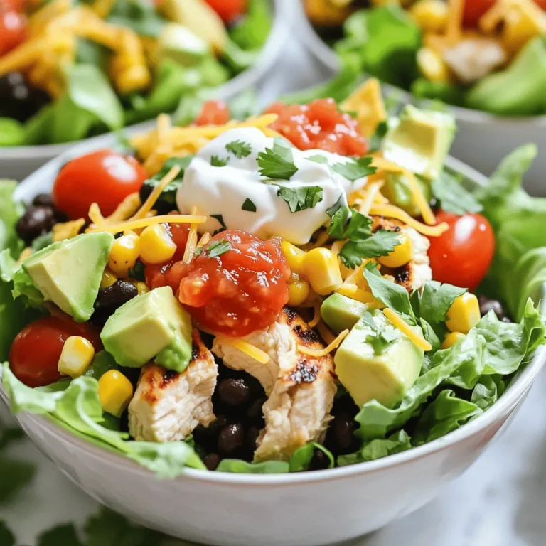 - 2 boneless, skinless chicken breasts - 1 tablespoon olive oil - 1 teaspoon chili powder - 1 teaspoon cumin - 1 teaspoon garlic powder - 1 teaspoon onion powder - Salt and pepper to taste The chicken is the star of our salad. The marinade makes it juicy and tasty. Seasoning helps bring out the best flavors. Use enough spices to coat the chicken well. This step is key for a delicious meal. - 4 cups romaine lettuce, chopped - 1 cup cherry tomatoes, halved - 1 cup black beans, rinsed and drained - 1 cup corn (fresh, frozen, or canned) - 1 avocado, diced - ½ cup shredded cheese (cheddar, Monterey Jack, or Mexican blend) - ½ cup salsa - ¼ cup sour cream or Greek yogurt - Fresh cilantro, chopped (for garnish) - Tortilla chips (for crunch) Fresh veggies add texture and color. Romaine lettuce forms the base. Cherry tomatoes give a sweet burst. Black beans and corn add protein and fiber. Avocado brings creaminess. You can top it with cheese and salsa for extra flavor. For more fun, try adding extra toppings like jalapeños, olives, or lime juice. You can also serve this with a side of rice or tortilla chips. These extras can make the meal even more enjoyable. To make the chicken flavorful, start with the marinade. In a bowl, mix together 1 tablespoon of olive oil, 1 teaspoon of chili powder, 1 teaspoon of cumin, 1 teaspoon of garlic powder, 1 teaspoon of onion powder, salt, and pepper. This mix gives the chicken a zesty kick. Coat the chicken breasts well with this mixture. Let them sit for about 15 minutes. This short time allows the flavors to soak in without being too long. You can grill or pan-sear the chicken. If you grill, preheat your grill or grill pan to medium-high heat. Cook the chicken for about 6-7 minutes on each side. You want the internal temperature to reach 165°F (75°C). This ensures the chicken is safe to eat. If you do not have a meat thermometer, slice the chicken open. The meat should be white and no longer pink. After cooking, remove it from heat and let it cool slightly. Dice it into bite-sized pieces for the salad. Now, it’s time to build your salad bowl! Start by layering the chopped romaine lettuce at the bottom. This gives a nice base and adds crunch. Next, add the halved cherry tomatoes, black beans, corn, diced avocado, and the grilled chicken. Layering your salad not only looks great but also mixes flavors well. Fresh ingredients make a big difference in taste. The more colorful your bowl, the better it looks and tastes! Finish with salsa, sour cream or Greek yogurt, cheese, and crushed tortilla chips. Enjoy your tasty Chicken Taco Salad Bowl! For more details, check out the Full Recipe. To boost the taste of your chicken taco salad, adjust the spices. - Add cayenne pepper for heat. - Use smoked paprika for depth. Fresh herbs can also make a big difference. - Cilantro brightens the dish. - Try green onions for a mild bite. Meal prep makes life easier. You can prepare components in advance. - Cook the chicken and store it in the fridge. - Chop veggies and keep them in separate containers. This will help maintain freshness. Make your salad bowl fun and appealing. - Layer ingredients in a clear bowl for a colorful look. - Serve with crispy tortilla chips on the side. For parties, consider a taco salad bar. - Let guests build their own bowls with toppings. This keeps it interactive and fun! For the full recipe, check the link above. {{image_2}} For a tasty vegetarian version, you can swap the chicken for grilled vegetables or beans. Try using: - Grilled zucchini - Bell peppers - Sliced mushrooms - Chickpeas These options add great texture and flavor. Use spices like cumin and chili powder to keep the taste bold. You can also add roasted corn for a sweet touch. Fresh herbs like cilantro or parsley brighten up the dish. If you're looking for low-carb options, use lettuce wraps instead of tortilla chips. For gluten-free, check your salsa and toppings. Make sure they are certified gluten-free. For dairy-free variations, replace cheese with avocado or use nutritional yeast for a cheesy flavor. You can also skip sour cream and use a dairy-free yogurt or guacamole instead. To mix things up, try adding different cuisines to your salad. You could: - Incorporate Mediterranean flavors with feta cheese and olives. - Use Asian-inspired ingredients like sesame dressing and edamame. - Add Mexican flair with jalapeños and pico de gallo. Unique ingredients can take your salad to new heights. Try adding roasted nuts or seeds for crunch. You can also mix in fruits like mango or pineapple for a sweet twist. For the full recipe, check out the Zesty Chicken Taco Salad Bowls. To keep your Chicken Taco Salad Bowls fresh, use airtight containers. Store any leftovers in the fridge. The salad will stay good for up to three days. Keep the dressing separate to avoid soggy greens. This way, your salad stays crisp and tasty. If you have leftover chicken, reheat it gently. Use a microwave or stovetop. Heat the chicken just until warm. This keeps the meat tender and juicy. Avoid overheating to prevent dryness. Always store your dressing separately. This keeps your salad fresh longer. You can freeze some salad components. Chicken and black beans freeze well. Store them in freezer-safe bags. Remove as much air as possible for longer shelf life. Avoid freezing lettuce and tomatoes; they don't thaw well. Prepare your salad fresh for the best flavor and texture. To make Chicken Taco Salad Bowls, follow these key steps: 1. Marinate the chicken with olive oil, chili powder, cumin, garlic and onion powders, plus salt and pepper. 2. Grill or pan-cook the chicken until it reaches 165°F (75°C). 3. Chop romaine lettuce and place it at the bottom of your bowl. 4. Add toppings like tomatoes, black beans, corn, avocado, and the cooked chicken. 5. Drizzle salsa and add sour cream or Greek yogurt on top. 6. Finish with shredded cheese and crushed tortilla chips. This [Full Recipe] makes a colorful, tasty meal. Yes, you can use leftover chicken. Just ensure it is stored properly. Here are some best practices: - Shred or chop the chicken into small pieces. - Reheat it gently to avoid drying it out. - Mix it with a little salsa or dressing for added moisture. Using leftover chicken saves time and still brings great flavor. You can add many toppings to boost the flavor of your salad. Here are some popular choices: - Sliced jalapeños for heat - Chopped green onions for freshness - Black olives for a briny taste - Diced bell peppers for crunch - Fresh cilantro for a burst of flavor These toppings add nutrition, too. For example, jalapeños contain vitamin C, while black beans provide fiber. To give your salad a spicy kick, try these tips: - Add sliced jalapeños or diced serrano peppers. - Use spicy salsa or hot sauce as a dressing. - Mix in some crushed red pepper flakes. These spicy ingredients can elevate the taste and add excitement to your meal. This blog post showed you how to make a tasty chicken salad bowl. We covered ingredients like chicken, fresh veggies, and fun toppings. You learned step-by-step marinating and cooking tips to ensure flavor. I shared ways to customize your meal for different diets and cuisines. Now, you can enjoy a fresh salad that's easy to make and mix! Try the tips for meal prep and storage to keep your meals great all week. Your salad bowl creation can wow family and friends. Enjoy your cooking journey!