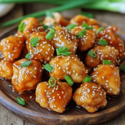 - 1 lb boneless chicken breasts - 1/2 cup honey - 1/4 cup low sodium soy sauce - 4 cloves garlic, minced I love using boneless chicken breasts for this dish. They cook well and become tender. Honey adds sweetness, while soy sauce brings a salty depth. Garlic gives a strong flavor that makes every bite special. - 1 teaspoon fresh ginger - 1 tablespoon rice vinegar - 2 tablespoons cornstarch - 1 tablespoon olive oil Fresh ginger adds a nice zing. Rice vinegar balances the sweetness of honey. Cornstarch helps to create a crispy texture when coating the chicken. Olive oil is perfect for sautéing the chicken to golden perfection. - 1/2 teaspoon sesame seeds - 2 green onions, chopped These garnishes make the dish pop. Sesame seeds add a nutty crunch, and green onions bring a fresh finish. Together, they enhance the look and flavor of your honey garlic chicken bites. For the full recipe, click [here](Full Recipe). Enjoy making these tasty bites! To start, we need to make a tasty marinade. In a medium bowl, I whisk together the honey, soy sauce, minced garlic, fresh ginger, rice vinegar, and black pepper. This mix gives the chicken its sweet and savory flavor. Next, I add the bite-sized chicken pieces to the marinade. It’s key to make sure they are fully covered. I cover the bowl and pop it in the fridge. Letting the chicken marinate for at least 30 minutes lets those flavors soak in. If you have time, marinate for up to 2 hours for even more taste. After marinating, I take the chicken out of the fridge. I let any extra marinade drip off. Then, I toss the chicken pieces in cornstarch. This step makes the chicken crispy when it cooks. Now, I heat a large skillet over medium-high heat. I add some olive oil and wait until it’s hot. With the skillet ready, I add the coated chicken pieces in a single layer. If the skillet is too small, I cook them in batches. I sauté the chicken for about 4-5 minutes. I flip them halfway to get that nice golden brown color. Once the chicken is cooked, I lower the heat. I pour in the reserved marinade and stir everything together. This step gives the chicken a nice glaze. I let it cook for another 2-3 minutes until the sauce thickens slightly. I remove the skillet from heat and let it sit for a minute. This helps the sauce stick to the chicken. Now, you can serve the honey garlic chicken bites warm, and they are ready to enjoy! For the full recipe, check the earlier section. Marinating your chicken is key to flavor. Aim for at least 30 minutes. For the best taste, let it sit for up to 2 hours. This longer time allows the flavors to soak in deeply. To coat the chicken in cornstarch, first drain excess marinade. Toss each piece in cornstarch until fully covered. This step gives your bites a nice crisp texture. High heat is essential for cooking these chicken bites. It helps to sear the chicken quickly, sealing in the juices. Use medium-high heat for the best results. Avoid overcrowding the skillet. Cook in batches if needed. Crowding leads to steaming instead of browning, which makes your chicken less tasty. To get the perfect sauce thickness, let it simmer after adding the reserved marinade. This will allow it to thicken nicely in about 2-3 minutes. If you want to adjust flavors, taste the sauce as it cooks. Add more honey for sweetness or soy sauce for saltiness. This way, you can customize the flavor to your liking. For the full recipe, check out the [Full Recipe]. {{image_2}} You can easily switch honey for other sweeteners. Maple syrup or agave nectar works well. If you want a low-calorie option, try using stevia. Each sweetener adds its own twist to the flavor. For vinegar, rice vinegar is great, but you can use apple cider vinegar too. It adds a nice tang. White vinegar can also work in a pinch. Just adjust the amount to taste. Want some heat? Add chili flakes to the marinade. Just a pinch can give your chicken bites a nice kick. You can also use hot sauce if you prefer. Fresh herbs can take these bites up a notch. Try garnishing with cilantro or basil. It adds color and fresh flavor. You can mix them into the marinade as well. Honey garlic chicken bites pair great with rice or noodles. The sauce soaks in, making each bite tasty. You can also serve it alongside steamed veggies or a fresh salad. This adds crunch and nutrition to the meal. For more ideas, check the Full Recipe for more serving tips. Store your honey garlic chicken bites in an airtight container. This keeps them fresh and tasty. They will last in the fridge for up to three days. Make sure to cool them down first. Warm food can create moisture and spoil faster. You can freeze these chicken bites for longer storage. Place them in a freezer-safe bag or container. Remove as much air as possible to prevent freezer burn. They can stay fresh in the freezer for up to three months. To use them, thaw them overnight in the fridge. You can also use the microwave if you're in a hurry. Reheat your chicken bites for the best taste. The oven works well; heat it to 350°F and bake for about 10-15 minutes. This keeps them crispy. You can also use a microwave, but be careful not to overcook them. Heat in short bursts, checking often, so they stay juicy. Enjoy your meal! Cooking these chicken bites takes about 40 minutes. You need 10 minutes to prep and 30 minutes to cook. Marinating the chicken for 30 minutes boosts the flavor. For best results, let it sit longer if you can. Yes, you can use frozen chicken. Just thaw it in the fridge overnight. Pat the chicken dry before marinating. This helps the sauce stick better. If you're in a rush, use the microwave to thaw it. Cook the chicken slightly longer to ensure it's done. You can make this dish lighter by using less honey. Try using a sugar substitute instead. Swap the soy sauce for a low-sodium version. Add more veggies like broccoli or bell peppers. Serve it over brown rice or quinoa for extra fiber. Honey garlic chicken bites have roots in Asian cuisine. The dish blends sweet and savory flavors. It became popular in many homes for its ease and taste. People love it for quick weeknight dinners and gatherings. The mix of honey and garlic makes it a favorite worldwide. This blog post covered how to make delicious Honey Garlic Chicken Bites. We explored the key ingredients, like chicken, honey, and garlic. I shared step-by-step instructions for marinating and cooking the chicken. You learned tips for the best flavor and sauce consistency. We looked at variations and how to store leftovers properly. With these insights, you can create a tasty dish and impress others. Enjoy cooking these bites!