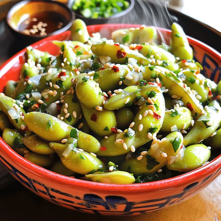 - 2 cups edamame in pods (fresh or frozen) - 3 tablespoons olive oil - 4 cloves garlic, minced - 1 teaspoon red pepper flakes - 2 tablespoons soy sauce - 1 tablespoon sesame oil - 1 teaspoon sesame seeds (optional) - Chopped green onions for garnish - Salt, to taste When I make Spicy Garlic Edamame, I love using fresh edamame. They taste great and are easy to find. If frozen is all you have, that works too! Now, let’s look at what makes this dish not just tasty but also good for you. - Calories per serving: About 200 calories - Key vitamins and minerals: Edamame is rich in protein, fiber, and vitamins A, C, and K. This dish packs a healthy punch. Edamame provides plant protein, making it a great snack. Plus, garlic adds flavor and health benefits. It can boost your immune system and is great for your heart. For the full recipe, check out the details above. To start, you can use either fresh or frozen edamame. If you choose frozen, cook them according to the package instructions. This usually means boiling them for a few minutes until tender. Once cooked, drain the edamame and set them aside. If you're using fresh edamame, boil them in salted water for about 5-6 minutes. This helps them stay tender and flavorful. Next, grab a large skillet and add 3 tablespoons of olive oil. Heat it over medium heat. Once the oil is warm, add 4 cloves of minced garlic. Sauté it for about 1-2 minutes. Keep an eye on the garlic. You want it fragrant but not burnt. Burning garlic can spoil your dish. Now it's time to combine everything. Add your cooked edamame to the skillet with the garlic. Toss them well to coat with the garlic oil. Then, pour in 2 tablespoons of soy sauce and 1 tablespoon of sesame oil. Stir to mix everything evenly. Let it cook for another 2-3 minutes until the edamame are heated through. Taste your dish and sprinkle salt if needed. Finally, transfer it to a serving bowl and garnish with sesame seeds and chopped green onions. For the full recipe, check the section above. To make your spicy garlic edamame just right, you can adjust the heat. Start with one teaspoon of red pepper flakes. If you like it hotter, add more. You can also use other spices like chili powder or cayenne for a different kick. Both can enhance the flavor without overpowering the garlic. Serving your edamame in a bright bowl makes it pop. Choose colors like red or blue to catch the eye. You can sprinkle sesame seeds on top for added crunch. Chopped green onions also make a nice touch. Place a small dish of extra soy sauce on the side for dipping. This adds both style and function to your dish. One mistake is overcooking the garlic. Keep an eye on it, so it stays golden, not brown. Burnt garlic can taste bitter. Another mistake is not using fresh ingredients. Fresh garlic and edamame really boost the flavor. Always check for quality when you shop to make sure your meal shines. {{image_2}} You can change the flavor of your spicy garlic edamame in fun ways. First, try adding citrus zest. A bit of lemon or lime zest adds brightness. This zest brings a fresh taste that makes each bite pop. You can also use different oils, like avocado oil, for a richer flavor. This oil pairs well with garlic and adds a unique twist to the dish. Switching up the sauce can also enhance your edamame. Teriyaki or hoisin sauce gives a sweet touch. This sweetness balances the garlic and spice beautifully. If you enjoy a kick, try spicy mayo as a dip. This adds creaminess and extra heat, making the dish even more exciting. You can easily adapt this recipe for different diets. For a vegan option, stick with soy sauce and avoid any animal products. Most ingredients are already plant-based, making this easy. If you need gluten-free edamame, just use tamari instead of soy sauce. Tamari gives you the same great flavor without gluten. To keep your spicy garlic edamame fresh, store it in an airtight container. It’s best to let the dish cool before sealing. This way, you prevent condensation, which can make your dish soggy. When stored properly, your leftovers can last about 3 to 5 days in the fridge. Just remember to label the container with the date, so you know when to enjoy them. You can reheat your edamame in two main ways: microwave or stovetop. For the microwave, place the edamame in a safe dish, cover it, and heat for about 1-2 minutes. Stir halfway through to make sure it warms evenly. If you prefer the stovetop, heat a little olive oil in a pan over medium heat and add the edamame. Stir until heated through. This method helps keep the texture and flavor intact, ensuring they taste just as great as when you first made them. To cook frozen edamame, follow these steps: 1. Boil Water: Start by boiling a large pot of water. 2. Add Edamame: Once boiling, add the frozen edamame pods. 3. Cook: Let them cook for about 5-7 minutes. They should be tender but not mushy. 4. Drain: Drain the edamame in a colander and set them aside. Cooking frozen edamame is quick and easy. You can use them in many dishes or enjoy them on their own. You cannot eat the edamame pods. Only the beans inside are edible. The pods are tough and not good for eating. When you cook edamame, just pop the beans out of the pods. Enjoy the soft, green beans that are rich in protein and fiber. Edamame is packed with nutrients. Here are some key benefits: - High in Protein: Edamame contains a lot of protein, making it great for plant-based diets. - Rich in Fiber: It helps with digestion and keeps you full longer. - Vitamins and Minerals: Edamame offers vitamins like K and folate, plus minerals like iron and calcium. - Antioxidants: They contain antioxidants that help fight free radicals in the body. Including edamame in your diet can boost your health in many ways. You can find Spicy Garlic Edamame in many Asian restaurants. Look for places that serve Japanese or Chinese food. It's often found as a starter or appetizer. You can also make it at home using the Full Recipe for a tasty treat. Yes, you can make Spicy Garlic Edamame ahead of time. Here are some tips: - Cook and Cool: Prepare the edamame and let them cool completely. - Store: Place them in an airtight container in the fridge. - Reheat: When ready to eat, simply reheat in a skillet or microwave. Making it ahead saves time and makes snack prep easy! In this post, I covered how to make spicy garlic edamame. We discussed the simple ingredients you need and the easy steps to prepare it. Cooking edamame brings out its great taste. Remember, overcooking garlic is a common mistake to avoid. You can customize your dish with spices or different oils. Proper storage ensures your leftovers stay fresh. Embrace the flavors and make this dish your own. Enjoy your cooking adventure with edamame!